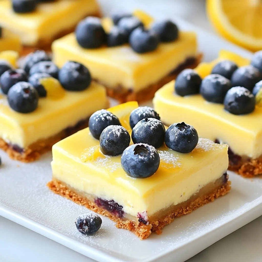 - 1 ½ cups graham cracker crumbs - ½ cup unsalted butter, melted - 2 tablespoons granulated sugar - 16 oz cream cheese, softened - 1 cup granulated sugar - 2 large eggs - 1 teaspoon vanilla extract - Zest of 1 lemon - ¼ cup fresh lemon juice - 1 cup fresh blueberries - 1 tablespoon cornstarch - Powdered sugar for dusting (optional) Gather these ingredients before you start. The graham cracker crumbs make a tasty base. Melt the butter to mix with the crumbs. The sugar helps sweeten the crust and filling. For the filling, cream cheese is key for the rich texture. The eggs add structure and help it set. The lemon zest and juice give a bright flavor. Fresh blueberries add bursts of sweetness. Tossing them with cornstarch helps keep them from sinking. You can dust the bars with powdered sugar for a nice finish. Remember, fresh ingredients make a big difference. {{ingredient_image_1}} Start by preheating your oven to 325°F (160°C). This step is key for even baking. Next, grab a 9x9-inch baking pan. Grease it well, then line it with parchment paper. Let the paper hang over the sides. This makes it easy to pull out the bars later. In a medium bowl, mix 1 ½ cups of graham cracker crumbs, ½ cup of melted unsalted butter, and 2 tablespoons of granulated sugar. Stir until the crumbs are coated. Press this mixture firmly into the bottom of your prepared pan. This layer creates a great base. Bake the crust for 10 minutes, then take it out and let it cool slightly. In a large bowl, beat 16 oz of softened cream cheese with 1 cup of granulated sugar. Use an electric mixer and mix until smooth, about 2 minutes. Add in 2 large eggs, one at a time, mixing well after each. Then, stir in 1 teaspoon of vanilla extract, the zest of 1 lemon, and ¼ cup of fresh lemon juice. Blend until everything is mixed nicely. In a small bowl, toss 1 cup of fresh blueberries with 1 tablespoon of cornstarch. This helps keep the berries from sinking. Gently fold the blueberries into your cheesecake mixture. Be careful not to mash them. Pour the cheesecake filling over the cooled crust. Spread it out evenly. Place the pan back in the oven. Bake for 35 to 40 minutes. You want the center to be set but not cracked. Check it carefully to make sure it’s just right. Once baked, take the pan out and let it cool at room temperature. After it cools, put it in the fridge for at least 3 hours. This helps it set properly. When it's chilled, lift the bars out using the parchment paper. Slice into squares or rectangles. For a nice touch, dust with powdered sugar before serving. Enjoy your delicious lemon blueberry cheesecake bars! To get the best texture for your cheesecake bars, follow these tips: - Use softened cream cheese: Make sure it is at room temperature. This helps it mix smoothly. - Mix gently: When adding blueberries, fold them in gently. This keeps them whole and pretty. - Don’t overmix: Mix just until combined to avoid a dense texture. - Check the baking time: Every oven is different. Start checking at 35 minutes. Here are some common pitfalls and how to steer clear of them: - Too high heat: Baking at too high a temperature makes the top crack. Stick to 325°F. - Skipping the cooling: Letting the bars cool at room temp before chilling helps set them properly. - Forgetting the parchment: Not using parchment paper makes it hard to lift the bars out. Always line your pan. - Slicing too soon: Cut the bars only after they are fully chilled for clean slices. These cheesecake bars are tasty on their own, but here are some fun ideas: - Add fresh fruit: Top the bars with more fresh blueberries or sliced strawberries. - Pair with whipped cream: A dollop of whipped cream makes them extra special. - Drizzle with lemon glaze: A simple glaze of lemon juice and powdered sugar adds a nice touch. - Serve with tea or coffee: These bars pair well with a hot cup of tea or coffee for dessert. Enjoy making your Lemon Blueberry Cheesecake Bars! Pro Tips Use Room Temperature Cream Cheese: Ensure your cream cheese is at room temperature to avoid lumps in your cheesecake filling, resulting in a smoother texture. Don't Overmix: When adding the eggs, mix just until incorporated. Overmixing can introduce too much air, which may cause cracks in your cheesecake. Let It Chill: Allow the bars to chill for at least 3 hours before slicing. This helps them set properly and makes cutting easier. Fresh Blueberries are Best: Use fresh blueberries for the best flavor and texture. Frozen blueberries may release more moisture, affecting the consistency of your bars. {{image_2}} You can change the fruits in these bars to make them your own. Instead of blueberries, try raspberries or strawberries. They add a fun twist. You can also use peaches or cherries for a summer treat. For a tropical flavor, consider adding mango or pineapple. You can mix flavors too! A mix of lemon and lime gives a zesty kick. If you need gluten-free treats, swap the graham cracker crumbs with gluten-free options. Look for gluten-free graham crackers or almond flour as a base. Mix almond flour with melted butter and sugar for a tasty crust. This way, everyone can enjoy these cheesecake bars without worry. Want to make these bars vegan? It’s easy! Replace cream cheese with a vegan cream cheese option. You can also use silken tofu blended until smooth. Instead of eggs, try using flaxseed meal. Mix 1 tablespoon of flaxseed with 2.5 tablespoons of water to replace one egg. This keeps your bars creamy and delicious! To keep your lemon blueberry cheesecake bars fresh, store them in the fridge. First, let them cool completely at room temperature. Then, cover them tightly with plastic wrap or store them in an airtight container. This will help keep them moist and tasty. They will stay fresh in the fridge for about 5 to 7 days. Freezing your cheesecake bars is simple. First, slice the bars into squares. Then, wrap each piece in plastic wrap. Place the wrapped bars in a freezer-safe bag or container. This way, they won't stick together. When you want to enjoy them, take out the bars and let them thaw in the fridge overnight. They will taste almost as good as fresh! Lemon blueberry cheesecake bars can last in the fridge for up to 7 days. If frozen, they can last for up to 3 months. To keep their flavor and texture, avoid leaving them out at room temperature for too long. Always store them properly to enjoy their creamy and tangy goodness! To check if your cheesecake bars are done, look for a few signs. The edges should be slightly puffed. The center will look set, not jiggly. You can gently shake the pan. If it jiggles slightly in the middle, it needs more time. Let them bake for an extra few minutes if needed. Remember, they will firm up as they cool. Yes, you can use frozen blueberries! They work well in this recipe. Just toss them with cornstarch before adding them to the mix. This helps keep them from sinking. Frozen blueberries may release more juice, but they still taste great. You won't lose any flavor, and your bars will still be delicious. If you need a cream cheese substitute, try using Greek yogurt or ricotta cheese. They both add a nice creaminess. You can also use vegan cream cheese for a dairy-free option. Each choice will change the taste slightly, but they will still be tasty. Just make sure to adjust the sweetness as needed. In this post, I shared how to make delicious cheesecake bars with fresh blueberries. We went through the key ingredients, easy steps, and helpful tips to avoid common mistakes. I also provided storage advice and answered your burning questions. These cheesecake bars are a delightful treat, perfect for any occasion. Remember, small tweaks can lead to big flavors. Enjoy experimenting with this recipe and impressing your friends and family!