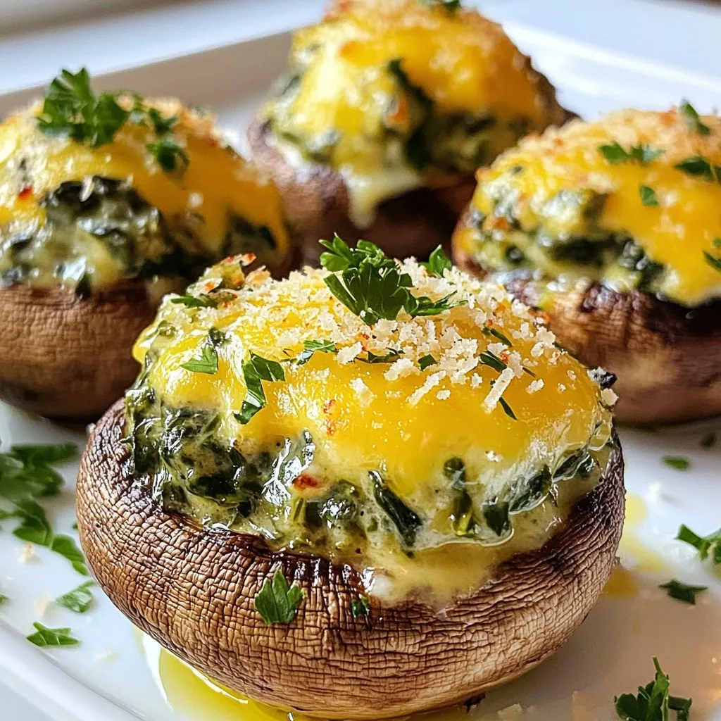 - 12 large white or cremini mushrooms - 1 cup fresh spinach, chopped - 1/2 cup cream cheese, softened - 1/2 cup shredded mozzarella cheese - 1/4 cup grated Parmesan cheese - 2 cloves garlic, minced - 1/4 teaspoon red pepper flakes (optional) - Salt and pepper to taste - 2 tablespoons olive oil - Fresh parsley, chopped (for garnish) Cheesy spinach stuffed mushrooms taste great and are easy to make. You need fresh mushrooms as the base. Large white or cremini mushrooms work well. Each mushroom holds the creamy filling perfectly. Next, we need fresh spinach. It adds a pop of color and nutrients. Chopping it finely helps it blend better with the cheese. For the creamy part, cream cheese is key. It makes the filling rich and smooth. Mozzarella cheese brings a lovely stretch when you bite into the mushrooms. Parmesan cheese adds a salty, nutty flavor. Garlic gives a nice kick to the filling. You can adjust the amount based on your taste. For some heat, add red pepper flakes. This is optional, depending on how spicy you like it. Don't forget salt and pepper for seasoning. Olive oil helps sauté the garlic and spinach. Finally, fresh parsley adds a bright touch when you serve the dish. These ingredients come together to create a treat that is fun to eat. Plus, they look great on a plate! {{ingredient_image_1}} - Preheat the oven to 375°F (190°C). - Clean the mushrooms with a damp cloth. Remove the stems gently and set the caps aside. - Chop the mushroom stems finely and set them aside. - In a skillet, heat 2 tablespoons of olive oil over medium heat. - Add the chopped stems and 2 cloves of minced garlic to the skillet. Cook for about 3-4 minutes until soft. - Add 1 cup of chopped spinach to the skillet. Cook until the spinach wilts, which takes about 2-3 minutes. - In a mixing bowl, combine the sautéed mixture with 1/2 cup of softened cream cheese, 1/2 cup of shredded mozzarella, and 1/4 cup of grated Parmesan. - Optionally, add 1/4 teaspoon of red pepper flakes, along with salt and pepper to taste. - Mix everything well until it is smooth and creamy. - Stuff each mushroom cap generously with the cheesy spinach mixture. - Place the stuffed mushrooms on a baking sheet lined with parchment paper. - Bake them in the preheated oven for 20-25 minutes. Check for doneness; they should be tender and the cheese should be bubbly and golden. Choosing the right mushrooms Pick large white or cremini mushrooms. They hold the filling well. Look for firm caps, no bruises. Fresh mushrooms taste better and add great flavor. Avoiding watery filling To prevent a soggy filling, sauté the mushroom stems and garlic first. This helps to remove excess moisture. Let the spinach wilt well before mixing. Drain any extra liquid from the sautéed veggies. This keeps your filling thick and creamy. Experimenting with herbs and spices Add your favorite herbs for extra taste. Try basil, thyme, or oregano. A pinch of red pepper flakes adds a nice kick. Adjust the amount to match your spice level. Serving suggestions Serve these stuffed mushrooms as an appetizer or side dish. They pair well with salads or pasta. For a fun twist, serve with a dipping sauce, like marinara or aioli. Pro Tips Choose the Right Mushrooms: Opt for large, firm mushrooms to hold the filling well. Cremini mushrooms add a deeper flavor compared to standard white mushrooms. Customize Your Cheese: Feel free to mix in different cheeses like feta or goat cheese for a unique twist on flavor. Pre-Bake for Extra Flavor: Bake the stuffed mushrooms for a few minutes before adding cheese to allow the mushroom caps to release moisture, enhancing the flavor. Make Ahead: Assemble the stuffed mushrooms a few hours in advance and store them in the fridge. Bake them right before serving for a warm, cheesy treat. {{image_2}} You can switch up the cheese for more flavor. Try using feta or goat cheese. Both have a tangy taste that brightens the dish. For a more classic flavor, add shredded cheddar. It melts nicely and adds a creamy texture. You can make these mushrooms even better by adding more veggies. Try sun-dried tomatoes for a sweet taste. They give a nice chew and color. You can also add bell peppers or zucchini. They bring freshness and crunch to every bite. If you need gluten-free options, use gluten-free breadcrumbs in the filling. This keeps the dish safe for everyone. For a vegan twist, swap cream cheese with a plant-based version. Use a vegan cheese blend for that cheesy goodness. To keep your cheesy spinach stuffed mushrooms fresh, start by cooling them completely. Place the mushrooms in an airtight container. They can last in the fridge for about 3 days. If you want to store them longer, consider freezing. To freeze, wrap each mushroom in plastic wrap and place them in a freezer bag. They can stay fresh for up to 2 months this way. When it's time to enjoy your leftovers, the best way to reheat them is in the oven. Preheat your oven to 350°F (175°C). Place the mushrooms on a baking sheet and cover them with foil. This keeps them moist. Heat for about 15 minutes. For crispy tops, remove the foil during the last 5 minutes. This adds a nice crunch to the cheese. Enjoy your tasty mushrooms just like they were fresh from the oven! Cheesy spinach stuffed mushrooms last about 3-5 days in the fridge. Store them in an airtight container to keep them fresh. Make sure they cool completely before sealing. If you want to enjoy them later, don't forget to check for any off smells or textures. Yes, you can make the filling ahead of time. Prepare the mixture of cream cheese, cheeses, spinach, and spices. Store it in the fridge for up to 2 days. When you're ready to cook, stuff the mushrooms and bake them. This saves time when you're ready to serve. Cheesy spinach stuffed mushrooms pair well with many dishes. Try serving them with a fresh salad or roasted vegetables. They also go great as an appetizer with a creamy dip. Feel free to get creative and add your favorite sides. Yes, you can use frozen spinach if fresh spinach is not available. Just make sure to thaw and drain it well before using. Squeeze out any extra water to avoid a soggy filling. This way, your stuffed mushrooms will still taste delicious! Stuffed mushrooms are easy and fun to make. You start with fresh mushrooms and a tasty filling of cream cheese and spinach. Adding different cheeses or vegetables keeps the dish exciting. Store leftovers well and reheat for the best taste. With these tips, your stuffed mushrooms will shine at any meal. Enjoy creating these delicious bites!