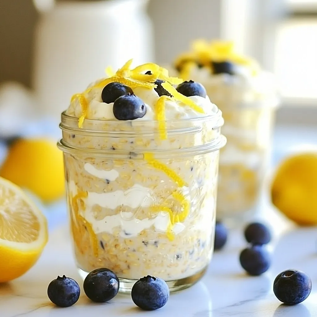 - 1 cup rolled oats - 2 cups almond milk (or any milk of your choice) - 1 tablespoon chia seeds - 2 tablespoons maple syrup (or honey) - Zest and juice of 1 lemon - 1 cup fresh blueberries - 1/2 teaspoon vanilla extract - Pinch of salt - Additional fresh blueberries - Mint sprig - Lemon zest Blueberry Lemon Overnight Oats need simple, fresh ingredients. Rolled oats are the base. They give a hearty texture. Almond milk adds creaminess. Use any milk you like. Chia seeds boost nutrition. They help make the oats creamy. Maple syrup or honey adds sweetness. Lemon zest and juice give a fresh taste. Fresh blueberries bring bursts of flavor. Vanilla extract enhances the overall taste. A pinch of salt balances the sweetness. For toppings, add more blueberries for extra flavor. A mint sprig adds a fresh look. A sprinkle of lemon zest brightens the dish. These ingredients make your breakfast fun and tasty. {{ingredient_image_1}} First, take a medium bowl. Add 1 cup of rolled oats, 1 tablespoon of chia seeds, and a pinch of salt. Mix these dry ingredients well. This step helps to evenly distribute the chia seeds and salt. In a separate bowl, pour in 2 cups of almond milk. Add 2 tablespoons of maple syrup, the zest of 1 lemon, the juice of 1 lemon, and 1/2 teaspoon of vanilla extract. Whisk these ingredients together until they blend smoothly. This mix brings great flavor to your oats. Now, pour the wet mixture over the dry ingredients. Stir gently to combine them. Next, fold in 1 cup of fresh blueberries. Be careful not to crush the berries. You want to keep them whole for the best taste and looks. Divide the mixture into two jars or airtight containers. Seal them tightly and refrigerate for at least 4 hours, or overnight. This allows the oats to soak up the liquid and become soft. In the morning, take out the jars. Give the oats a good stir. If they seem thick, add a splash of milk to loosen them. Before you serve, top with extra blueberries and a sprinkle of lemon zest. This makes your dish look and taste fresh! To get the best texture, play with the milk amount. If you like thicker oats, use less milk. For creamier oats, add more. Stir the oats well before you eat. This helps mix the flavors evenly, making each bite a joy. Blueberry lemon overnight oats are packed with good stuff. They are high in fiber, which helps digestion. Blueberries are full of antioxidants, which fight off bad stuff in your body. Chia seeds add healthy fats and protein, making your breakfast even better. Make more than one serving at a time. You can prepare a few jars for the week. This saves time and keeps you on track with healthy eating. Feel free to switch up the flavors. Add nuts, seeds, or different fruits to keep it fun and tasty. Pro Tips Oat Variety: You can experiment with different types of oats like steel-cut or quick oats, but keep in mind that the texture and soaking time may vary. Sweetness Level: Adjust the sweetness by adding more or less maple syrup or honey according to your taste preferences. Chia Seed Boost: For an extra nutritional boost, consider adding more chia seeds. They help thicken the oats and provide additional fiber. Flavor Variations: Feel free to mix in other fruits such as strawberries or raspberries, or add spices like cinnamon for a unique twist. {{image_2}} You can make your Blueberry Lemon Overnight Oats even better! Try adding nuts or seeds. Almonds, walnuts, and sunflower seeds give a nice crunch. They also add healthy fats. You can also swap out the blueberries for other fruits. Strawberries and raspberries work well. They will change the taste and color, making it fun! If you want a tropical twist, use coconut milk instead of almond milk. It adds a creamy texture and a hint of sweetness. For those who avoid honey, try maple syrup or agave nectar. These options keep your oats sweet and delicious without losing flavor. You can change the oats with the seasons! In fall, add pumpkin puree for a warm flavor. Mix in spices like cinnamon and nutmeg to enhance the taste. These flavors make the oats cozy and comforting, great for chilly mornings. To keep your blueberry lemon overnight oats fresh, use airtight containers. This helps stop air from getting in and keeps the oats tasty. I like to refrigerate them for up to 5 days. Just remember to give them a stir before enjoying. If the oats seem thick, add a splash more milk. Can overnight oats be frozen? Yes, you can freeze your overnight oats! Just place them in a freezer-safe container. Make sure to leave some space at the top for expansion. How to thaw for best results? To thaw, move the container to the fridge the night before. This keeps the oats creamy. You can also warm them in the microwave for a quick breakfast. Just add a little milk, stir, and enjoy! Yes, you can easily make this recipe gluten-free. Use certified gluten-free rolled oats. These oats are made in a facility free from gluten. This way, you can enjoy your overnight oats without worry. Overnight oats stay fresh in the fridge for up to five days. They will keep their flavor and texture if stored in airtight containers. Check for any off smells or changes in texture before eating. Yes, you can heat up overnight oats if you prefer them warm. Pour the oats into a microwave-safe bowl and heat in short bursts. Stir between each burst to check the temperature. Add a splash of milk to keep them moist. Overnight oats are a healthy choice for breakfast. They are high in fiber, which is good for digestion. Blueberries add antioxidants, and chia seeds give extra protein. This meal is filling and keeps you energized all morning. This article shares how to make delicious Blueberry Lemon Overnight Oats. We covered key ingredients, step-by-step prep, and tips for the best texture. You also learned about fun variations and storage tips. These oats are a quick, healthy breakfast choice. Try different flavors to keep breakfast exciting. Enjoy your homemade overnight oats, knowing they are good for you and easy to make each week.