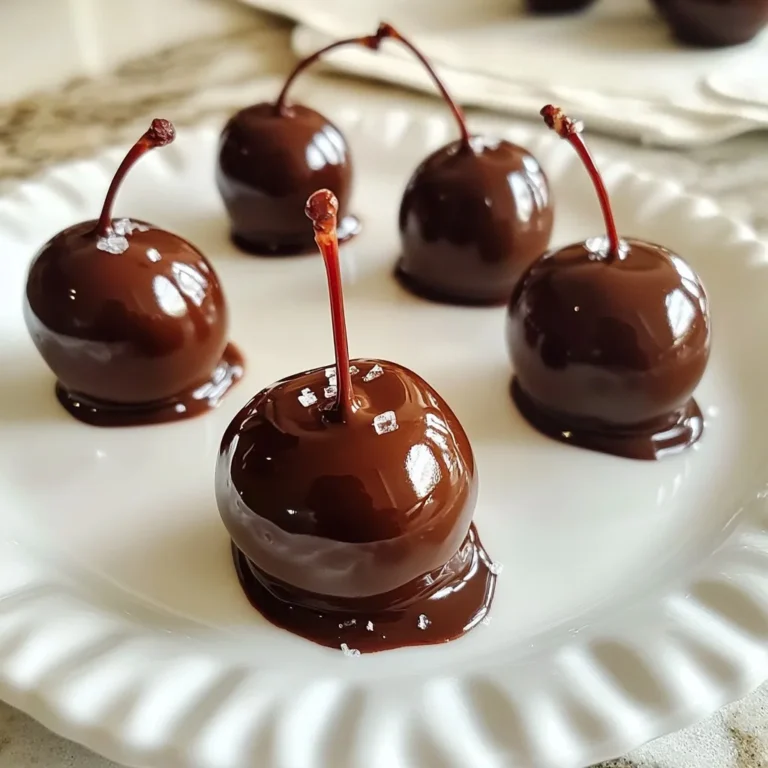 - 1 jar maraschino cherries (12-15 cherries) - 1 cup granulated sugar - 1 tablespoon corn syrup - 2 tablespoons water - 1 teaspoon vanilla extract - 1 cup semisweet chocolate chips - 2 tablespoons coconut oil (optional, for smoother chocolate) - Sea salt for garnish - Additional flavoring options To make chocolate-covered cherry cordials, you'll need a few tasty items. First, grab a jar of maraschino cherries. This jar usually has about 12 to 15 cherries. Next, you need sugar, corn syrup, and water. These will help create a sweet syrup. Don't forget the vanilla extract for extra flavor! For the chocolate coating, use semisweet chocolate chips. If you want smoother chocolate, add some coconut oil. This oil makes the chocolate melt nicely. For a fun touch, you can sprinkle sea salt on top of your finished cherries. You might also think about adding other flavoring options, like almond or orange extract, to change things up. {{ingredient_image_1}} To start, you need to dry the maraschino cherries well. Use paper towels to pat them dry. This step is key. If they are too wet, the syrup will not stick. Next, let's make the sugar syrup. In a medium saucepan, mix together 1 cup of granulated sugar, 1 tablespoon of corn syrup, and 2 tablespoons of water. Heat over medium until the sugar dissolves. Bring the mix to a gentle boil. Once it boils, lower the heat. Stir for 2-3 minutes until it thickens. Remove it from heat and add 1 teaspoon of vanilla extract. This will add great flavor to your cherries! Now, it’s time to coat the cherries. Let the syrup cool a bit. Take one cherry and dip it into the syrup. Make sure it is well-coated. Place it on wax paper to cool and harden. Repeat this for all cherries. While the cherries dry, melt 1 cup of semisweet chocolate chips. Do this in a microwave-safe bowl. Heat in 30-second intervals, stirring each time. If you want smoother chocolate, add 2 tablespoons of coconut oil. This is optional but helps a lot! Once the syrup on the cherries has hardened, dip each syrup-covered cherry into the melted chocolate. Make sure each cherry is fully covered. Let any extra chocolate drip off before placing them back on the wax paper. If you like, sprinkle a tiny pinch of sea salt on top. This adds a nice touch! Finally, chill the chocolate-covered cherries in the fridge for 30 minutes. This will help the chocolate set nicely. Enjoy your sweet treat! To make your chocolate coating smooth, consider using coconut oil. Adding just a bit of coconut oil to your melted chocolate helps it glide easily over the cherries. This makes the chocolate shiny and nice to eat. To avoid excess moisture in your cherries, dry them well with paper towels. This is key. If cherries are wet, the syrup won’t stick. You want a good coating to hold the chocolate. When it comes to serving, arrange the chocolate-covered cherries on a nice plate. You can drizzle any leftover chocolate over them for a fancy touch. This adds flair and makes them look special. If you plan to gift these treats, use a small candy box. Line it with parchment paper to keep the cherries safe. A little note or ribbon can make the gift even sweeter. Pro Tips Choose Quality Cherries: Opt for high-quality maraschino cherries to enhance the flavor of your cordials. Look for those that are bright red and have a firm texture for the best results. Perfect Chocolate Melting: When melting chocolate, do it in short bursts and stir often to prevent burning. Adding coconut oil can help achieve a glossy finish and smoother texture. Let Them Cool: Ensure the syrup-coated cherries are completely cooled and hardened before dipping them in chocolate. This helps the chocolate adhere better and prevents it from sliding off. Garnish Wisely: A sprinkle of sea salt not only adds a beautiful finishing touch but also enhances the chocolate flavor. Use it sparingly to avoid overpowering the sweetness. {{image_2}} You can add fun flavors to your chocolate-covered cherry cordials by using liqueurs or extracts. A splash of almond extract gives a nutty warmth. Try a hint of orange liqueur for a fresh twist. Vanilla extract is a classic that always works. Using different types of chocolate also makes a big difference. You can use dark chocolate for a rich taste. If you want something sweeter, white chocolate is perfect. Mix and match to find your favorite flavor! Don't be afraid to experiment with fillings! You can try different fruits like strawberries or raspberries. Chopped nuts can add a nice crunch. Go wild and create a cream-filled version. Simply whip some cream cheese with sugar and vanilla for a tasty filling. These variations let you customize every bite. Each option offers a new taste experience. Enjoy experimenting with flavors and fillings! To keep your chocolate-covered cherry cordials fresh, use an airtight container. Glass or plastic containers work well. If you stack them, place parchment paper between layers. This prevents sticking. Store the cherries in the refrigerator. They stay fresh longer when chilled. If you prefer room temperature, store them in a cool, dry place. However, they may not last as long at room temperature. Chocolate-covered cherry cordials usually last about two weeks in the fridge. After this time, they can lose their taste and texture. Look for signs of spoilage, such as: - Changes in texture or coating. - A sour smell or taste. - A sticky surface. If you notice any of these signs, it’s best to toss them out. Enjoy your sweet treats while they’re fresh! How do you prevent chocolate from cracking on the cherry? To stop cracking, ensure the cherries are dry. Any moisture can cause problems. After dipping in syrup, let the cherries cool completely. A smooth chocolate mix helps too. You can add coconut oil to the chocolate to keep it creamy and help it stick better. Can you freeze chocolate-covered cherries? Yes, you can freeze them. Just make sure they are in an airtight container. They will last longer this way. However, the texture may change after thawing. The chocolate might lose its snap, but they will still taste great. Where to buy chocolate-covered cherry cordials? You can find these treats at many grocery stores. Check the candy aisle or the specialty section. Online shops also sell them. Look for local candy shops, as they may offer fresh, handmade options. What brands offer the best quality? Some top brands are See’s Candies and Russell Stover. They make tasty chocolate-covered cherries. Look for brands that use real chocolate and natural ingredients for the best flavor. Always read the labels to ensure quality. In this post, we explored making chocolate-covered cherries step by step. We started with the main ingredients, like maraschino cherries and chocolate. Next, I shared ways to prepare, dip, and chill your cherries. Tips helped perfect the coating and present your treats beautifully. I also offered fun flavor variations and storage advice. Now you can create tasty chocolate-covered cherries at home. Enjoy experimenting with flavors and impressing your friends!