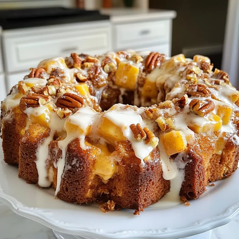 To make the best Cinnamon Roll Monkey Bread, gather these essential ingredients: - 3 cans refrigerated cinnamon rolls (12 oz each) - 1 cup brown sugar, packed - 1/2 cup granulated sugar - 1 tablespoon ground cinnamon - 1/2 cup unsalted butter, melted - 1/2 cup chopped pecans or walnuts (optional) - 1/2 cup cream cheese frosting (from the cinnamon roll cans) These ingredients create a sweet and gooey treat. The refrigerated cinnamon rolls are the star of the show. They make this recipe easy and fun. The brown sugar and granulated sugar add sweetness, while the ground cinnamon gives that classic flavor. Melted unsalted butter helps coat the dough pieces. It adds richness and helps the sugar stick. If you like a little crunch, use chopped pecans or walnuts. They add a nice texture. Finally, the cream cheese frosting drizzled on top makes it all come together. With these ingredients, you set the stage for a warm and delicious dessert. Embrace your inner baker and let these simple items shine in your kitchen! {{ingredient_image_1}} 1. Preheat your oven to 350°F (175°C). Grease a bundt pan well with cooking spray or butter. This helps the monkey bread come out easily. 2. Open all three cans of cinnamon rolls. Cut each roll into quarters. This step makes them easy to coat and layer. 3. In a mixing bowl, combine 1/2 cup granulated sugar with 1 tablespoon ground cinnamon. Mix well until they are fully combined. This will be your cinnamon sugar. 1. Take each quartered cinnamon roll and dunk it in the melted butter. Let the excess butter drip off. 2. Roll each piece in the cinnamon sugar mixture until it is fully coated. This adds great flavor. 3. Layer half of the coated cinnamon roll pieces in the greased bundt pan. If you want, sprinkle 1/2 cup chopped pecans or walnuts on top. Then add the remaining coated pieces on top of the first layer. 1. In a small saucepan, melt 1 cup of brown sugar with the remaining melted butter. Stir until the mixture is smooth. This forms a sweet sauce. 2. Pour the brown sugar mixture evenly over the cinnamon roll pieces in the bundt pan. This will help them get gooey and sweet. 3. Bake in the preheated oven for 30-35 minutes. Watch for golden brown edges and a cooked center. 4. Once done, remove the pan from the oven and let it cool for about 10 minutes. 5. Carefully invert the bundt pan onto a serving plate. This will let your monkey bread fall out nicely. 6. Drizzle the cream cheese frosting over the warm monkey bread. It will melt slightly and add a sweet touch. 7. Pull apart the warm chunks and serve immediately. Enjoy the sweet, cinnamon goodness! To get the best texture in your monkey bread, even baking is key. Make sure your oven is preheated to 350°F. This helps the entire dish bake evenly. For fluffy layers, cut the cinnamon rolls into quarters. This allows more surface area for the butter and sugar mix to coat each piece. Layer the pieces gently in the bundt pan. Don't pack them too tight, or they will not rise well. You can add extra spices for more flavor. Try a pinch of nutmeg or allspice for a warm twist. If you want a nutty crunch, use pecans or walnuts. If nuts are not your thing, you can skip them altogether. Diced apples or chocolate chips can work as tasty alternatives. To melt and drizzle the frosting perfectly, place it in a microwave-safe bowl. Heat it for about 10 seconds, then stir. If it needs more time, heat it in 5-second bursts. Using homemade frosting can make it even better. Mix cream cheese with a bit of powdered sugar and vanilla. This gives you a fresh taste that pairs well with the warm monkey bread. Pro Tips Use Fresh Ingredients: Always use fresh cinnamon rolls for the best flavor and texture in your monkey bread. Outdated rolls may not rise properly and can affect the final outcome. Customize Your Nuts: Feel free to substitute or mix different types of nuts such as almonds or hazelnuts for a unique twist. Toasting the nuts beforehand enhances their flavor. Monitor Baking Time: Ovens can vary, so check for doneness a few minutes before the recommended time. The edges should be golden brown, and a toothpick inserted in the center should come out clean. Serve Warm: For the best experience, serve the monkey bread warm right after drizzling with frosting. This allows the flavors to meld beautifully and gives a delightful gooey texture. {{image_2}} You can switch up the flavors in your cinnamon roll monkey bread. Here are two fun ideas: - Chocolate chip cinnamon roll monkey bread: Add chocolate chips to the mix. After coating the cinnamon roll pieces, layer them with chocolate chips for a gooey surprise. - Apple cinnamon twist: Mix in some diced apples with a hint of nutmeg. This gives the bread a fresh, fruity flavor. If you have dietary needs, you can still enjoy this treat. - Gluten-free cinnamon roll options: Look for gluten-free cinnamon rolls at your store. They work just as well. Just follow the same steps in the recipe. - Vegan alternatives: Use plant-based butter and dairy-free frosting. Check if the cinnamon rolls are vegan-friendly. Serving your monkey bread can be fun and creative. - Creative ways to serve monkey bread: Try serving it in the bundt pan for a fun look. You can also place it on a big platter. Let your guests pull apart their pieces! - Pairing with beverages: This bread goes great with coffee or hot chocolate. A cold glass of milk also makes a perfect match. To keep your cinnamon roll monkey bread fresh, place leftovers in an airtight container. This helps prevent drying out. If you have no container, wrap it tightly in plastic wrap. Store it in the fridge for up to three days. If you want to keep it longer, consider freezing it. To reheat monkey bread without losing moisture, the oven works best. Preheat your oven to 350°F (175°C). Place the monkey bread in a baking dish and cover it with foil. Heat for about 10-15 minutes until warm. If you use a microwave, heat in short bursts of 15-20 seconds. This method can dry it out if you heat too long. You can freeze monkey bread for later use. To do this, let it cool completely first. Wrap it tightly in plastic wrap and then in aluminum foil. This prevents freezer burn. You can freeze it for up to three months. When you’re ready to eat, thaw it overnight in the fridge. Reheat it in the oven for the best texture. Can I make this ahead of time? Yes, you can prepare the monkey bread the night before. Just follow the steps up to layering in the bundt pan. Cover it tightly and store it in the fridge. Bake it the next day for a fresh treat. Is it possible to use homemade cinnamon rolls? Absolutely! Using homemade cinnamon rolls adds a unique touch. Just make sure they are similar in size to store-bought rolls for even baking. What can I do if I don’t have a bundt pan? If you lack a bundt pan, you can use a regular round cake pan. Just adjust the baking time. Check for doneness by inserting a toothpick in the center. Why did my monkey bread turn out soggy? A soggy monkey bread usually happens from too much butter or not baking long enough. Ensure you measure the butter and check for browning before removing it from the oven. How to prevent burnt edges while baking To avoid burnt edges, cover the bundt pan with aluminum foil for the first half of baking. This helps keep the heat even, preventing the edges from burning. What to serve alongside monkey bread? Cinnamon roll monkey bread pairs well with fresh fruit or a side of yogurt. These options add a light touch to the sweet bread. Ideas for breakfast and dessert pairings For breakfast, serve with a warm cup of coffee or chai tea. As a dessert, try it with vanilla ice cream or whipped cream for a sweet finish. This recipe for cinnamon roll monkey bread is simple and fun. You learned about essential ingredients and step-by-step instructions to make it easy. With great tips on texture and flavor, I hope you feel confident to try new variations. Remember, you can store leftovers or freeze them for later. Enjoying this dish with family or friends makes it even better. Get ready to impress everyone with this tasty treat!