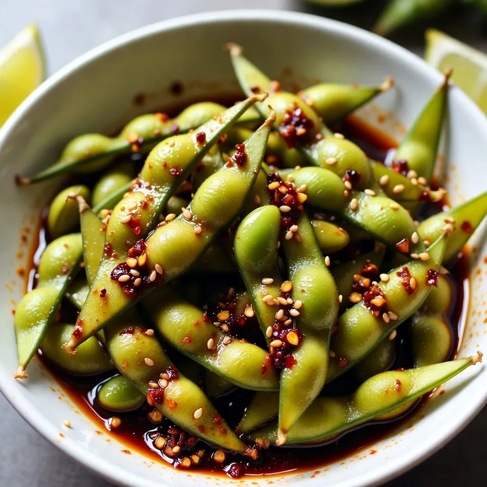 - 2 cups edamame in pods - 4 cloves garlic, minced - 1 tablespoon chili oil - 1 tablespoon soy sauce - 1 tablespoon sesame oil - 1 teaspoon red pepper flakes - 1 teaspoon fresh lime juice - Salt to taste - Sesame seeds (for garnish) To make spicy garlic edamame, you need a few simple yet tasty ingredients. First, choose fresh edamame pods. They add a nice texture and taste. You will need garlic for that strong flavor. Use four cloves, minced well. Then, grab chili oil to bring the heat. Soy sauce adds umami, while sesame oil gives it a rich finish. Red pepper flakes add extra spice, so use one teaspoon. A splash of fresh lime juice brightens the dish. Finally, season with salt to your liking. Don’t forget sesame seeds for a nice touch on top! This mix of flavors makes spicy garlic edamame a standout dish. You'll enjoy the bold flavors and the crunch of the edamame pods. Perfect for sharing or enjoying all by yourself! {{ingredient_image_1}} 1. Boil edamame pods in salted water. Fill a large pot with water and add a generous pinch of salt. Bring the water to a boil. Once boiling, add 2 cups of edamame pods. Cook for about 5-6 minutes until they are tender yet firm. 2. Drain and rinse under cold water. After cooking, drain the edamame in a colander. Rinse them under cold water to stop the cooking process. This keeps the bright green color and firm texture. 1. Heat chili oil and sauté garlic. In a large skillet, warm 1 tablespoon of chili oil over medium heat. Add 4 cloves of minced garlic. Sauté for about 1 minute, until the garlic smells great but is not browned. 2. Add edamame and coat with garlic and oil. Toss the cooked edamame pods into the skillet. Stir them well to coat with the garlic and chili oil mixture. 3. Stir in soy sauce and sesame oil. Pour in 1 tablespoon of soy sauce and 1 tablespoon of sesame oil. Mix everything together until the edamame is well-coated. 4. Add red pepper flakes and lime juice. Sprinkle 1 teaspoon of red pepper flakes over the edamame. Squeeze in 1 teaspoon of fresh lime juice. Toss the mixture for another minute to blend the flavors. 5. Season with salt before serving. Taste your spicy garlic edamame and add salt as needed. Give it a final toss to ensure all the flavors are even. 6. Transfer to a serving bowl and garnish. Move the spicy garlic edamame to a nice serving bowl. Sprinkle sesame seeds on top for a crunchy finish before serving. To cook edamame pods properly, start with salted boiling water. This adds flavor. Cook the pods for about 5-6 minutes. They should be tender but still firm. After cooking, drain the pods and rinse them under cold water. This step stops the cooking. It helps keep the bright green color and a nice crunch. You can use different oils to change the flavor. Try using olive oil or peanut oil for a twist. You can also add more spices like cayenne pepper for extra heat. Adjust the spice level to your taste. If you prefer milder flavors, use less red pepper flakes. You can always add more later! For sautéing, a large skillet works best. A non-stick skillet prevents sticking and makes cleanup easy. Have a good spatula on hand, too. It helps you mix the edamame well without breaking the pods. A colander is also useful for draining and rinsing the edamame quickly. These tools make the cooking process smooth and enjoyable. Pro Tips Use Fresh Edamame: For the best flavor and texture, opt for fresh or frozen edamame in pods rather than canned. They provide a delightful crunch. Adjust the Heat: If you prefer a milder dish, reduce the amount of red pepper flakes or omit them. You can always add more heat later! Serve with Dipping Sauce: Enhance your dish by serving it with a side of soy sauce or a spicy dipping sauce for extra flavor. Garnish Creatively: Experiment with different garnishes like chopped green onions or cilantro for added freshness and color. {{image_2}} You can easily swap some ingredients in this recipe. If you need gluten-free options, use tamari instead of soy sauce. Tamari offers a similar taste without gluten. For oils, you can try using avocado oil or canola oil. Each oil brings a unique taste. Avocado oil adds a buttery flavor, while canola oil is neutral and light. Spicy garlic edamame pairs well with rice or noodles. Serve it on a bed of jasmine rice for a filling meal. You can also toss it with your favorite noodles for a fun dish. This dish works great as an appetizer or side. It brings a burst of flavor to any meal. Serve it at parties or family dinners; your guests will love it. If you follow a vegan or vegetarian diet, this dish is perfect for you. All ingredients fit well into plant-based eating. For those watching their sodium intake, try using low-sodium soy sauce. This small change keeps the flavor but reduces salt. Adjust the salt to taste after cooking, and enjoy a healthier dish. To keep your spicy garlic edamame fresh, store leftovers in an airtight container. Place the container in the fridge. Make sure to eat them within three days for the best taste. If you leave them out, they can spoil quickly. Always let them cool to room temperature before sealing. Reheat your edamame in a skillet over medium heat. Add a splash of water or oil to help steam them. Stir frequently for about three to five minutes. You can also use a microwave. Place them in a bowl, cover with a damp paper towel, and heat in short bursts, about 30 seconds at a time. Stir between each burst until hot. Yes, you can freeze edamame! First, blanch the pods in boiling water for two minutes. Then, quickly cool them in ice water. Drain and pat them dry. Place them in a freezer bag, squeezing out as much air as possible. They will keep well for up to six months. When ready to use, thaw in the fridge overnight. It takes about 5-6 minutes to cook edamame pods. Bring a pot of salted water to a boil, then add the pods. Once they are tender but still firm, drain them. Rinse with cold water to stop cooking. This method keeps them bright green and crunchy. Yes, you can use frozen edamame for this recipe. Just add them directly to boiling water without thawing. Frozen edamame cooks quickly, usually in about 4-5 minutes. This is a great time saver and still gives you tasty results. Edamame is a healthy snack packed with protein and fiber. It is low in calories, making it great for weight management. Edamame is also rich in vitamins and minerals, such as vitamin K and folate. Eating edamame can support heart health and bone strength. The spice level in Spicy Garlic Edamame can be adjusted to your taste. The red pepper flakes add a nice kick, but you can add more or less based on what you prefer. Typically, this dish is mildly spicy but very flavorful. Enjoying it can be a fun way to explore your spice tolerance! This blog post covers how to make Spicy Garlic Edamame. We discussed the ingredients, from edamame to spices. You learned the preparation steps for perfect cooking. Tips on enhancements and kitchen tools help boost flavor too. We highlighted variations for different diets and how to store leftovers. In conclusion, this dish is tasty and easy to make. Try it as a snack or side. Enjoy exploring flavors and sharing them with friends. Your edamame adventure starts now!