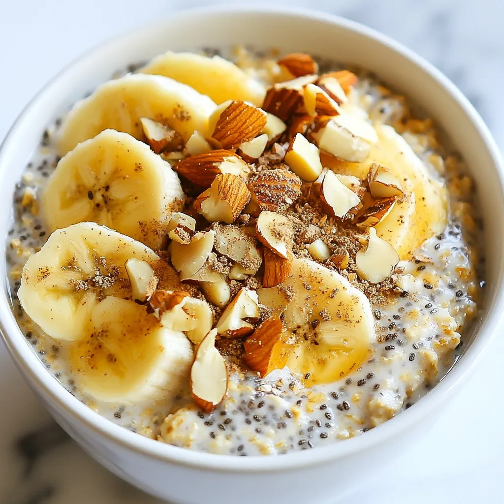 To make chai spice overnight oats, gather these key ingredients: - 1 cup rolled oats - 1 cup almond milk (or your preferred milk) - 1 tablespoon chia seeds - 1 tablespoon maple syrup (or honey) - 1 teaspoon vanilla extract - 1 teaspoon ground cinnamon - 1/2 teaspoon ground ginger - 1/4 teaspoon ground cardamom - 1/4 teaspoon ground nutmeg - Pinch of black pepper - 1/2 cup plain Greek yogurt (optional for creaminess) - Fresh fruit for topping (like sliced bananas, apples, or berries) - Chopped nuts or seeds for crunch You can use different types of milk in this recipe. Almond milk is a great choice. If you prefer dairy, try whole milk or skim milk. Oat milk or soy milk also works well for a creamy texture. Simply swap in what you like best! Want to spice things up? Add a pinch of cloves for warmth. You can also mix in some cocoa powder for a chocolate twist. If you like a sweeter taste, try adding more maple syrup or honey. Fresh herbs like mint can add a refreshing kick. Feel free to get creative! {{ingredient_image_1}} Start by taking a mixing bowl. Add 1 cup of rolled oats into the bowl. Pour in 1 cup of almond milk. If you like, you can use any milk you prefer. Next, add 1 tablespoon of chia seeds. This gives your oats a nice texture. Then, drizzle in 1 tablespoon of maple syrup or honey for sweetness. Finally, add 1 teaspoon of vanilla extract to enhance the flavor. Stir all these ingredients well. Make sure everything is mixed evenly. Now it’s time to add the spices. Sprinkle in 1 teaspoon of ground cinnamon. Then, add 1/2 teaspoon of ground ginger and 1/4 teaspoon of ground cardamom. Don’t forget to add 1/4 teaspoon of ground nutmeg. A pinch of black pepper adds an extra kick. Mix it all together until the spices blend into the oat mixture. This step makes your oats truly chai-flavored and aromatic. Once your oat mixture is ready, transfer it into a mason jar or any airtight container. Seal it with a lid to keep the flavors fresh. Place the jar in the refrigerator. Let it chill overnight, or at least for 4 hours. This allows the oats to soak up the milk and spices. In the morning, give the oats a good stir. If they seem thick, add a splash of almond milk. Top with fresh fruit and your choice of nuts for crunch. Enjoy your delicious chai spice overnight oats! To get the best texture for your chai spice overnight oats, use rolled oats. They soak up liquid well and stay chewy. Chia seeds add a nice thickness. They also give a slight crunch, making each bite fun. If the oats feel too thick in the morning, stir in a little more almond milk. This will make them creamy and smooth. You can adjust the sweetness to your taste. Start with one tablespoon of maple syrup or honey. If you like it sweeter, add more after mixing. Remember, fresh fruit on top also brings natural sweetness. So, taste your oats before serving to find the right balance. Serving your oats can be a fun part! Use clear jars or bowls to show off the layers. Add a sprinkle of cinnamon on top for a nice touch. Fresh fruit, like sliced bananas or berries, can make your dish pop with color. Chopped nuts or seeds also add crunch. These little details make your oats look great and taste even better! Pro Tips Use Steel-Cut Oats for Texture: If you prefer a heartier texture, consider using steel-cut oats instead of rolled oats. Just be sure to adjust the soaking time as they require longer to soften. Experiment with Milks: While almond milk is delicious, try using coconut milk or oat milk for a different flavor profile. Each type of milk can drastically change the taste of your overnight oats. Add Protein: For an extra protein boost, include a scoop of your favorite protein powder when mixing the ingredients or increase the amount of Greek yogurt. Customize Your Toppings: Get creative with your toppings! Adding a drizzle of nut butter, a sprinkle of granola, or even a dollop of yogurt can enhance both the flavor and texture of your oats. {{image_2}} You can easily make this recipe vegan. Swap the Greek yogurt for a plant-based yogurt. You can also use maple syrup instead of honey. Choose almond milk or any plant milk you like. This way, you keep the tasty flavor while making it dairy-free. Feel free to get creative with flavors. You can add cocoa powder to make chocolate chai oats. For a fruity twist, mix in mashed bananas or pureed pumpkin. You can also try adding a splash of almond extract for a nutty taste. Each new flavor brings a fun surprise! Toppings can change how your oats taste and look. Fresh fruits like berries, bananas, or apples add sweetness and color. Chopped nuts or seeds give a nice crunch. You can also sprinkle extra cinnamon or a drizzle of maple syrup for a sweet touch. Get creative with your toppings for a unique bite every time! After making your chai spice overnight oats, store them in a mason jar or airtight container. This keeps them fresh and tasty. Always refrigerate the oats right away. They will last well in the fridge for up to five days. If you make a big batch, it’s best to keep individual servings in separate jars. This way, you grab one easily for breakfast. You can freeze these oats if you want to save them for later. First, pour the oats into freezer-safe containers. Leave some space at the top since they expand when frozen. Seal the containers tightly. They can stay in the freezer for up to three months. When you want to eat them, let them thaw in the fridge overnight. Then, stir in a splash of milk or yogurt for creaminess. Chai spice overnight oats are great for meal prep. They taste best when eaten within five days, but they can last longer if stored well. If you notice any changes in smell or texture, it’s best to toss them out. You can also add fresh toppings right before eating. This keeps them crunchy and fresh. Enjoy them cold or warm; both ways are delicious! Yes, you can use quick oats. However, they will make your oats softer. Rolled oats give a better texture and chew. If you want a heartier bite, stick with rolled oats. Quick oats are fine if you prefer a smoother mix. Overnight oats can last for up to five days in the fridge. Make sure to store them in an airtight container. If you add fresh fruit, eat quickly to avoid spoilage. If you keep toppings separate, they stay fresh longer. You can top your oats with many tasty options. Fresh fruit like bananas, apples, or berries works well. Nuts or seeds add crunch. For extra sweetness, drizzle some honey or maple syrup on top. Yes, warming up chai spice overnight oats is easy. Just transfer them to a microwave-safe bowl. Heat for about 30 seconds, stir, and check the temperature. If needed, heat for a few more seconds. Enjoy them warm for a cozy breakfast! In this blog post, we explored how to make delicious overnight oats. We covered core ingredients, milk substitutions, and extra flavor options. You learned step-by-step instructions for prepping the oat mixture and adding spices. We also shared tips for texture, sweetness, and presentation. Variations for vegan options and ways to customize toppings were included. Lastly, we discussed the best storage practices and answered common questions. Now, you can enjoy overnight oats your way, tailored to your taste and needs.
