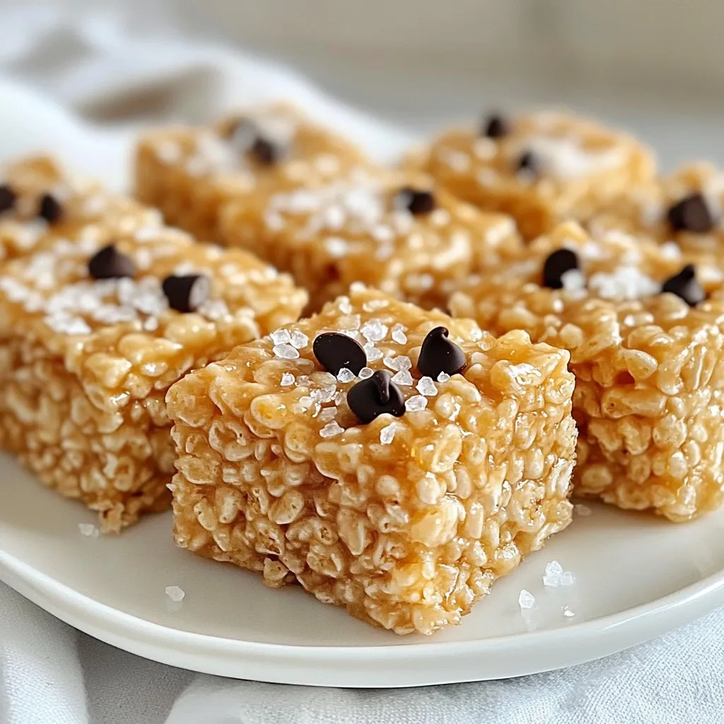 - 4 tablespoons unsalted butter - 1 package (10 oz) mini marshmallows - 6 cups Rice Krispies cereal - 1 teaspoon vanilla extract - 1/4 teaspoon sea salt - 1/2 cup dark chocolate chips (optional) Gather these simple ingredients before you start. You have butter, marshmallows, and Rice Krispies. Each one plays a key role in making your treats taste great. The unsalted butter gives a rich flavor. The mini marshmallows add sweetness and stickiness, while Rice Krispies provide that perfect crunch. Don't forget the sea salt! It balances the sweetness. The vanilla extract adds a warm note. If you want some extra fun, dark chocolate chips are a great choice. They melt nicely and add a layer of rich chocolate flavor. You can mix those in or sprinkle them on top for a tasty treat. With these ingredients ready, you can create a sweet snack everyone will enjoy! {{ingredient_image_1}} Start by heating 4 tablespoons of unsalted butter in a large saucepan over medium heat. Keep stirring as the butter melts and begins to foam. This should take about 2-3 minutes. Watch closely as the color changes to a golden brown. You will also notice a rich, nutty aroma. This is the perfect moment to remove the pan from heat to avoid burning. Next, add a package of 10 oz mini marshmallows into the browned butter. Stir continuously until the marshmallows melt completely. This should take another 2-3 minutes. Once smooth, mix in 1 teaspoon of vanilla extract and 1/4 teaspoon of sea salt. Both will enhance the flavor. Now, it’s time to add 6 cups of Rice Krispies cereal. Gradually fold the cereal into the melted marshmallow mixture. Be gentle to keep the cereal crispy. If you want a chocolate twist, fold in 1/2 cup of dark chocolate chips at this stage. They will melt slightly and add more flavor. Lightly grease a 9x13 inch baking dish with non-stick spray or butter. Pour the mixture into the dish. Use wax paper or greased hands to gently press the mixture down. Aim for an even distribution and a flat surface. Let the treats set for at least 30 minutes at room temperature. Once firm, cut them into squares or rectangles. To make great brown butter, watch for key signs. You want the butter to foam up and turn a lovely golden brown. This change usually takes about 5 to 7 minutes. The smell should be nutty and warm. If it starts to smell burnt, you need to act fast. Remove the pan from heat to stop the cooking. To avoid burning the butter, stir it often. Use a light-colored pan to see the color change better. If you notice dark bits forming at the bottom, it’s time to take it off the heat. Brown butter adds a rich flavor, so getting it right is vital. Presentation matters! Serve your Rice Krispie treats on a colorful plate or a rustic wooden board. This makes them look more inviting. You can drizzle melted chocolate over the top. A sprinkle of sea salt adds a nice touch too. For extra flavor, think about adding toppings. Chopped nuts or dried fruit can add crunch and sweetness. You could also try using peanut butter chips or white chocolate chips for a fun twist. The options are endless, so feel free to get creative! Pro Tips Perfecting Brown Butter: Make sure to keep a close eye on the butter as it browns; it can go from perfect to burnt very quickly. Stir constantly to achieve an even color and nutty aroma. Marshmallow Melting: For an extra smooth mixture, use low heat when melting the marshmallows. This will help prevent them from becoming too sticky and clumpy. Pressing the Mixture: Use a piece of greased wax paper to press the Rice Krispie mixture down firmly in the baking dish. This will help create a more uniform texture and prevent sticking. Storage Tips: Store the treats in an airtight container at room temperature. They will stay fresh for up to a week, but they are best enjoyed within the first few days! {{image_2}} You can easily change the taste of your Brown Butter Rice Krispie Treats. Adding different types of chips can bring new flavors. For a sweet twist, try white chocolate chips. If you want a nutty flavor, peanut butter chips work well. You can also mix in nuts for crunch. Chopped pecans or walnuts add great texture. Dried fruits, like cranberries or raisins, can add a bit of zest. Just toss in about a half cup of your choice when mixing the Rice Krispies. If you need to make the treats gluten-free, switch to certified gluten-free Rice Krispies. Many brands now offer this option, so check the label. For a vegan version, replace the butter with coconut oil or vegan butter. Use dairy-free marshmallows instead of regular ones. This way, you can enjoy these treats without dairy or gluten. Both options keep the treats tasty and fun for everyone. To keep your treats fresh, store them in an airtight container. This will keep them soft and chewy. Place a piece of wax paper between layers if you stack them. This prevents them from sticking together. You can store them at room temperature for up to three days. If they last longer, they may become hard. For long-term storage, freeze your Brown Butter Rice Krispie Treats. Wrap each treat in plastic wrap. Then put them in a freezer bag. This protects them from freezer burn. You can freeze them for up to three months. When you’re ready to enjoy, take them out and let them thaw at room temperature. You can also warm them in the microwave for about 10-15 seconds. This restores their soft texture. Enjoy your treats any time! Yes, you can use regular butter, but unsalted butter is best. Unsalted butter gives you control over salt. This way, you can add just the right amount. It also lets the brown butter flavor shine through without extra salt. Plus, the taste is richer and more balanced. To make your Rice Krispie treats less sticky, try these tips: - Lightly grease your hands before mixing. This helps keep the mixture from sticking. - Use fresh ingredients. Old marshmallows can be extra sticky. - Add a sprinkle of powdered sugar. This can help absorb some stickiness. - Let the treats cool completely before cutting. This helps them hold their shape better. Absolutely! Get creative with your treats. Here are some fun additions: - Mix in crushed cookies for extra flavor. - Try adding nuts for crunch. - Use different types of chocolate chips like white or peanut butter. - Toss in dried fruits for a sweet twist. Cutting Rice Krispie treats can be tricky. Here’s how to do it right: - Let the treats cool completely in the pan. - Use a sharp knife for clean cuts. - Lightly oil the knife to prevent sticking. - Cut into squares or rectangles with even pressure. This keeps the edges neat and tidy. You’ve learned how to make delicious Brown Butter Rice Krispie Treats. We covered the key ingredients and step-by-step instructions. Tips for perfecting your treats helped you make them shine. You can also experiment with flavors and storage options. Enjoy these treats fresh or share them with friends. Remember, cooking should be fun and tasty! Have fun trying different variations and toppings.