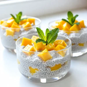 - 1 cup coconut milk (canned or carton) - 1/4 cup chia seeds - 2 tablespoons maple syrup (or honey) - 1 ripe mango, diced - 1/4 teaspoon vanilla extract - Pinch of salt - Fresh mint leaves for garnish (optional) In this recipe, we use simple, wholesome ingredients. Coconut milk gives a rich and creamy base. It pairs perfectly with the nutty chia seeds. I like using maple syrup for sweetness, but honey works too. Adding a ripe mango enhances the dish with fresh flavor and bright color. The vanilla extract brings warmth and depth. A tiny pinch of salt helps balance the sweetness and brings out the flavors. For a pretty touch, consider fresh mint leaves. They add color and a burst of freshness. This pudding is not only tasty but also healthy. It is a great way to enjoy a treat that feels indulgent but is packed with nutrients. {{ingredient_image_1}} In a medium bowl, combine the coconut milk, chia seeds, maple syrup, vanilla extract, and a pinch of salt. Use a whisk to mix everything well. This step is key. It helps all the flavors blend together. The coconut milk gives a nice creaminess. The chia seeds add a fun texture and nutrition. After you mix, let the mixture sit for about 10 minutes. This time allows the chia seeds to start soaking up the coconut milk. Whisk again to break any clumps that may form. This ensures a smooth pudding. Cover the bowl and place it in the fridge for at least 2 hours. For the best results, refrigerate overnight. This waiting time is important. It allows the chia seeds to expand fully. You&rsquo;ll get a thick, creamy pudding that you can enjoy. Once your pudding has set, stir it well. If it seems too thick, add a splash of coconut milk. Now, it&rsquo;s time to layer! In serving bowls, start with a layer of chia pudding. Then, add a layer of diced mango. Repeat until the bowls are filled. This creates beautiful layers. Top with more mango if you like. You can also add fresh mint leaves for a nice touch. This dessert not only looks great but tastes amazing too! To avoid clumpy chia seeds, you need to whisk well. When you mix the coconut milk and chia seeds, whisk for a full minute. Let it sit for 10 minutes, then whisk again. This helps break up any clumps. If you notice lumps, don't worry! Just give it another quick stir before chilling. The seeds will absorb liquid and expand, creating a smooth texture. For a creamy consistency, consider adding more coconut milk. After the pudding has set, check the thickness. If you want it creamier, add a splash of coconut milk. Stir it in gently to keep the chia seeds evenly distributed. This will enhance the coconut flavor and make it rich and smooth. Serve the pudding in clear glasses to show off those beautiful layers. Start with a layer of chia pudding, then add a layer of mango. Repeat this until the glass is full. Top it off with extra mango and a drizzle of coconut milk. For a nice touch, add fresh mint leaves as a garnish. This adds color and a fresh taste. Pro Tips Use Ripe Mangoes: Ensure your mangoes are ripe for the best flavor. A ripe mango should be slightly soft to the touch and have a sweet aroma. Experiment with Sweeteners: Feel free to adjust the sweetness to your preference. You can substitute maple syrup with agave nectar or stevia for a different flavor profile. Enhance Texture: For added texture, consider mixing in some shredded coconut or serving the pudding with granola on top. Chill for Best Results: Letting the pudding sit overnight not only thickens it but also allows the flavors to meld beautifully. {{image_2}} You can switch up the sweetener in this recipe. Instead of maple syrup, try using agave nectar or stevia. Agave nectar has a mild flavor and blends well. Stevia is a zero-calorie option that adds sweetness without extra sugar. Both options keep your pudding tasty while catering to different diets. While mango shines in this recipe, you can mix in other fruits. Berries add a nice tartness. Strawberries, blueberries, or raspberries work well. Bananas can add a creamy texture and natural sweetness. You can even use a mix of fruits for a vibrant twist. Just make sure to chop them into small pieces to layer nicely. Top your pudding for extra crunch and flavor. Nuts like almonds or walnuts add protein and healthy fats. Granola can give a nice crunch and sweetness. Seeds like pumpkin or sunflower seeds add texture and nutrition. Feel free to get creative with your toppings. This will make your chia pudding even more fun and delicious! You can keep mango coconut chia pudding in the fridge for up to five days. Make sure to store it in an airtight container. This will help keep it fresh and tasty. If you notice any change in smell or texture, it is best to toss it out. Yes, you can freeze chia pudding! To do this, place it in a freezer-safe container. Leave some space at the top because it will expand as it freezes. You can keep it in the freezer for up to three months. When you are ready to eat it, move the pudding to the fridge overnight to thaw. After storage, give the pudding a good stir. If it seems too thick, add a splash of coconut milk to loosen it up. Serve the pudding in clear glasses to show off those lovely layers. Top with extra mango and fresh mint for a bright finish. Enjoy your creamy treat! Chia pudding is a mix of chia seeds and liquid. When you soak chia seeds, they absorb the liquid. This makes them swell and turn creamy. Chia seeds are packed with fiber, protein, and omega-3 fatty acids. They help you feel full and healthy. Plus, chia seeds can aid digestion and boost heart health. Yes, you can use low-fat coconut milk. However, it may change the texture a bit. Regular coconut milk gives the pudding a creamier feel. Low-fat options might make it thinner. The flavor can also be less rich. If you use low-fat milk, you may want to add more chia seeds to keep it thick. Yes, this recipe is vegan-friendly. You can replace honey with maple syrup. This keeps the pudding sweet and plant-based. All other ingredients are also vegan. Enjoy this treat without worry! This blog post gives you a simple, enjoyable recipe for chia pudding. You learned about the key ingredients&mdash;coconut milk, chia seeds, and sweeteners. We walked through each step, from mixing to serving. Tips helped make the texture perfect and options for variations added fun. Chia pudding is easy to customize and delicious to eat. I hope you try this recipe soon. Enjoy your healthy treat!