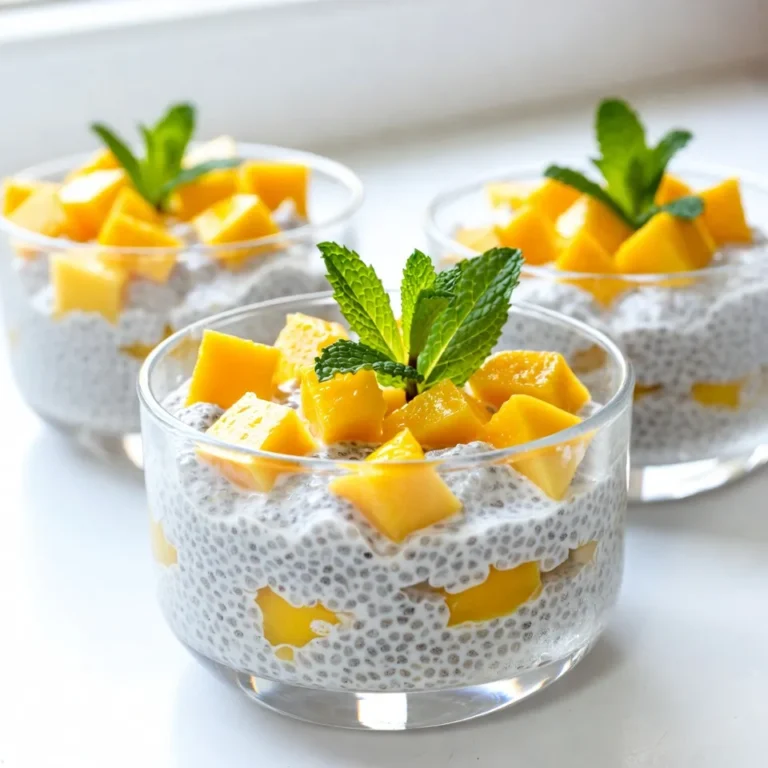 - 1 cup coconut milk (canned or carton) - 1/4 cup chia seeds - 2 tablespoons maple syrup (or honey) - 1 ripe mango, diced - 1/4 teaspoon vanilla extract - Pinch of salt - Fresh mint leaves for garnish (optional) In this recipe, we use simple, wholesome ingredients. Coconut milk gives a rich and creamy base. It pairs perfectly with the nutty chia seeds. I like using maple syrup for sweetness, but honey works too. Adding a ripe mango enhances the dish with fresh flavor and bright color. The vanilla extract brings warmth and depth. A tiny pinch of salt helps balance the sweetness and brings out the flavors. For a pretty touch, consider fresh mint leaves. They add color and a burst of freshness. This pudding is not only tasty but also healthy. It is a great way to enjoy a treat that feels indulgent but is packed with nutrients. {{ingredient_image_1}} In a medium bowl, combine the coconut milk, chia seeds, maple syrup, vanilla extract, and a pinch of salt. Use a whisk to mix everything well. This step is key. It helps all the flavors blend together. The coconut milk gives a nice creaminess. The chia seeds add a fun texture and nutrition. After you mix, let the mixture sit for about 10 minutes. This time allows the chia seeds to start soaking up the coconut milk. Whisk again to break any clumps that may form. This ensures a smooth pudding. Cover the bowl and place it in the fridge for at least 2 hours. For the best results, refrigerate overnight. This waiting time is important. It allows the chia seeds to expand fully. You’ll get a thick, creamy pudding that you can enjoy. Once your pudding has set, stir it well. If it seems too thick, add a splash of coconut milk. Now, it’s time to layer! In serving bowls, start with a layer of chia pudding. Then, add a layer of diced mango. Repeat until the bowls are filled. This creates beautiful layers. Top with more mango if you like. You can also add fresh mint leaves for a nice touch. This dessert not only looks great but tastes amazing too! To avoid clumpy chia seeds, you need to whisk well. When you mix the coconut milk and chia seeds, whisk for a full minute. Let it sit for 10 minutes, then whisk again. This helps break up any clumps. If you notice lumps, don't worry! Just give it another quick stir before chilling. The seeds will absorb liquid and expand, creating a smooth texture. For a creamy consistency, consider adding more coconut milk. After the pudding has set, check the thickness. If you want it creamier, add a splash of coconut milk. Stir it in gently to keep the chia seeds evenly distributed. This will enhance the coconut flavor and make it rich and smooth. Serve the pudding in clear glasses to show off those beautiful layers. Start with a layer of chia pudding, then add a layer of mango. Repeat this until the glass is full. Top it off with extra mango and a drizzle of coconut milk. For a nice touch, add fresh mint leaves as a garnish. This adds color and a fresh taste. Pro Tips Use Ripe Mangoes: Ensure your mangoes are ripe for the best flavor. A ripe mango should be slightly soft to the touch and have a sweet aroma. Experiment with Sweeteners: Feel free to adjust the sweetness to your preference. You can substitute maple syrup with agave nectar or stevia for a different flavor profile. Enhance Texture: For added texture, consider mixing in some shredded coconut or serving the pudding with granola on top. Chill for Best Results: Letting the pudding sit overnight not only thickens it but also allows the flavors to meld beautifully. {{image_2}} You can switch up the sweetener in this recipe. Instead of maple syrup, try using agave nectar or stevia. Agave nectar has a mild flavor and blends well. Stevia is a zero-calorie option that adds sweetness without extra sugar. Both options keep your pudding tasty while catering to different diets. While mango shines in this recipe, you can mix in other fruits. Berries add a nice tartness. Strawberries, blueberries, or raspberries work well. Bananas can add a creamy texture and natural sweetness. You can even use a mix of fruits for a vibrant twist. Just make sure to chop them into small pieces to layer nicely. Top your pudding for extra crunch and flavor. Nuts like almonds or walnuts add protein and healthy fats. Granola can give a nice crunch and sweetness. Seeds like pumpkin or sunflower seeds add texture and nutrition. Feel free to get creative with your toppings. This will make your chia pudding even more fun and delicious! You can keep mango coconut chia pudding in the fridge for up to five days. Make sure to store it in an airtight container. This will help keep it fresh and tasty. If you notice any change in smell or texture, it is best to toss it out. Yes, you can freeze chia pudding! To do this, place it in a freezer-safe container. Leave some space at the top because it will expand as it freezes. You can keep it in the freezer for up to three months. When you are ready to eat it, move the pudding to the fridge overnight to thaw. After storage, give the pudding a good stir. If it seems too thick, add a splash of coconut milk to loosen it up. Serve the pudding in clear glasses to show off those lovely layers. Top with extra mango and fresh mint for a bright finish. Enjoy your creamy treat! Chia pudding is a mix of chia seeds and liquid. When you soak chia seeds, they absorb the liquid. This makes them swell and turn creamy. Chia seeds are packed with fiber, protein, and omega-3 fatty acids. They help you feel full and healthy. Plus, chia seeds can aid digestion and boost heart health. Yes, you can use low-fat coconut milk. However, it may change the texture a bit. Regular coconut milk gives the pudding a creamier feel. Low-fat options might make it thinner. The flavor can also be less rich. If you use low-fat milk, you may want to add more chia seeds to keep it thick. Yes, this recipe is vegan-friendly. You can replace honey with maple syrup. This keeps the pudding sweet and plant-based. All other ingredients are also vegan. Enjoy this treat without worry! This blog post gives you a simple, enjoyable recipe for chia pudding. You learned about the key ingredients—coconut milk, chia seeds, and sweeteners. We walked through each step, from mixing to serving. Tips helped make the texture perfect and options for variations added fun. Chia pudding is easy to customize and delicious to eat. I hope you try this recipe soon. Enjoy your healthy treat!
