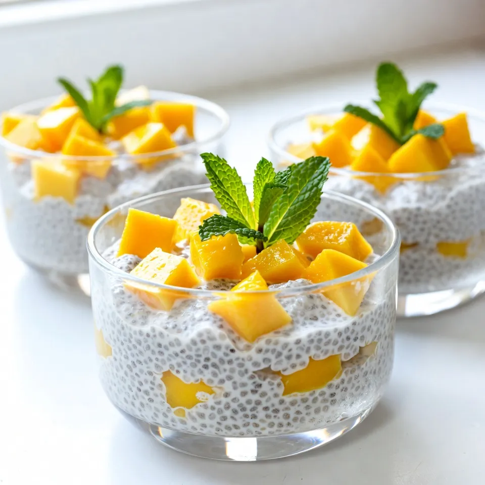 - 1 cup coconut milk (canned or carton) - 1/4 cup chia seeds - 2 tablespoons maple syrup (or honey) - 1 ripe mango, diced - 1/4 teaspoon vanilla extract - Pinch of salt - Fresh mint leaves for garnish (optional) In this recipe, we use simple, wholesome ingredients. Coconut milk gives a rich and creamy base. It pairs perfectly with the nutty chia seeds. I like using maple syrup for sweetness, but honey works too. Adding a ripe mango enhances the dish with fresh flavor and bright color. The vanilla extract brings warmth and depth. A tiny pinch of salt helps balance the sweetness and brings out the flavors. For a pretty touch, consider fresh mint leaves. They add color and a burst of freshness. This pudding is not only tasty but also healthy. It is a great way to enjoy a treat that feels indulgent but is packed with nutrients. {{ingredient_image_1}} In a medium bowl, combine the coconut milk, chia seeds, maple syrup, vanilla extract, and a pinch of salt. Use a whisk to mix everything well. This step is key. It helps all the flavors blend together. The coconut milk gives a nice creaminess. The chia seeds add a fun texture and nutrition. After you mix, let the mixture sit for about 10 minutes. This time allows the chia seeds to start soaking up the coconut milk. Whisk again to break any clumps that may form. This ensures a smooth pudding. Cover the bowl and place it in the fridge for at least 2 hours. For the best results, refrigerate overnight. This waiting time is important. It allows the chia seeds to expand fully. You’ll get a thick, creamy pudding that you can enjoy. Once your pudding has set, stir it well. If it seems too thick, add a splash of coconut milk. Now, it’s time to layer! In serving bowls, start with a layer of chia pudding. Then, add a layer of diced mango. Repeat until the bowls are filled. This creates beautiful layers. Top with more mango if you like. You can also add fresh mint leaves for a nice touch. This dessert not only looks great but tastes amazing too! To avoid clumpy chia seeds, you need to whisk well. When you mix the coconut milk and chia seeds, whisk for a full minute. Let it sit for 10 minutes, then whisk again. This helps break up any clumps. If you notice lumps, don't worry! Just give it another quick stir before chilling. The seeds will absorb liquid and expand, creating a smooth texture. For a creamy consistency, consider adding more coconut milk. After the pudding has set, check the thickness. If you want it creamier, add a splash of coconut milk. Stir it in gently to keep the chia seeds evenly distributed. This will enhance the coconut flavor and make it rich and smooth. Serve the pudding in clear glasses to show off those beautiful layers. Start with a layer of chia pudding, then add a layer of mango. Repeat this until the glass is full. Top it off with extra mango and a drizzle of coconut milk. For a nice touch, add fresh mint leaves as a garnish. This adds color and a fresh taste. Pro Tips Use Ripe Mangoes: Ensure your mangoes are ripe for the best flavor. A ripe mango should be slightly soft to the touch and have a sweet aroma. Experiment with Sweeteners: Feel free to adjust the sweetness to your preference. You can substitute maple syrup with agave nectar or stevia for a different flavor profile. Enhance Texture: For added texture, consider mixing in some shredded coconut or serving the pudding with granola on top. Chill for Best Results: Letting the pudding sit overnight not only thickens it but also allows the flavors to meld beautifully. {{image_2}} You can switch up the sweetener in this recipe. Instead of maple syrup, try using agave nectar or stevia. Agave nectar has a mild flavor and blends well. Stevia is a zero-calorie option that adds sweetness without extra sugar. Both options keep your pudding tasty while catering to different diets. While mango shines in this recipe, you can mix in other fruits. Berries add a nice tartness. Strawberries, blueberries, or raspberries work well. Bananas can add a creamy texture and natural sweetness. You can even use a mix of fruits for a vibrant twist. Just make sure to chop them into small pieces to layer nicely. Top your pudding for extra crunch and flavor. Nuts like almonds or walnuts add protein and healthy fats. Granola can give a nice crunch and sweetness. Seeds like pumpkin or sunflower seeds add texture and nutrition. Feel free to get creative with your toppings. This will make your chia pudding even more fun and delicious! You can keep mango coconut chia pudding in the fridge for up to five days. Make sure to store it in an airtight container. This will help keep it fresh and tasty. If you notice any change in smell or texture, it is best to toss it out. Yes, you can freeze chia pudding! To do this, place it in a freezer-safe container. Leave some space at the top because it will expand as it freezes. You can keep it in the freezer for up to three months. When you are ready to eat it, move the pudding to the fridge overnight to thaw. After storage, give the pudding a good stir. If it seems too thick, add a splash of coconut milk to loosen it up. Serve the pudding in clear glasses to show off those lovely layers. Top with extra mango and fresh mint for a bright finish. Enjoy your creamy treat! Chia pudding is a mix of chia seeds and liquid. When you soak chia seeds, they absorb the liquid. This makes them swell and turn creamy. Chia seeds are packed with fiber, protein, and omega-3 fatty acids. They help you feel full and healthy. Plus, chia seeds can aid digestion and boost heart health. Yes, you can use low-fat coconut milk. However, it may change the texture a bit. Regular coconut milk gives the pudding a creamier feel. Low-fat options might make it thinner. The flavor can also be less rich. If you use low-fat milk, you may want to add more chia seeds to keep it thick. Yes, this recipe is vegan-friendly. You can replace honey with maple syrup. This keeps the pudding sweet and plant-based. All other ingredients are also vegan. Enjoy this treat without worry! This blog post gives you a simple, enjoyable recipe for chia pudding. You learned about the key ingredients—coconut milk, chia seeds, and sweeteners. We walked through each step, from mixing to serving. Tips helped make the texture perfect and options for variations added fun. Chia pudding is easy to customize and delicious to eat. I hope you try this recipe soon. Enjoy your healthy treat!