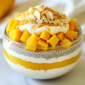 To make Coconut Mango Chia Pudding, you need a few simple ingredients. Each one adds flavor and texture to the dish. Here&rsquo;s what you will need: - 1 cup coconut milk - 1/2 cup almond milk - 1/4 cup chia seeds - 2 tablespoons honey or maple syrup (adjust to taste) - 1 ripe mango, diced - 1 teaspoon vanilla extract - A pinch of salt - Optional toppings: shredded coconut, sliced almonds, or mint leaves Coconut milk gives a rich, creamy base. Almond milk adds a nice nutty taste. Chia seeds are key for thickening the pudding. You can sweeten it with honey or maple syrup, based on your taste. The mango brings a fresh, fruity touch. Vanilla extract adds warmth and depth. A little salt enhances all the flavors. For toppings, think about shredded coconut or sliced almonds for crunch. Mint leaves add a bright finish. With these ingredients, you create a delightful and refreshing treat. {{ingredient_image_1}} Making Coconut Mango Chia Pudding is easy and quick. Gather all your ingredients first. This way, you stay organized and enjoy the process. The total time needed is just about 2 hours. Most of this time is for refrigeration. 1. Start by mixing the coconut milk, almond milk, and vanilla extract in a bowl. 2. Next, add the chia seeds, honey, and salt. Whisk well to avoid clumps. 3. Cover the bowl and let it sit for 10 minutes. This helps the chia seeds start absorbing liquid. 4. After 10 minutes, stir the mixture again. This prevents the seeds from sticking together. 5. Cover the bowl once more and place it in the fridge. Let it chill for at least 2 hours, or overnight for best texture. 6. When you are ready to serve, remove the pudding from the fridge. Stir it well to mix everything. 7. Layer the pudding in serving glasses, adding diced mango in between layers. Aim for 2-3 layers for a nice look. 8. Finally, top with shredded coconut, sliced almonds, or mint leaves if you like. The chia seeds need time to soak up the liquid. This is key to getting the right pudding texture. A minimum of 2 hours in the fridge will do. For the best results, let it sit overnight. This way, you enjoy a creamy and thick pudding. To get that creamy pudding texture, use the right chia seeds. I recommend using whole chia seeds. When you mix them with the liquid, they absorb it and swell. Stir the mixture after 10 minutes to keep the seeds from clumping. Refrigerate for at least two hours. This helps the seeds absorb more liquid. The longer you let it sit, the thicker it gets. For a smoother texture, blend the mixture before chilling. Adding sweetness is all about your taste. Start with two tablespoons of honey or maple syrup. Taste the mix, and add more if needed. Remember, the mango adds natural sweetness too! If you want it less sweet, use less syrup. You can also try using agave for a lighter touch. The right ratio is key for perfect pudding. Use 1/4 cup of chia seeds to 1 1/2 cups of liquid. This gives you the right thickness. Too many seeds will make it too thick, while too few will keep it runny. Adjust this ratio based on how thick or thin you like your pudding! Pro Tips Use Fresh Mango: For the best flavor, choose a ripe mango that gives slightly when pressed. It should be sweet and fragrant. Chill Overnight: For a thicker and creamier texture, refrigerate the chia pudding overnight instead of just 2 hours. Experiment with Sweeteners: You can substitute honey or maple syrup with agave syrup or stevia for a different sweetness profile. Layering Technique: When layering, use clear glasses to showcase the beautiful colors and textures of the pudding and mango. {{image_2}} You can easily make this pudding dairy-free. Use only coconut milk for a rich taste. Almond milk adds creaminess too. You can also try oat milk or cashew milk. Each will give a unique twist to the taste. Want to spice it up? Add a pinch of cinnamon or nutmeg for warmth. You can also try cardamom for a fragrant touch. Vanilla extract is a must, but a few drops of almond extract can boost flavor. Experiment and find what you love! Toppings make this pudding fun and tasty. Shredded coconut adds a nice crunch. Sliced almonds give a nutty flavor. Fresh mint leaves add a burst of color and freshness. You can also try fresh berries for a tart contrast. Mix and match to create your perfect treat! Store any leftover coconut mango chia pudding in a sealed container. This keeps it fresh. Place it in the fridge for quick access. Enjoy it within three days for the best taste. You can freeze chia pudding if you want to save it for later. Pour it into airtight containers. Leave some space at the top for expansion. This helps prevent freezer burn. When ready to eat, thaw it in the fridge overnight. Each ingredient has a different shelf life: - Coconut milk: Use within a week after opening. - Almond milk: Lasts about 7-10 days after opening. - Chia seeds: Store in a cool, dry place. They can last for 2-3 years. - Honey or maple syrup: These sweeteners last indefinitely. - Fresh mango: Use within a few days when ripe. Unripe mangoes can last longer. - Vanilla extract: Keeps for years if stored properly. - Salt: No expiration, but keep it dry. Knowing how to store leftovers and ingredients helps you enjoy this tasty treat longer! Yes, you can use many fruits. Berries like strawberries and blueberries work great. You can also try bananas or kiwi for a fun twist. The key is to pick ripe fruits for the best flavor. Just dice them up and layer them in your pudding. This pudding lasts about 4 to 5 days in the fridge. Make sure to store it in a sealed container. If you notice any separation, just stir it up before serving. It&rsquo;s easy to grab for a quick snack or breakfast! Yes, chia pudding is very healthy. Chia seeds are full of fiber, protein, and omega-3s. They help keep you full and support digestion. Coconut milk and almond milk add healthy fats and vitamins. Overall, this pudding is a tasty way to eat better. This blog shared great tips for making a tasty chia pudding. We covered key ingredients like coconut milk and mango. I walked you through the simple steps to prepare it and how to achieve the best texture. Remember, you can customize flavors and toppings to suit your taste. Store your pudding well to keep it fresh. Now, you have everything you need to enjoy chia pudding at home. Dive in and have fun experimenting with flavors!