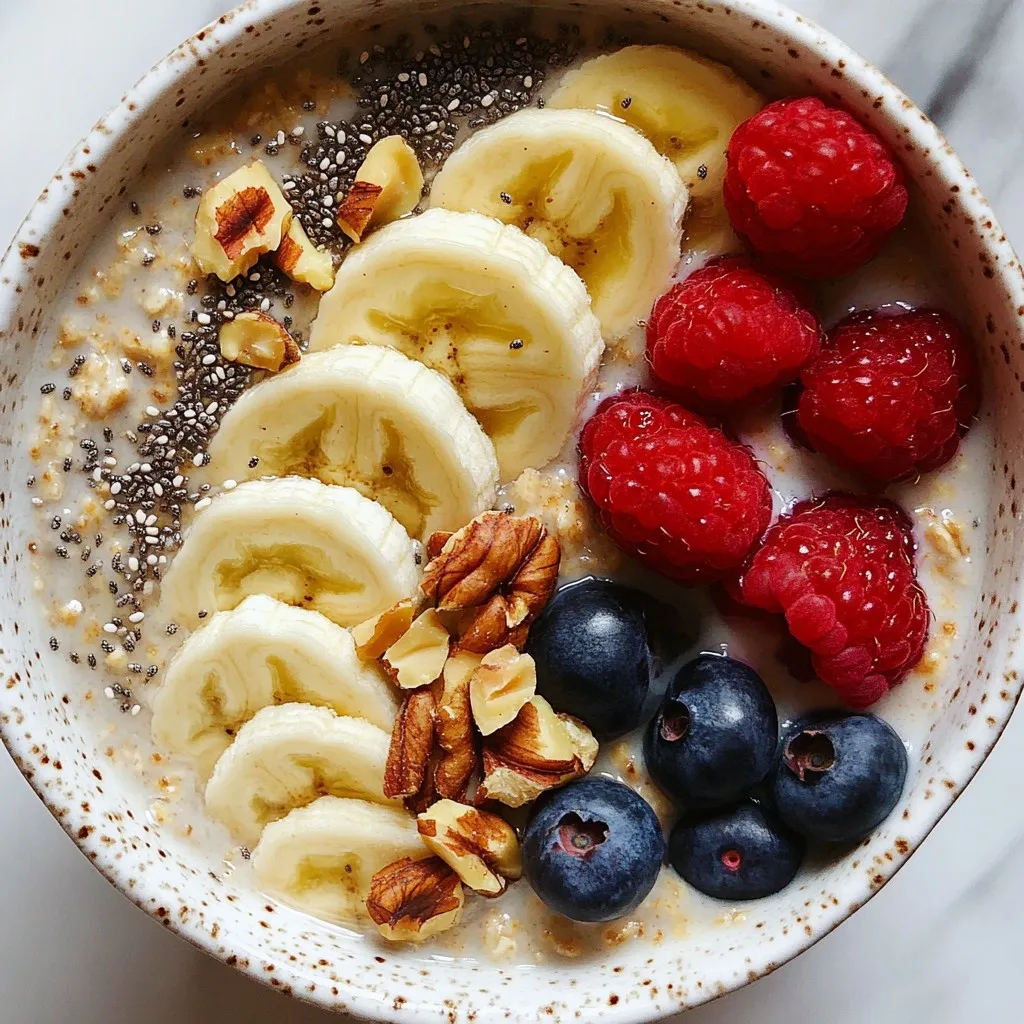 - 1 cup rolled oats - 1 cup almond milk (or any milk of choice) - 1 tablespoon chia seeds - 1 tablespoon maple syrup (or honey) - 1 teaspoon ground cinnamon - 1/2 teaspoon ground ginger - 1/4 teaspoon ground cardamom - 1/4 teaspoon ground cloves - Pinch of black pepper - 1/2 teaspoon vanilla extract - Fresh fruit toppings (like sliced bananas or berries) - Optional: nuts or seeds for crunch These ingredients create a warm and cozy breakfast. Rolled oats are the base. They soak up the milk overnight. Almond milk adds a nutty flavor, but you can use any milk you like. Chia seeds help thicken the oats and add healthy fiber. Chai spices bring the magic! Each spice adds its own unique taste. Cinnamon gives warmth. Ginger adds a little kick. Cardamom and cloves provide depth. Black pepper gives it a surprising twist. Maple syrup or honey sweetens the oats. You can adjust the sweetness to your taste. Vanilla extract rounds out the flavors nicely. For toppings, fresh fruits like berries or bananas add color and nutrition. Nuts or seeds add a satisfying crunch. Feel free to mix and match these toppings based on your mood or what you have available. Get your ingredients ready, and you’ll be set for a tasty breakfast! {{ingredient_image_1}} First, grab a mixing bowl. Add 1 cup of rolled oats, 1 cup of almond milk, and 1 tablespoon of chia seeds. Stir well. Make sure the oats and chia seeds mix evenly. Next, add 1 tablespoon of maple syrup, 1 teaspoon of ground cinnamon, 1/2 teaspoon of ground ginger, 1/4 teaspoon of ground cardamom, and 1/4 teaspoon of ground cloves. Don’t forget a pinch of black pepper and 1/2 teaspoon of vanilla extract. Mix until all the spices blend in. Now it’s time to cover the bowl. You can also use individual mason jars for easy storage. Seal them tightly to keep the oats fresh. Place the bowl or jars in the fridge. Let them chill overnight or for at least 6 hours. This helps the oats soak up the milk and flavors. When you wake up, it’s time to enjoy your oats! Open the jar or bowl and give the mixture a good stir. If you want a creamier texture, add a splash of almond milk. Now, it’s time for toppings! Add fresh fruit like sliced bananas or berries. You can also sprinkle some nuts or seeds on top for a nice crunch. Enjoy your tasty chai spice overnight oats! To get creamy oats, soak them for at least 6 hours. This time lets the oats absorb the milk and chia seeds. If you want a softer mix, add a splash more milk before serving. This helps reach your perfect creaminess. You can switch up sweeteners if you like. Try honey or agave syrup instead of maple syrup. Each will give a nice twist to your oats. Also, use different types of milk. Coconut milk adds a tropical taste, while oat milk offers a creamy texture. For a fun look, layer your toppings. Start with oats, then add fruit, and finish with nuts or seeds. Use jars for a cute serving option. They make breakfast easy to grab and go. Bowls work too if you prefer. Enjoy making your oats look as good as they taste! Pro Tips Soak Longer: For an even creamier texture, soak the oats for longer than 6 hours—overnight is ideal! Spice It Up: Feel free to adjust the spice levels to your taste. Add more ginger or cinnamon for a stronger flavor. Mix and Match: Experiment with different milk alternatives, like coconut or oat milk, for unique flavors. Top It Right: Use seasonal fruits for toppings to enhance flavor and nutrition—berries and bananas are great choices! {{image_2}} You can change up your chai spice overnight oats with fun flavors. Try chocolate chai overnight oats for a sweet twist. Just mix in some cocoa powder. The rich taste pairs well with the chai spices. You will love this blend of warmth and sweetness. Next, think about pumpkin spice overnight oats. It’s simple! Add pumpkin puree and a bit of nutmeg. This flavor feels like fall in a bowl. You can feel cozy and satisfied with every bite. If you need gluten-free options, use gluten-free oats. They work just like rolled oats. You will still get that creamy texture. For non-dairy alternatives, swap almond milk for coconut milk or oat milk. Each milk adds a unique taste. Choose what you like best! Holiday-inspired flavors can take your oats to the next level. Try adding eggnog or a dash of nutmeg for a festive touch. It brings the spirit of the season to your breakfast. In summer, pair your oats with fresh fruit. Chopped peaches or berries give a bright taste. The sweet fruit makes each bite refreshing and light. You can enjoy the changing seasons with these simple swaps! To keep your chai spice overnight oats fresh, choose glass mason jars or airtight containers. These options seal well and help maintain flavor. Store your oats in the refrigerator for up to five days. This way, you can enjoy a tasty breakfast throughout the week. If you have leftover oats, freezing is a great option. Pour the oats into freezer-safe containers or bags. Make sure to leave some space for expansion as they freeze. To thaw, simply move your oats to the fridge overnight. When ready to eat, reheat in the microwave or on the stove until warm. Always check for signs of spoilage. Look for changes in texture or smell. If the oats smell sour or have a strange look, it’s best to throw them away. Proper sealing is key to keeping your overnight oats safe. Always make sure containers are tightly closed to avoid air exposure and bacteria growth. You can use quick oats, but the texture will change. Quick oats cook faster and become mushy. Rolled oats stay chewy and hold their shape better. If you choose quick oats, let them soak less time. You can keep overnight oats in the fridge for up to five days. To keep them fresh, store them in airtight containers. If you see any signs of spoilage, like a sour smell or mold, discard them. Yes, you can easily make these oats vegan. Just use almond milk or any plant-based milk. Instead of honey, use maple syrup or agave nectar for sweetness. Both options taste great! Absolutely! You can make a big batch for the week. Just layer the oats in jars. Seal them tightly and store them in the fridge. This way, you have breakfast ready to go every morning! You can now make delicious chai spice overnight oats with ease. We explored the key ingredients, step-by-step instructions, and creative variations. You learned how to store your oats safely and keep them fresh. Remember to adjust flavors and textures to your liking. These oats are perfect for breakfast or a quick snack. Enjoy the endless options and get creative! Your taste buds will thank you.