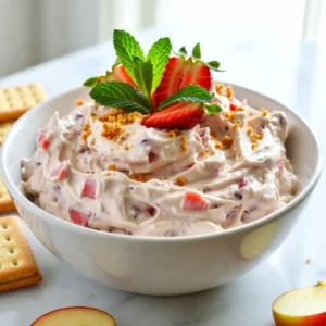 - 1 cup cream cheese, softened - 1/2 cup plain Greek yogurt - 1/4 cup powdered sugar - 1 teaspoon vanilla extract These main ingredients create a base that is rich and creamy. The cream cheese gives a thick texture. Greek yogurt adds tanginess and helps balance the sweetness. Powdered sugar sweetens the dip without being grainy, while vanilla extract adds warmth and flavor. - 1 cup fresh strawberries, hulled and diced (plus extra for garnish) - Fresh mint leaves for garnish Fresh strawberries bring color and a burst of flavor. They make the dip taste like a real dessert. The mint leaves not only look pretty but also add a fresh taste that lifts the whole dish. - 1/4 cup graham cracker crumbs - Assorted dippers (graham crackers, pretzels, apple slices, vanilla wafers) Graham cracker crumbs give a bit of crunch on top. They mimic the crust of a cheesecake. You can choose dippers based on your taste. Graham crackers are classic, but pretzels add a salty bite. Apple slices bring a crisp freshness, and vanilla wafers add sweetness. {{ingredient_image_1}} Start by beating the cream cheese until smooth. Use a hand mixer or whisk. This step is key for a creamy dip. Once smooth, mix in the Greek yogurt, powdered sugar, and vanilla extract. Blend until everything is well combined. This will create a rich and tasty base for your dip. Next, gently fold in the diced fresh strawberries. This adds sweetness and color to your dip. Be careful not to mash the strawberries too much. You want some pieces to stay intact. This keeps the dip interesting and gives it great texture. Now, transfer your dip to a serving bowl. Smooth the top with a spatula for a nice finish. Sprinkle the graham cracker crumbs evenly on top. This adds a crunchy layer that pairs well with the creamy dip. Finally, garnish with extra diced strawberries and fresh mint leaves. This makes your dip look beautiful. Serve it right away with assorted dippers, like graham crackers or apple slices. Enjoy this easy and fun treat! You can make this dip ahead of time. Just mix it up and chill it for a bit. This helps the flavors blend well. Store it in an airtight container in the fridge. It stays fresh for about three days. If you want it to last longer, avoid adding strawberries until serving. Softened cream cheese is key for this dip. It makes mixing easy and gives a smooth texture. If your cream cheese is cold, it will be hard to mix. Let it sit out for about 30 minutes before mixing. When you add the strawberries, fold them in gently. This keeps some chunks intact for a nice texture. You can adjust the sweetness to fit your taste. Start with the 1/4 cup of powdered sugar. Then, taste and add more if you like it sweeter. If you want a healthier option, try honey or maple syrup instead of powdered sugar. Just remember, these will change the flavor a bit. Pro Tips Use Room Temperature Cream Cheese: For a smoother and creamier dip, ensure your cream cheese is at room temperature before mixing. Customize Your Dippers: Experiment with different dippers like chocolate-covered pretzels or fruit skewers for added variety and fun. Make It Ahead: Prepare the dip a few hours in advance and store it in the refrigerator to let the flavors meld together. Fresh Strawberries Are Key: Use ripe, in-season strawberries for the best flavor and sweetness in your dip. {{image_2}} You can add a splash of lemon or lime juice for a zesty twist. This brightens the dip and enhances the strawberry flavor. If you want more fruity fun, try adding blueberries or raspberries. Both fruits mix well with the strawberries and add extra color. For dippers, think about seasonal fruits like sliced peaches or cherries in summer. These fresh fruits bring a sweet touch to each bite. If you need gluten-free options, try rice cakes, or veggie sticks. They provide a nice crunch and pair well with the creamy dip. You can lighten up the dip by using low-fat cream cheese or Greek yogurt. These swaps keep it creamy while cutting calories. If you want less sugar, try sugar substitutes like stevia or erythritol. They blend well and help keep the sweetness. You can keep your strawberry cheesecake dip in the fridge for about 3 to 5 days. Make sure you store it in an airtight container. This helps keep the dip fresh and tasty. If you use a bowl, cover it tightly with plastic wrap or a lid. This way, you prevent air from making it dry or spoil. Yes, you can freeze this dip! To freeze, place it in a freezer-safe container. Leave some space at the top for expansion. When you're ready to enjoy it, take the dip out and let it thaw in the fridge overnight. This keeps the texture smooth. Stir it gently before serving to mix it well again. To tell if the dip has gone bad, look for changes in color or smell. If the dip looks or smells off, it's best to toss it. You should also check for any mold on the surface. If you see any, do not eat it. Freshness is key for this creamy treat! Yes, you can use low-fat cream cheese and yogurt. However, it may change the taste and texture. Low-fat options might not be as creamy. They can be a bit tangy, which may affect the overall flavor. If you want a rich taste, stick with full-fat products. The dip lasts about three days in the fridge. Be sure to keep it in an airtight container. After three days, the dip may lose its texture and taste. If you see any signs of spoilage, like a sour smell, it&rsquo;s best to throw it away. You can use crushed cookies, like vanilla wafers or digestive biscuits. Crushed pretzels also add a nice salty crunch. Oats or almond flour can work too for a gluten-free option. Just choose what you like best for your topping! This blog post shared a simple, tasty strawberry cheesecake dip recipe. We looked at the main ingredients and steps to make it. I also shared tips for prepping ahead and customizing the dip. You can even try healthier options or alternative dippers. In the end, enjoy making this dip for your next get-together or snack. It's easy and fun, and you'll impress your friends! Dive into the mix of flavors, and bring joy to every bite.