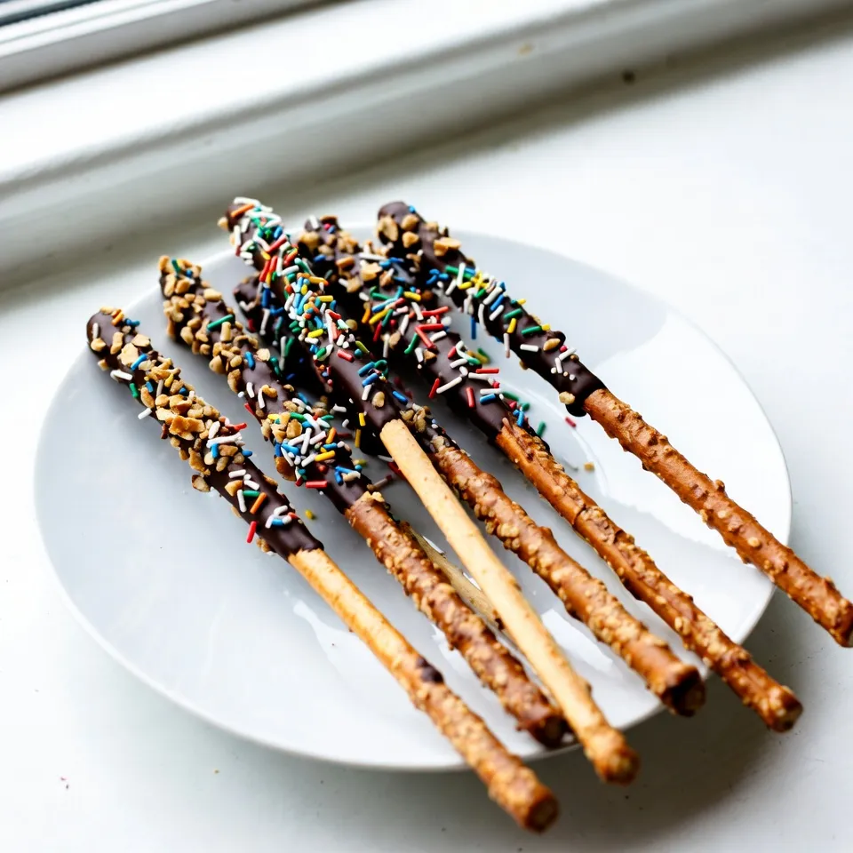 To make chocolate-covered pretzel rods, you will need a few simple items. Each ingredient adds flavor and fun to this treat. - 12 pretzel rods - 1 cup dark chocolate chips - 1 tablespoon coconut oil - 1/2 cup colorful sprinkles - 1/4 cup crushed nuts (such as peanuts or almonds) - Sea salt for sprinkling (optional) The pretzel rods provide a crunchy base. Dark chocolate chips bring rich sweetness. Coconut oil helps the chocolate melt smoothly. Colorful sprinkles and crushed nuts add a fun touch. A sprinkle of sea salt can enhance the flavor balance. Gather these ingredients before you start. It makes the process easy and fun! {{ingredient_image_1}} First, grab a baking sheet. Line it with parchment paper or a silicone mat. This makes it easy to lift the pretzel rods later. It also keeps them from sticking. Make sure you have enough space for all the rods. Next, get a microwave-safe bowl. Add 1 cup of dark chocolate chips and 1 tablespoon of coconut oil. The coconut oil helps the chocolate melt smoothly. Microwave the bowl in 30-second bursts. Stir after each burst until the chocolate is fully melted and shiny. Now, it’s time to coat the pretzel rods. Dip each pretzel rod into the melted chocolate. Make sure to cover it well. Let the extra chocolate drip off. This step is key for a nice coating. While the chocolate is still wet, it’s time to decorate. You can roll the rods in colorful sprinkles or crushed nuts. This makes them look fun and tasty. Make sure to coat them evenly for the best look. Once you finish coating all the pretzel rods, place them on the lined baking sheet. If you like, sprinkle a tiny bit of sea salt on top for a sweet and salty taste. Put the baking sheet in the fridge for about 30 minutes. This helps the chocolate set hard. When done, you can take them out and enjoy! To get a smooth chocolate coating, use coconut oil. Mix it with your chocolate chips. This helps the chocolate melt evenly. Heat your mixture in short bursts. Stir often to keep it silky. If the chocolate gets too thick, add a little more coconut oil. I love using dark chocolate chips for this recipe. They provide a rich taste. You can also use milk or white chocolate if you prefer. Just make sure it's good quality. Quality chocolate melts better and tastes great. Get creative with your toppings! Use colorful sprinkles for a fun look. Crushed nuts add a nice crunch. You can mix and match toppings for variety. Try adding a drizzle of melted chocolate on top too. It makes them look fancy. Serve these pretzel rods on a nice platter. They make great snacks for parties. You can also wrap them in clear bags for gifts. They are fun for kids’ parties or movie nights. Enjoy them fresh or store them for later! Pro Tips Use Quality Chocolate: Choose high-quality dark chocolate chips for a richer flavor and smoother melting. Experiment with Toppings: Try different toppings such as crushed cookies or coconut flakes for unique flavor combinations. Keep Chocolate Warm: If the chocolate starts to harden, microwave it for a few seconds to re-melt for easy dipping. Storage Tips: Store the pretzel rods in a cool, dry place to keep the chocolate from melting. {{image_2}} You can change up the flavor of your chocolate-covered pretzel rods. Here are some fun ideas: - White Chocolate Covered: Use white chocolate chips instead of dark chocolate. This gives a sweet, creamy taste. You can also add fun toppings like crushed candies or nuts. The color looks great too! - Milk Chocolate with Sea Salt: Melt milk chocolate chips for a classic treat. When you coat the pretzel rods, sprinkle a bit of sea salt on top. This adds a nice salty crunch that balances the sweetness. - Peanut Butter Drizzle: After coating your pretzel rods in chocolate, melt some peanut butter. Drizzle it over the chocolate for a rich, nutty taste. It adds flavor and looks amazing! You can also make these pretzel rods fit different diets. Here are some options: - Gluten-Free Options: Use gluten-free pretzel rods. Many brands offer tasty choices that keep the crunch. Just check the label to make sure. - Vegan Alternatives: For a vegan treat, use dairy-free chocolate chips. You can find these at most stores. Pair them with vegan toppings like nuts or seeds for a delicious snack. These variations let you enjoy chocolate-covered pretzel rods in many ways! Store your chocolate-covered pretzel rods in an airtight container. This keeps them fresh. Place parchment paper between layers if you stack them. This prevents sticking and keeps them pretty. Chocolate-covered pretzel rods last about two weeks at room temperature. Keep them away from heat or direct sunlight. If you want them to last longer, refrigerate them. They can stay fresh for about three weeks in the fridge. You can freeze these delicious treats for up to three months. Wrap each pretzel rod in plastic wrap. Then, place them in a freezer-safe bag. When you want to enjoy them, let them thaw at room temperature. This keeps them tasty without losing their crunch. Chocolate-covered pretzel rods last about one week when stored properly. Keep them in an airtight container. Store them in a cool, dry place. If you keep them in the fridge, they may last a bit longer. However, the pretzels might get a little soft. Yes, you can use different types of chocolate! Milk chocolate, white chocolate, or even flavored chocolate work well. Each type gives a unique taste. Try mixing chocolates for fun flavors. Just make sure to melt them the same way. Many toppings can make your pretzel rods special. Here are some great options: - Colorful sprinkles - Crushed nuts (like peanuts or almonds) - Mini chocolate chips - Crushed cookies - Coconut flakes These toppings add texture and flavor. Get creative and mix and match! Making gluten-free pretzel rods is simple. Just find gluten-free pretzel rods at your store. For vegan options, use dairy-free chocolate. Many brands offer good dark chocolate or vegan chocolate chips. Always check the labels to ensure they fit your diet. You learned how to make delicious chocolate-covered pretzel rods in this post. I shared the key ingredients, step-by-step instructions, and helpful tips. You can even explore fun variations and storage options. Now you can enjoy these tasty treats anytime. Experiment with flavors and toppings to make them your own. Get creative and share them with friends and family. Making these treats is simple and fun! Enjoy your sweet creation!