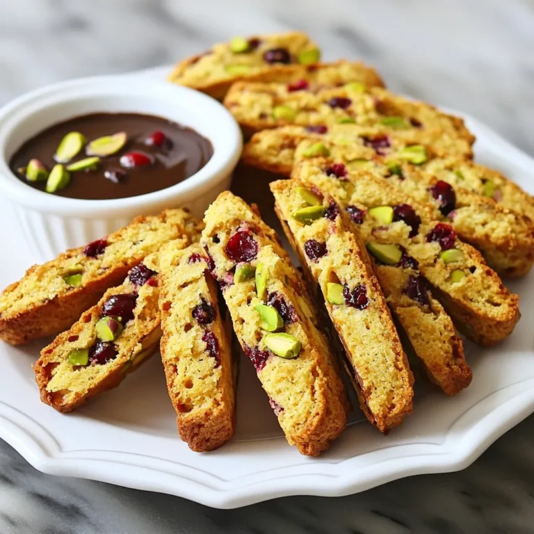 To make cranberry pistachio biscotti, gather these ingredients: - 2 cups all-purpose flour - 1 cup granulated sugar - 1/2 teaspoon baking powder - 1/4 teaspoon baking soda - 1/4 teaspoon salt - 3 large eggs - 1 teaspoon vanilla extract - 1/2 teaspoon almond extract - 1 cup dried cranberries - 3/4 cup pistachios, shelled and coarsely chopped You can adjust some ingredients if needed: - For a gluten-free version, use gluten-free flour mix instead of all-purpose flour. - Replace granulated sugar with coconut sugar for a lower glycemic option. - Use lemon zest instead of almond extract for a bright, citrus flavor. - Substitute walnuts or almonds for pistachios to change the nut flavor. - Dried cherries or raisins can work instead of dried cranberries. You'll need a few essential tools to make this biscotti: - Large mixing bowl for combining ingredients - Whisk for mixing the dry ingredients - Separate bowl for blending wet ingredients - Baking sheet lined with parchment paper - Serrated knife for slicing the biscotti - Cooling rack for letting the biscotti cool completely These tools will help you create a delightful and crunchy treat! {{ingredient_image_1}} First, you need to preheat your oven to 350°F (175°C). This step is very important. A hot oven helps the biscotti bake evenly. Next, line your baking sheet with parchment paper. This prevents sticking and makes cleanup easy. In a large mixing bowl, whisk together the dry ingredients. Combine 2 cups of all-purpose flour, 1 cup of granulated sugar, 1/2 teaspoon of baking powder, 1/4 teaspoon of baking soda, and 1/4 teaspoon of salt. Make sure everything is mixed well. This helps the flavors blend together perfectly. In another bowl, beat 3 large eggs. Add 1 teaspoon of vanilla extract and 1/2 teaspoon of almond extract. Mix until you get a smooth texture. This combination adds a lovely flavor to your biscotti. Gradually pour the wet mix into the dry ingredients. Stir until just combined. Then, fold in 1 cup of dried cranberries and 3/4 cup of chopped pistachios. On a floured surface, divide the dough in half. Shape each half into a log about 12 inches long and 2 inches wide. Carefully place the logs on the prepared baking sheet. Leave at least 3 inches between them. Bake in the preheated oven for 25-30 minutes. The logs should look golden and feel slightly firm in the center. Remove the baking sheet from the oven and let the logs cool for 10-15 minutes. Once cooled, use a serrated knife to slice them diagonally into 1/2-inch thick pieces. Arrange the slices cut-side down on the baking sheet. Return them to the oven for another 10-15 minutes. Flip them halfway through for even crispness. Let the biscotti cool completely on a wire rack before serving. To make your biscotti crisp, bake them twice. The first bake firms them up. After slicing, the second bake gives that perfect crunch. Keep an eye on them. Overbaking can lead to hard biscotti. Aim for a golden color, and remember, they will crisp more as they cool. Use parchment paper to line your baking sheet. This prevents sticking and makes cleanup easy. Preheat your oven well. A hot oven helps create a nice rise. Space your logs apart to allow room for expansion. Flipping the biscotti during the second bake ensures even crispiness. Don’t skip the cooling time after the first bake. This step helps with slicing. If the dough is too sticky while shaping, use a little flour on your hands. Avoid overmixing the dough. Overmixing can lead to tough biscotti. Lastly, make sure to measure your ingredients correctly. Too much flour can change the texture. Pro Tips Chill the Dough: If the dough is too sticky to handle, refrigerate it for about 30 minutes. This makes shaping the logs easier. Use Fresh Ingredients: For the best flavor, make sure your baking powder and baking soda are fresh. Check the expiration dates before use. Slice with Care: Use a serrated knife for slicing the biscotti after the first bake. This helps achieve cleaner cuts and prevents crumbling. Store Properly: Keep the cooled biscotti in an airtight container at room temperature to maintain their crispness for up to two weeks. {{image_2}} You can change the taste of your cranberry pistachio biscotti easily. Try using different nuts like almonds or walnuts. They add new flavors and textures. For a twist, swap dried cranberries with raisins or cherries. You can even use chocolate chips for a sweeter treat. Each swap gives a new delight in every bite. If you need gluten-free options, you can still enjoy this treat. Use a good gluten-free flour blend instead of all-purpose flour. Make sure it has xanthan gum for better texture. The taste still shines with cranberries and pistachios. You won’t miss the gluten at all! Feel free to mix in other nuts or dried fruits. Pecans or hazelnuts can add a rich flavor. Dried apricots or figs bring a fruity sweetness. The goal is to have fun with the recipe. Each variation can create a unique biscotti experience. Enjoy experimenting and find your favorite blend! To keep your cranberry pistachio biscotti fresh, store them in an airtight container. This helps prevent moisture from making them soggy. I like to use glass jars or plastic containers with tight lids. Place parchment paper between layers to avoid sticking. Keep the biscotti at room temperature, away from sunlight. This way, they stay crispy and delicious. You can freeze your biscotti for longer storage. First, let them cool completely. Then, wrap each piece in plastic wrap. Place the wrapped biscotti in a freezer bag. They can stay frozen for up to three months. When you’re ready to enjoy, remove them from the freezer. Let them thaw at room temperature for about two hours. For extra crispiness, reheat them in the oven at 350°F for 5-10 minutes. Cranberry pistachio biscotti can last for about two weeks at room temperature. After that, they may lose their crunch and flavor. Check for signs of freshness. If the biscotti feel soft or have a stale smell, it’s time to toss them. Fresh biscotti should be firm to the touch and have a sweet nutty aroma. Enjoy them while they are at their best! To make biscotti softer, reduce the baking time. Bake for just 20 minutes instead of 25-30 minutes. Let them cool before slicing. You can also add a bit more moisture. Try adding a tablespoon of milk or an extra egg. This adds softness without losing the biscotti's shape. You can use fresh cranberries, but they change the texture. Fresh cranberries are juicy and tart. This can make the biscotti wet and harder to shape. If you want to use them, I suggest chopping them and reducing other wet ingredients. This keeps the dough firm. Cranberry pistachio biscotti pairs well with many drinks. Serve it with coffee or tea for a classic touch. You can also try it with hot chocolate for a sweet treat. Another option is to serve with melted chocolate. A small dish of chocolate for dipping makes it special. Baking biscotti takes about 35-45 minutes total. The first bake is for 25-30 minutes. After slicing, the second bake is for 10-15 minutes. Keep an eye on them as they bake. You want them golden and crisp, not burnt. This article covered all you need to make delicious biscotti. We explored ingredients, tools, and step-by-step baking instructions. We also discussed tips for crispiness and common mistakes to avoid. Variations showed how to switch up flavors and accommodate dietary needs. Lastly, we reviewed storage methods to keep your biscotti fresh. Now, you can enjoy baking and try new flavors with confidence. Happy baking!