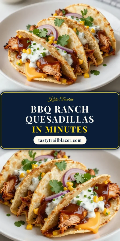 Indulge in these BBQ Ranch Chicken Quesadillas, the ultimate combination of BBQ chicken quesadillas and ranch dressing quesadilla recipe! Perfect for busy nights, this easy chicken quesadilla is packed with flavor. With a scrumptious tortilla quesadilla filling, it’s sure to please everyone at the table. Try this BBQ ranch chicken recipe for a quick meal that's delicious and satisfying. Save this recipe and impress your dinner guests! #BBQChickenQuesadillas #EasyChickenQuesadillas #DinnerIdeas #RecipeShare