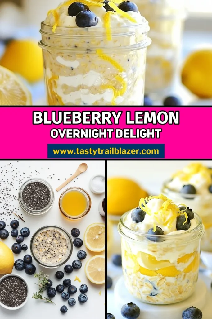 Start your mornings right with this delicious blueberry lemon overnight oats recipe! Packed with nutrients, this healthy overnight oats recipe features rolled oats, chia seeds, fresh blueberries, and a zesty lemon kick. Perfect for meal prep, these vegan overnight oats with fruit are not only easy breakfast recipes but also a delightful treat. Try this chia seed oatmeal recipe today and enjoy a refreshing start! Save this for your next breakfast! #OvernightOats #HealthyRecipes #VeganBreakfast #MealPrepIdeas