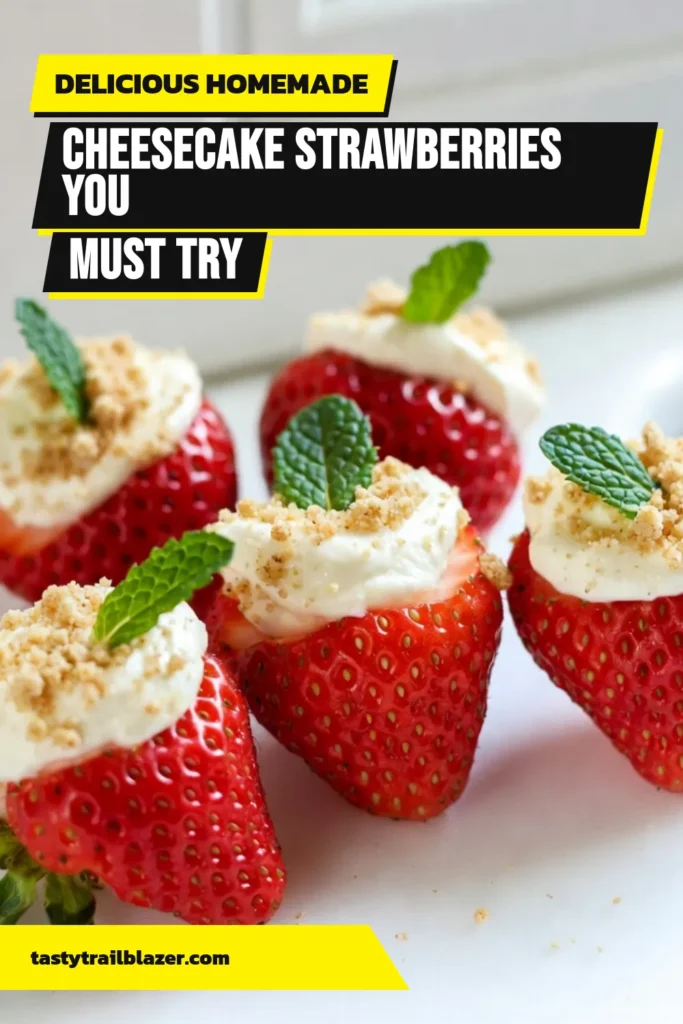 Indulge in these delightful cheesecake stuffed strawberries, perfect for any occasion! This cream cheese strawberry recipe is a no-bake treat that's easy to whip up and is sure to impress your guests. With a creamy filling and a sprinkle of graham cracker crumbs, these strawberry desserts are a fun twist on classic cheesecake. Try this easy dessert recipe today and make your gatherings extra special! Save this recipe for later! #CheesecakeStuffedStrawberries #EasyDessertRecipes #StrawberryDesserts #NoBakeCheesecakeStrawberries