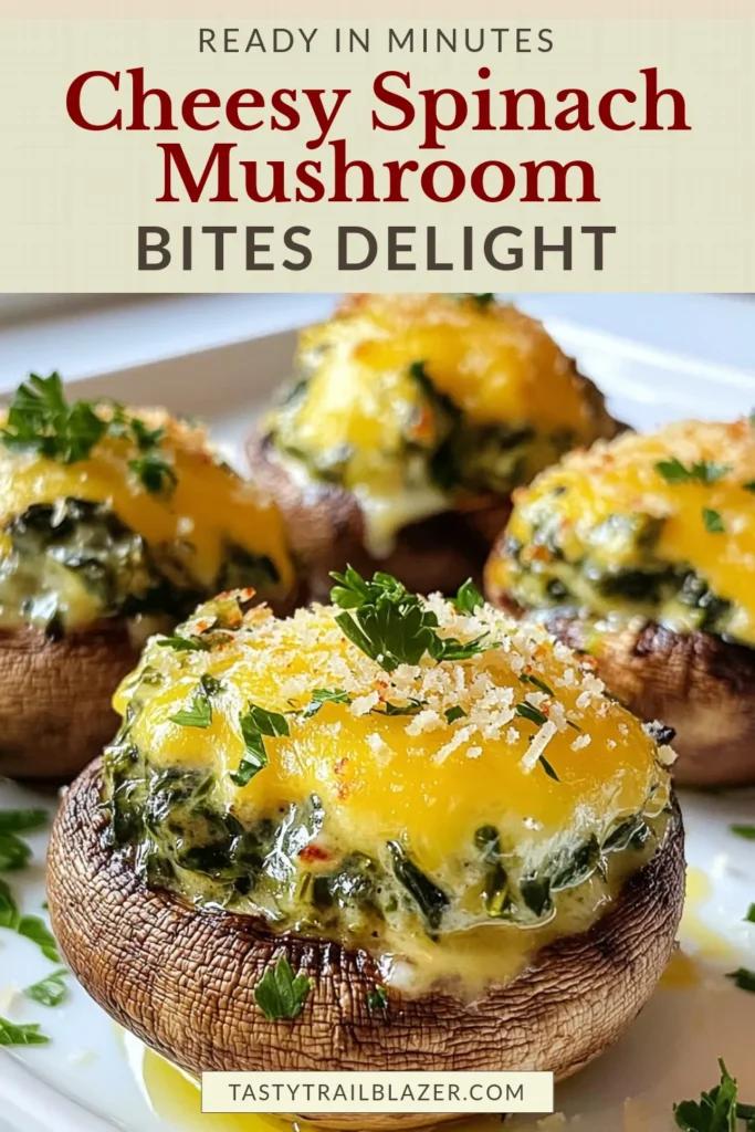 Delight your guests with these Cheesy Spinach Stuffed Mushrooms, a perfect spinach mushroom appetizer for any occasion! This easy stuffed mushroom recipe combines sautéed mushrooms, fresh spinach, and creamy cheeses, all baked to perfection. In just 40 minutes, you can serve these delicious baked spinach mushrooms that are sure to impress. Save this recipe for your next gathering! #CheesySpinachStuffedMushrooms #StuffedMushroomRecipe #SpinachMushroomAppetizer #EasyStuffedMushrooms