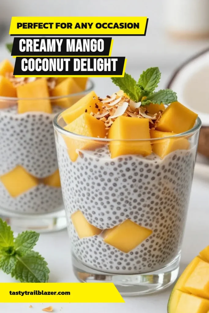 Indulge in the delightful taste of Mango Coconut Chia Pudding, a perfect blend of creamy coconut milk and fresh mango. This easy vegan dessert is not only scrumptious but also a healthy chia seed dessert you can enjoy guilt-free. With layers of coconut milk chia pudding and diced mango, this recipe is sure to impress. Try it out and elevate your dessert game! Save this recipe for your next healthy treat! #MangoCoconutChiaPudding #ChiaSeedDessertRecipes #EasyVeganDessert #HealthyMangoPudding