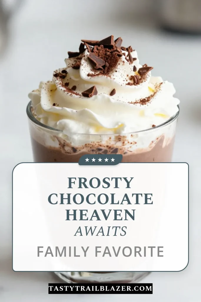 Indulge in this delicious chocolate frosty recipe with our easy frozen hot chocolate! Perfect for warm days or cozy nights, this easy chocolate drink blends rich dark chocolate with smooth ice for a delightful treat. Top with whipped cream for the ultimate chocolate dessert recipe experience. Ready in just 15 minutes! Try it today and savor the creamy goodness. Don’t forget to save this recipe! #FrozenHotChocolate #ChocolateDessert #EasyChocolateDrink #ChocolateFrosty
