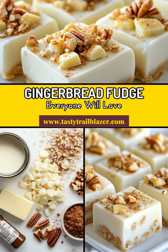 Indulge in our delicious white chocolate gingerbread fudge, the perfect addition to your holiday fudge recipes. This no-bake treat combines creamy white chocolate with the warm spices of gingerbread, making it an easy gingerbread dessert that's sure to impress. Create festive dessert ideas this season with this quick recipe! Click for the full details and start your holiday baking! #WhiteChocolateGingerbreadFudge #HolidayFudgeRecipes #NoBakeTreats #GingerbreadDesserts