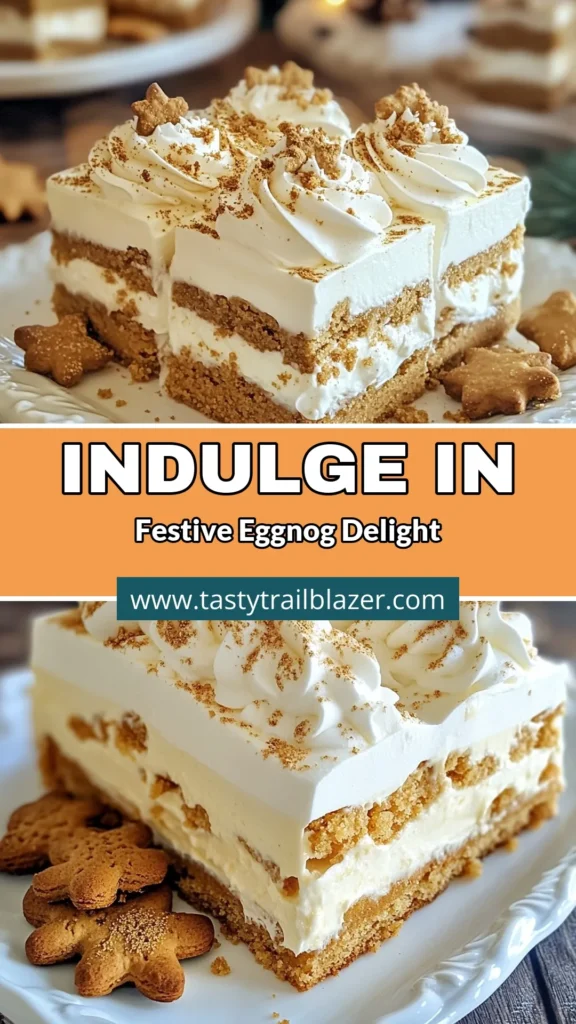 Indulge in the festive flavors with this Eggnog Icebox Cake, a delightful no-bake eggnog dessert perfect for your holiday gatherings. This whipped cream eggnog cake combines creamy eggnog with crunchy graham crackers for a delicious treat. Ideal for those searching for easy Christmas cake recipes, this cake is a guaranteed crowd-pleaser. Save this recipe for a joyful holiday dessert! #EggnogIceboxCake #NoBakeDessert #HolidayRecipes #ChristmasBaking