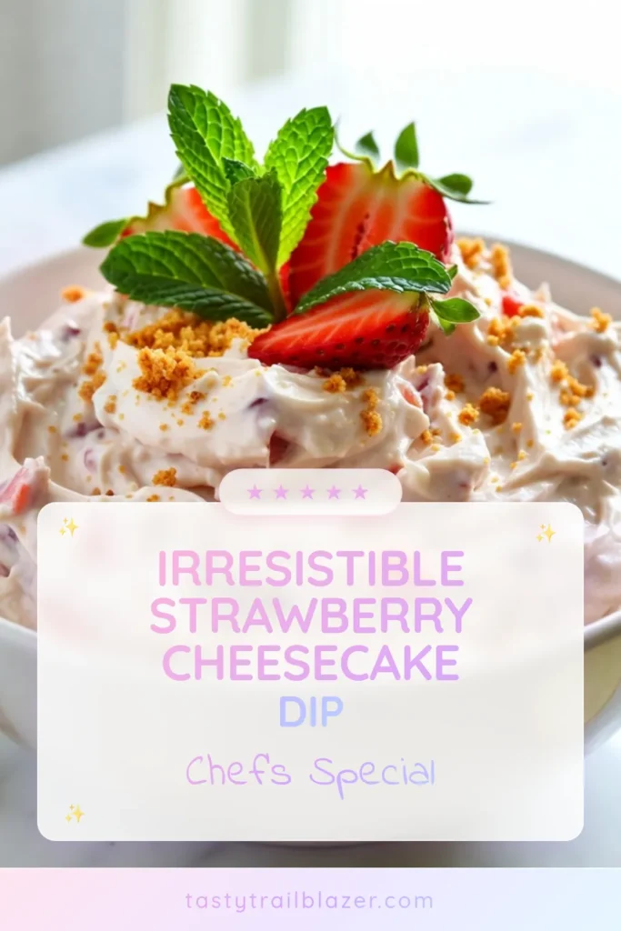 Discover the perfect summer party appetizer with this delicious strawberry cheesecake dip! This easy strawberry dessert combines cream cheese and Greek yogurt, making a delightful no-bake cheesecake dip that’s irresistible. Simply mix, serve with your favorite dippers, and enjoy a refreshing treat. Save this cream cheese dip recipe for your next gathering and impress your guests with a quick and tasty delight! #StrawberryCheesecakeDip #EasyDessert #SummerAppetizers #NoBakeCheesecakeDip
