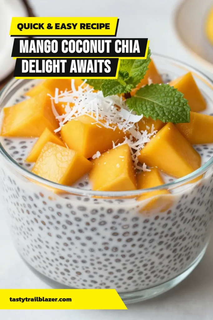 Dive into the tropical bliss of Mango Coconut Chia Pudding! This healthy chia pudding dessert brings together creamy coconut and sweet mango in a delightful combination. It's an easy coconut chia seeds recipe perfect for breakfast or as a refreshing snack. Enjoy this tropical chia pudding layered with mango and coconut, garnished with fresh mint. Save this recipe to bring some sunshine to your table! #MangoChiaPudding #HealthyDesserts #ChiaPudding #TropicalRecipes