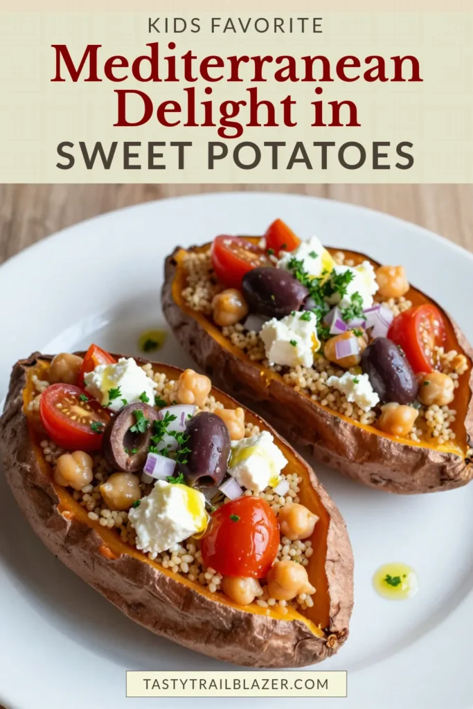 Discover the delicious taste of Mediterranean stuffed sweet potatoes! This healthy sweet potato recipe features a quinoa and chickpea filling that’s perfect for a nutritious meal. Packed with fresh flavors from cherry tomatoes, feta, and olives, these quinoa stuffed sweet potatoes are a must-try. Ideal for anyone seeking vegan Mediterranean recipes, the whole family will love them. Save this chickpea sweet potato recipe for your next meal! #HealthyRecipes #VeganEats #MediterraneanDiet #SweetPotatoLove