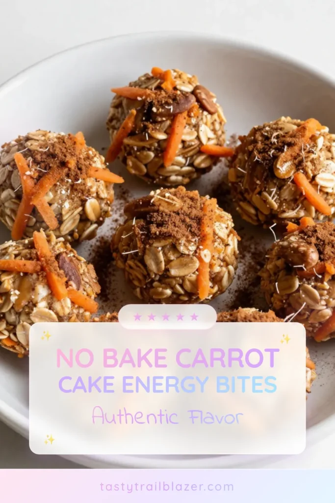 Looking for a delicious and nutritious snack? Try these Carrot Cake Energy Bites! Packed with wholesome ingredients, these no-bake energy bites are a fantastic healthy snack idea and perfect for on-the-go munching. These gluten-free energy bites combine rolled oats, shredded carrots, and nuts for a satisfying treat. Indulge without guilt with these nutritious dessert recipes! Save this recipe for your next healthy snack! #CarrotCakeEnergyBites #HealthySnackIdeas #NoBakeEnergyBites #GlutenFreeEnergyBites