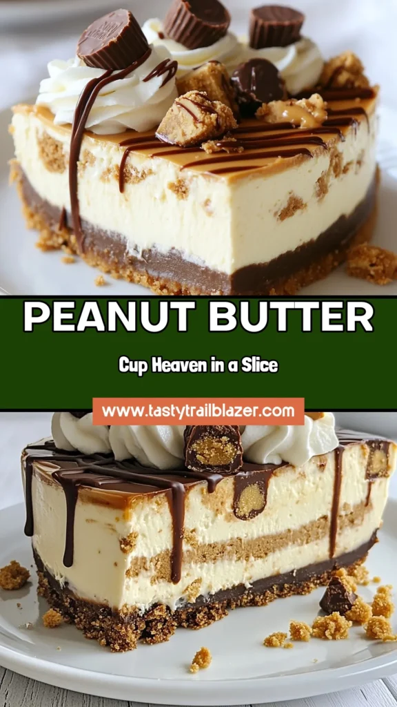 Indulge in this decadent Peanut Butter Cup Cheesecake that's a must-try for dessert lovers! This easy peanut butter cheesecake combines creamy peanut butter and rich chocolate in a no-bake cheesecake dessert you'll adore. Perfect for any occasion, this cheesecake recipe with peanut butter features mini peanut butter cups for that extra touch. Save this chocolate peanut butter dessert recipe for your next gathering! #CheesecakeLovers #PeanutButterDesserts #EasyDesserts #NoBakeCheesecake