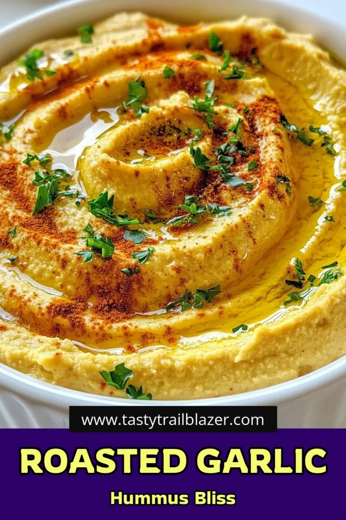 Indulge in the creamy goodness of homemade roasted garlic hummus! This easy hummus with garlic blends chickpeas with tahini for a healthy hummus dip that's perfect for any occasion. Whether you're hosting a party or enjoying a snack, this chickpea hummus with tahini is sure to impress. Try this delightful recipe today and elevate your snacking game! Save this to your board! #RoastedGarlicHummus #HealthyDip #EasyHummus #ChickpeaHummus