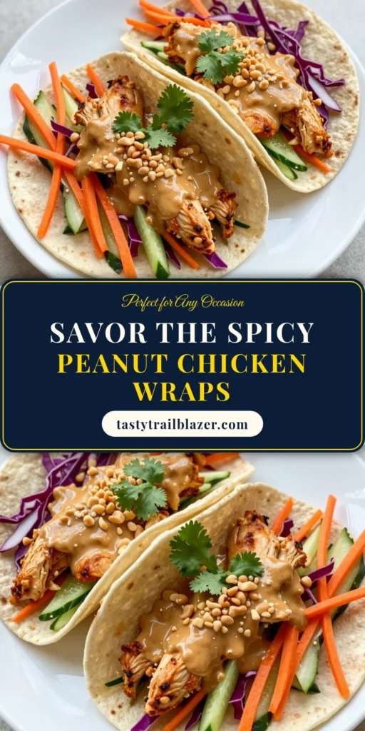 Discover the delicious and easy recipe for spicy peanut chicken wraps! These Asian-inspired wraps combine tender chicken with a creamy spicy peanut sauce, making them perfect for quick weeknight dinners. Packed with fresh veggies, they are not only flavorful but also part of healthy chicken recipes you’ll love. Try these easy tortilla recipes today and make mealtime fun! Save this recipe to impress your family! #SpicyPeanutChickenWraps #HealthyRecipes #EasyDinners #AsianCuisine