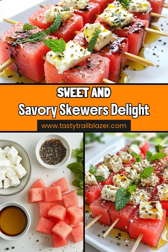 Impress your guests with these delicious watermelon feta skewers! Perfect for summer appetizer recipes, they combine juicy watermelon, creamy feta, and fresh mint leaves on easy fruit skewers. Drizzled with a balsamic reduction, these fresh mint salad bites are a hit at any gathering. Quick to make in just 15 minutes, they'll elevate your next BBQ or picnic. Save this recipe for a refreshing treat! #WatermelonFetaSkewers #SummerAppetizer #EasyFruitSkewers #BalsamicReductionRecipes