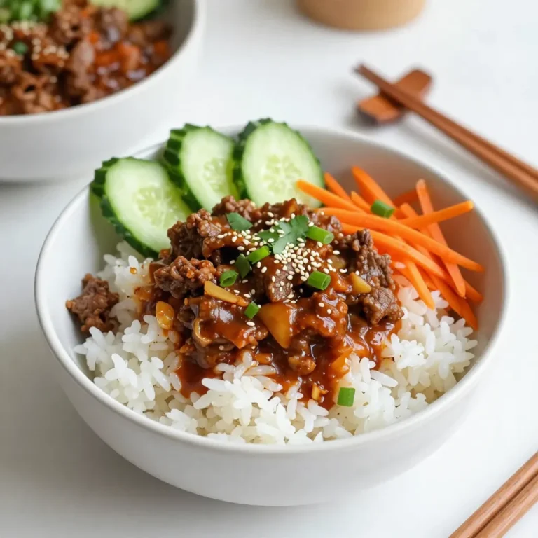 - 1 pound ground beef - 1 tablespoon sesame oil - 3 cloves garlic, minced - 1 inch ginger, grated - 3 tablespoons soy sauce - 1 tablespoon Gochujang (Korean red chili paste) - 1 tablespoon brown sugar - 2 green onions, chopped - 1 cup shredded carrots - 1 cup cooked jasmine rice (or brown rice) - 1 tablespoon sesame seeds These ingredients create a rich and savory flavor in the dish. The ground beef gives it a hearty base. Garlic and ginger add aroma and warmth. Gochujang brings the heat and depth, while brown sugar balances the spice. - Fresh cilantro for garnish - Sliced cucumber for topping Garnishes make your meal look nice and fresh. Cilantro adds a burst of flavor and color. Sliced cucumber gives a cool crunch that contrasts with the warm beef. - Large skillet - Spatula - Small bowl A large skillet helps cook the beef evenly. A spatula is perfect for breaking up the meat. A small bowl is needed to mix the sauce well. These tools make cooking easier and more fun! {{ingredient_image_1}} First, gather all your ingredients. You need: - 1 pound ground beef - 1 tablespoon sesame oil - 3 cloves garlic, minced - 1 inch ginger, grated - 3 tablespoons soy sauce - 1 tablespoon Gochujang (Korean red chili paste) - 1 tablespoon brown sugar - 2 green onions, chopped - 1 cup shredded carrots - 1 cup cooked jasmine rice (or brown rice) - 1 tablespoon sesame seeds - Fresh cilantro for garnish - Sliced cucumber for topping Make sure your kitchen is clean and organized. This helps the cooking process go smoothly. Mince the garlic and grate the ginger. Chop the green onions. Set everything aside for quick access. Heat the sesame oil in a large skillet over medium heat. Add minced garlic and grated ginger. Sauté for about one minute until they smell great. Next, add the ground beef. Use a spatula to break it apart as it cooks. Cook it for about 5-7 minutes until it is browned and no longer pink. In a small bowl, mix the soy sauce, Gochujang, and brown sugar. Pour this sauce over the cooked beef. Stir well to ensure every piece is coated. Let it cook for another 2-3 minutes. This allows the flavors to blend and thicken. Add the shredded carrots and chopped green onions to the beef. Cook for one more minute. This will soften the carrots just a bit while keeping their crunch. Start with a generous scoop of your cooked jasmine rice in a bowl. This rice is the perfect base. Top it with the spicy beef mixture you just made. Now, sprinkle sesame seeds over the top. They add a nice crunch. Finish with fresh cilantro and sliced cucumber for garnish. The cucumber adds a refreshing bite to balance the spice. Enjoy your Spicy Korean Beef Bowl! It’s a simple meal packed with flavor. To make your Spicy Korean Beef Bowls just right, balance is key. Gochujang gives a deep heat. Start with one tablespoon of Gochujang. Taste it, then add more if you like. If you're unsure, add a bit of sugar to cool the heat. For an extra kick, add red pepper flakes or sliced fresh chilies. This way, you control how spicy your dish is. Flavor is what makes this dish shine. The sesame oil adds a nutty taste. Garlic and ginger bring warmth and depth. Mix soy sauce with Gochujang and brown sugar. This blend creates a sweet and spicy sauce. Toss in fresh green onions and carrots for crunch. Don’t forget to top with sesame seeds and cilantro for that fresh finish. These little details take your meal from good to great. Prep time can be quick if you plan. Chop your garlic and ginger ahead of time. Store them in the fridge for easy access. You can also buy pre-shredded carrots to save time. Cook your rice in advance, too. This makes meal prep easy on busy days. Remember, a little planning goes a long way to make cooking fun and simple. Pro Tips Choose the Right Beef: Using ground beef with a higher fat content will give you a richer flavor and juicier texture. Aim for 80/20 beef for the best results. Adjust the Spice Level: If you prefer a milder dish, reduce the amount of Gochujang, or mix it with some regular chili paste. You can always add more spice later! Fresh Garnishes Matter: Adding fresh cilantro and sliced cucumber not only enhances the dish's presentation but also adds a refreshing contrast to the spicy beef. Meal Prep Friendly: This dish can be made ahead and stored in the refrigerator for up to 3 days. Just reheat and serve over fresh rice for an easy meal! {{image_2}} You can easily make a vegetarian version of spicy Korean beef bowls. Use firm tofu instead of ground beef. Press the tofu to remove excess water. Then, crumble it into small pieces. Sauté it in the sesame oil just like the beef. This gives you a great texture. You can also try tempeh or mushrooms for a hearty bite. Both options soak up the sauce well, making them tasty substitutes. Jasmine rice is a classic choice for these bowls. However, you can use brown rice for more fiber. Quinoa is another great option if you want a protein boost. Cauliflower rice is perfect for a low-carb alternative. It cooks quickly and adds a nice crunch. Choose the rice that best fits your diet or taste. Feel free to mix in more veggies to your bowls. Bell peppers add sweetness and color. Broccoli or snap peas give a nice crunch and nutrition. Spinach wilts down quickly, adding greens without much fuss. You can even toss in some zucchini or mushrooms for extra flavor. The key is to add what you love and keep it colorful. To keep your Spicy Korean Beef Bowls fresh, store them in an airtight container. This helps to lock in flavors and moisture. Let the beef cool down first before you close the lid. It's best to eat leftovers within three days. If you want to keep them longer, consider freezing. When you're ready to enjoy your leftovers, reheat them on the stove. Place the beef in a skillet over medium heat. Stir often to warm it evenly. You can add a splash of water or soy sauce to keep it moist. Heat until it's hot all the way through. This usually takes about 5 minutes. You can also use a microwave. Just cover the bowl and heat in short bursts, stirring in between. If you want to freeze your Spicy Korean Beef, place it in a freezer-safe container. This keeps it safe and tasty. Make sure to label it with the date. You can freeze it for up to three months. When you're ready to eat, thaw it in the fridge overnight. After that, reheat it on the stove or in the microwave. This way, you can enjoy a quick meal later! Yes, you can! Ground turkey or chicken works well too. These meats will still soak up the sauce. If you want beef, try flank steak. Just slice it thinly. Remember, cooking time may change. Adjust for the meat you choose. To make it milder, use less Gochujang. Start with one teaspoon. You can also add more brown sugar. This sweetens the dish and balances the heat. For more spice, add extra Gochujang or red pepper flakes. Taste as you go. It’s all about your preference. Many sides work great! Try kimchi for a tangy bite. Pickled veggies add crunch and flavor too. A fresh salad with cucumbers and carrots is nice. You can also serve steamed broccoli or green beans. These sides bring color and balance to your meal. In this blog post, we explored the key ingredients and steps to make Spicy Korean Beef Bowls. We discussed how to prepare the beef, assemble the bowl, and add tasty garnishes. I shared tips for finding the right spice level and gave ideas for variations, like vegetarian options. Proper storage and reheating methods were also covered to keep your meals fresh. Now, it's time for you to enjoy making this delicious dish your way. Happy cooking!