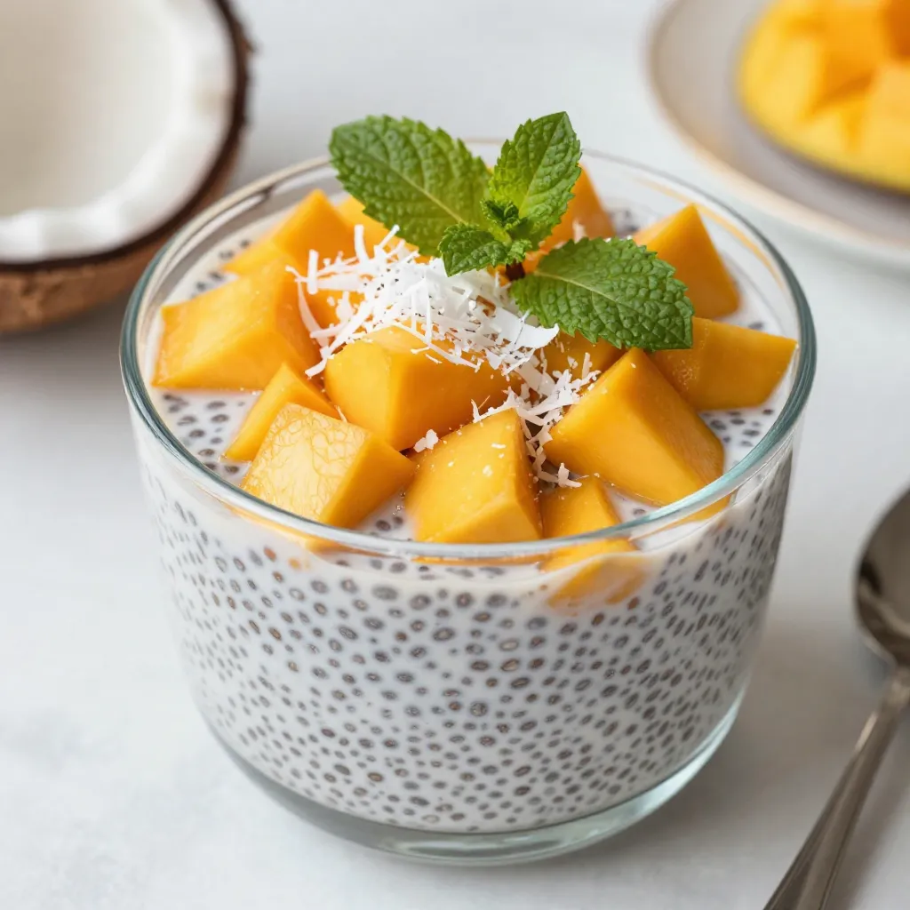 - 1 cup coconut milk (canned or carton) - 1/2 cup chia seeds - 2 tablespoons maple syrup (or honey) - 1/2 teaspoon vanilla extract - 1 ripe mango, diced - 1/2 cup shredded coconut (unsweetened) - Fresh mint leaves for garnish (optional) Coconut milk adds creaminess and healthy fats. It supports heart health and digestion. Chia seeds are full of fiber and protein. They help keep you full and boost energy. Maple syrup or honey gives sweetness and has antioxidants. Ripe mango is rich in vitamins A and C. It promotes skin health and boosts immunity. Shredded coconut adds flavor and healthy fats. Mint leaves can freshen your breath and aid digestion. Use high-quality coconut milk for the best taste. Look for brands with no added sugars. Choose organic chia seeds for better nutrition. Select ripe mangoes that feel soft when pressed. Unsweetened coconut keeps the dish healthy. Fresh mint should be vibrant and green for flavor. {{ingredient_image_1}} 1. Start with a mixing bowl. Add 1 cup of coconut milk. 2. Pour in 1/2 cup of chia seeds. 3. Add 2 tablespoons of maple syrup and 1/2 teaspoon of vanilla extract. 4. Whisk the mixture well until everything blends nicely. 5. Cover the bowl with plastic wrap. 6. Place it in the fridge for at least 4 hours or overnight. To get the best texture, ensure you whisk well. This helps prevent clumps of chia seeds. If you notice clumps after chilling, stir the pudding again. It should feel thick and creamy. If it’s too thick, add a bit more coconut milk. If it’s too runny, let it chill longer. Use clear serving glasses for a pretty look. Start with a layer of chia pudding at the bottom. Next, add a layer of diced mango. Then, sprinkle some shredded coconut on top. Repeat these layers until the glass is full. Finish with more mango and coconut. For a fresh touch, add mint leaves on top. Serve it chilled for a nice, cool treat! You can prepare this mango coconut chia pudding a day before you serve it. Just follow the steps and store it in the fridge. It needs at least four hours to thicken, but overnight is best. This way, you save time and enjoy a quick treat the next day. Want to mix it up? Try adding different fruits, like berries or bananas. You can also swap maple syrup for agave nectar or honey. For a spice kick, add a pinch of cinnamon or nutmeg. These small changes can create new tastes and keep your pudding exciting. Avoid adding too many chia seeds at once. This can make your pudding too thick. Also, don’t skip the refrigeration step. Without chilling, the seeds won’t absorb the liquid properly. Lastly, remember to stir the pudding well before serving. This helps break up any clumps and give it a smooth texture. Pro Tips Use Fresh Mango: For the best flavor, use a ripe, fresh mango. The sweetness and juiciness will enhance your pudding. Chill Time Matters: Allow the chia pudding to chill for at least 4 hours or overnight for optimal texture. This ensures the chia seeds fully absorb the coconut milk. Sweetness Adjustment: Adjust the sweetness according to your taste. Add more maple syrup or honey if you prefer a sweeter pudding. Layering Techniques: For a beautiful presentation, carefully layer the pudding, mango, and coconut. Use a clear glass to showcase the layers. {{image_2}} You can swap mango for other fruits. Try berries, bananas, or kiwi. Each fruit adds its own flavor. Berries bring a tart taste, while bananas add sweetness. Kiwi gives a fresh twist. Mix and match to find your favorite! This recipe is already dairy-free and can be vegan. Use maple syrup instead of honey. You still get all the sweetness without any animal products. Coconut milk is creamy and rich, making it perfect for this pudding. Toppings make the pudding fun and tasty. You can add nuts, seeds, or more fruit. Chopped almonds or walnuts add crunch. Pumpkin or sunflower seeds boost nutrition. You can also drizzle more maple syrup or honey on top for extra sweetness. Fresh mint leaves add a nice touch too! To keep leftover chia pudding fresh, place it in a clean, airtight container. This prevents any odors from your fridge from mixing with your pudding. You can also use a glass jar for easy storage and serving. Make sure to seal it tightly. Store it in the refrigerator to maintain its cool texture. Mango coconut chia pudding lasts for about 5 days when stored properly. It will stay fresh and tasty. Over time, the pudding may thicken more as the chia seeds absorb liquid. If it gets too thick, just stir in a bit of coconut milk to loosen it up. You can freeze mango coconut chia pudding if you want to save some for later. Use freezer-safe containers to avoid freezer burn. When ready to enjoy, let it thaw in the fridge overnight. Stir well after thawing to restore its smooth texture. Do not freeze the pudding for more than a month for best flavor. Yes, you can use other types of milk. Almond milk, oat milk, or soy milk work well. Just make sure to keep the same amount. Each milk will change the flavor a bit. Coconut milk gives a rich taste, but other milks can add their own flair. You will know the chia pudding is ready when it thickens. After mixing, let it sit for at least four hours. You can also leave it overnight for a better texture. Check for clumps of seeds. If it looks smooth and thick, it’s ready to enjoy! You can serve this pudding with many tasty add-ons. Fresh fruit like berries or kiwi adds color and flavor. You can also sprinkle nuts for a crunchy bite. For a fun twist, add a drizzle of honey or maple syrup. Mint leaves make a lovely garnish too! We explored the key ingredients and their health perks, plus how to make chia pudding. I shared step-by-step instructions to help you create the best version. You learned tips for storage and how to avoid common mistakes. Incorporating variations keeps your chia pudding exciting. This dish is easy, healthy, and fun. Now it’s your turn to make delicious mango coconut chia pudding! Enjoy every spoonful and get creative with your flavors.