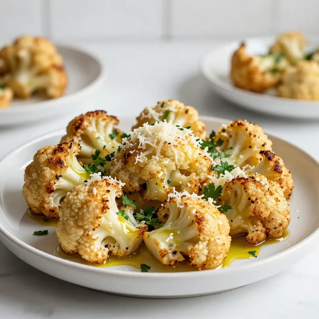 - 1 large head of cauliflower - 4 tablespoons olive oil - 4 cloves garlic, minced - ½ cup grated Parmesan cheese - 1 teaspoon onion powder - ½ teaspoon smoked paprika - ½ teaspoon salt - ¼ teaspoon black pepper - 2 tablespoons fresh parsley, chopped Garlic Parmesan Roasted Cauliflower is simple and tasty. You need just a few fresh foods. The main star is the cauliflower, which we cut into small florets. A large head gives you enough for four servings. The olive oil adds richness and helps the spices stick. I use four cloves of garlic for that bold flavor. Next, let’s talk about the spices. Onion powder adds a savory note. Smoked paprika gives a nice warmth and depth. Salt and black pepper are key to enhancing all the flavors. Finally, we have the garnish. Fresh parsley adds color and a burst of freshness. It’s a great finish to this dish. Gather these ingredients before cooking, and you’re ready to create a delicious side or snack! {{ingredient_image_1}} First, cut the large head of cauliflower into bite-sized florets. Make sure they are even in size. This helps them cook uniformly. Next, preheat the oven to 400°F (200°C). A hot oven will give you that nice, crispy texture. In a big mixing bowl, combine the cauliflower florets with 4 tablespoons of olive oil. Add in 4 minced cloves of garlic, 1 teaspoon of onion powder, ½ teaspoon of smoked paprika, ½ teaspoon of salt, and ¼ teaspoon of black pepper. Toss everything well to coat the florets evenly. You want every piece to soak up those flavors. Now, spread the cauliflower mixture on a baking sheet lined with parchment paper. Make sure they are in a single layer. Roast them in your preheated oven for 25 to 30 minutes. Stir them halfway through to ensure even roasting. When the cauliflower is tender and golden brown, take it out. Sprinkle ½ cup of grated Parmesan cheese over the hot cauliflower. Return it to the oven for an extra 5 minutes. This will melt the cheese and make it bubbly. Enjoy the smell as it fills your kitchen! To get that perfect golden brown color on your cauliflower, start by spreading the florets in a single layer. This helps them roast evenly. The key is to stir the cauliflower halfway through cooking. This makes sure all sides get nice and crispy. You want to roast it at 400°F (200°C) for about 25-30 minutes. Keep an eye on it, as oven times can vary. For a bright twist, add lemon zest to your mix. Just a little zest can lift the flavors. You can also try different cheese varieties. A mix of Parmesan with cheddar or Gruyère can offer a rich taste. Experiment with cheese to find what you love best. Garlic Parmesan roasted cauliflower pairs well with many dishes. It makes a great side for grilled chicken or fish. You can also toss it into salads for extra crunch. Another idea is to use it as a filling for wraps or grain bowls. The options are endless, so get creative! Pro Tips Choosing the Right Cauliflower: Look for a cauliflower head that is firm, with tight florets and no brown spots. Freshness will enhance the flavor and texture of your dish. Garlic Variations: For a milder garlic flavor, roast the garlic cloves whole and then mash them into a paste before mixing with the cauliflower. This will provide a subtle garlic essence. Cheese Alternatives: If you're looking for a different flavor, try using Pecorino Romano or nutritional yeast for a vegan option. Both can add a unique taste to your roasted cauliflower. Perfect Roasting: Make sure to spread the cauliflower in a single layer on the baking sheet to ensure even roasting. Crowding the pan can lead to steaming rather than roasting. {{image_2}} You can add a kick to your dish by making spicy garlic Parmesan roasted cauliflower. Just add some red pepper flakes or cayenne pepper to the olive oil mix. This will give your cauliflower a nice heat. You can also try an herb-crusted version. Add dried herbs like thyme or oregano to the seasoning mix. This brings a fresh taste that complements the garlic. If you want a vegan version, skip the cheese. Instead, use nutritional yeast. It adds a cheesy flavor without dairy. For a low-carb option, use cauliflower rice instead of florets. This keeps the dish light and healthy while still packed with flavor. You can mix in other vegetables for a colorful medley. Try adding bell peppers, carrots, or broccoli. They roast well and add different textures. For seasonal variations, use ingredients like Brussels sprouts in the fall or asparagus in the spring. This keeps your meals fresh and fun all year round. To keep your Garlic Parmesan Roasted Cauliflower fresh, store leftovers in an airtight container. Place the container in your fridge. This method keeps the cauliflower tasty and helps avoid drying out. Garlic Parmesan Roasted Cauliflower lasts up to three days in the fridge. If you want to freeze your roasted cauliflower, follow these steps: 1. Allow the dish to cool completely. 2. Spread the cauliflower in a single layer on a baking sheet. 3. Freeze for about one hour. This prevents clumping. 4. Transfer the frozen cauliflower to a freezer-safe bag or container. 5. Label the bag with the date. You can freeze it for up to three months. To thaw it, place the frozen cauliflower in the fridge overnight. For reheating, you can use an oven or a microwave. To maintain texture, the oven is your best bet. Preheat the oven to 350°F (175°C). Spread the cauliflower on a baking sheet. Heat for about 10-15 minutes until warm. Using a microwave is faster but may make it soft. Place the cauliflower in a microwave-safe dish. Heat for 1-2 minutes, stirring halfway through. Enjoy your delicious leftovers any way you choose! You can pair Garlic Parmesan Roasted Cauliflower with many dishes. Here are some great ideas: - Grilled chicken or fish for protein. - Quinoa or rice for a filling base. - A fresh salad for added crunch. - Pasta for a hearty meal. These pairings boost flavor and balance your plate. Feel free to mix and match based on your taste! Yes, you can use frozen cauliflower. Here are some tips: - Thaw the cauliflower first to help it roast evenly. - Pat it dry with a towel. This helps remove moisture. - Adjust cooking time. Frozen pieces may need a few extra minutes. Using frozen cauliflower is a great time-saver. Just ensure it roasts well for the best taste! To make Garlic Parmesan Roasted Cauliflower gluten-free, follow these steps: - Use gluten-free olive oil and seasoning brands. - Check that your Parmesan cheese is labeled gluten-free. - Avoid cross-contamination with gluten-containing foods. These steps ensure your dish stays safe for those with gluten sensitivities. Enjoy your tasty, gluten-free side! Roasting cauliflower can transform it into a tasty dish. We covered the ingredients, steps, and tips needed for great results. Remember to mix well, roast until golden, and enhance flavors with spices. You can even adapt the recipe for different diets or mix in other veggies. Store any leftovers wisely to keep them fresh. Enjoy experimenting with new flavors and serving ideas! This versatile dish makes every meal better.