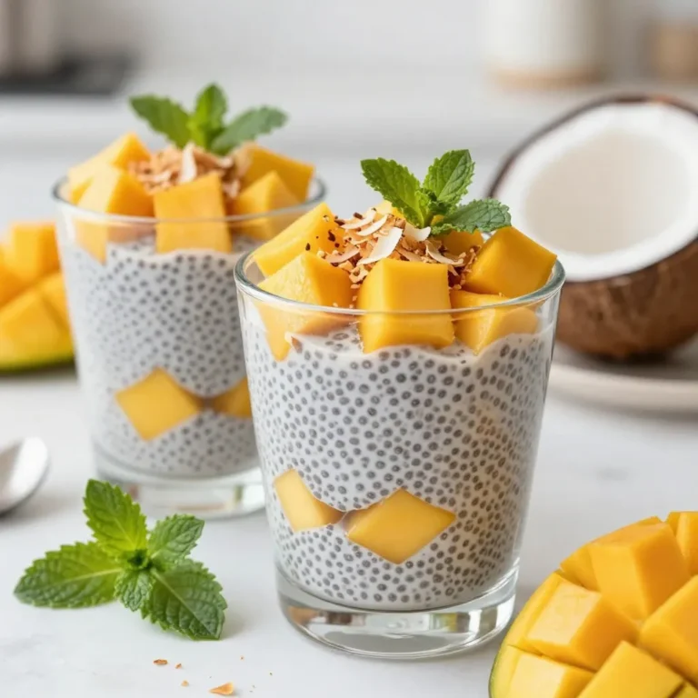 - 1 cup coconut milk (canned or fresh) - 1/4 cup chia seeds - 2 tablespoons maple syrup (or honey) - 1 ripe mango, diced - 1/2 teaspoon vanilla extract - A pinch of salt - Toasted coconut flakes (for topping) - Mint leaves (for garnish) This recipe makes four servings. Each serving has around: - Calories: 200 - Protein: 4 grams - Fat: 10 grams - Carbohydrates: 28 grams - Fiber: 10 grams - Sugars: 6 grams - Chia seeds: Packed with fiber, protein, and omega-3 fatty acids, chia seeds are great for digestion and heart health. - Coconut milk: This creamy milk has healthy fats that can boost energy levels and support brain health. - Mango: Rich in vitamins A and C, mangoes improve skin health and boost immunity. - Maple syrup: A natural sweetener, it has antioxidants and can help maintain healthy blood sugar levels. - Mint leaves: These add flavor and can aid digestion, making your pudding not just tasty but also good for you. {{ingredient_image_1}} To start, gather all your ingredients. You will need: - 1 cup coconut milk (canned or fresh) - 1/4 cup chia seeds - 2 tablespoons maple syrup (or honey) - 1 ripe mango, diced - 1/2 teaspoon vanilla extract - A pinch of salt - Toasted coconut flakes (for topping) - Mint leaves (for garnish) In a mixing bowl, add the coconut milk, chia seeds, maple syrup, vanilla extract, and salt. Stir the mixture well. Ensure the chia seeds are evenly mixed. This step is key for a smooth texture. After mixing, cover the bowl with plastic wrap or a lid. Place it in the fridge for at least 4 hours. You can also leave it overnight. This time allows the chia seeds to absorb the liquid. They will swell and create a thick pudding. Once the time is up, check the pudding. It should feel creamy and thick. Give it a gentle stir to mix everything again. Now it’s time to serve! Grab your favorite bowls or clear glasses. Start by adding a layer of chia pudding to each one. Then, add a layer of diced mango on top. You can repeat these layers until the bowls are full. Finish each serving with toasted coconut flakes. Add a few mint leaves for a fresh touch. This adds color and aroma to your dish. For a lovely presentation, you can place a slice of fresh mango on the rim of each glass. Enjoy your beautiful and tasty Mango Coconut Chia Pudding! To make your chia pudding just right, use the right ratio of chia seeds to liquid. I find that 1/4 cup of chia seeds to 1 cup of coconut milk works well. Stir the seeds into the milk thoroughly. This helps them soak up the liquid evenly. After refrigerating, check the texture. It should be thick and creamy, not runny. If it seems too loose, add more chia seeds and let it sit longer. Taste is key. Start with 2 tablespoons of maple syrup or honey. You can always add more later. If you want a more tropical taste, add a bit of vanilla extract. A pinch of salt can enhance the sweetness too. For a fun twist, try adding a squeeze of lime juice. This gives a nice zing to the pudding. Keep your prep simple. A mixing bowl and a whisk are all you need. Use a clear glass or bowl for serving. This shows off the beautiful layers of mango and pudding. A sharp knife will help you dice the mango easily. For topping, a small skillet works well for toasting the coconut flakes. Just heat them for a few minutes until golden. These tools will help you create a beautiful dish. Pro Tips Use Fresh Coconut Milk: For a richer flavor, opt for fresh coconut milk if available. It enhances the overall creaminess of the pudding. Adjust Sweetness: Taste the mixture before refrigerating and adjust the sweetness according to your preference. You can add more maple syrup or honey if you like it sweeter. Chill Longer for Best Texture: Letting the chia pudding sit overnight will yield the best texture, allowing the seeds to fully absorb the liquid and swell. Layer Creatively: Get creative with your layers! Try adding other fruits like kiwi or berries for a colorful and nutritious twist. {{image_2}} You can swap coconut milk with almond, soy, or oat milk. Each milk gives a unique taste. Almond milk adds a nutty flavor, while soy milk is creamier. Oat milk provides a mild, sweet taste. Just choose what you like best. Besides mango, many fruits work well in this pudding. Try strawberries, blueberries, or kiwi for color and taste. Layer different fruits to create a rainbow effect. This adds fun and makes it look great. This recipe is naturally vegan and gluten-free. All ingredients, like chia seeds and fruit, fit these diets. If you want more protein, add nuts or seeds. This keeps your pudding tasty and healthy. Enjoy it without worry! To store leftover mango coconut chia pudding, place it in an airtight container. Keep the container in the fridge. This way, it stays fresh and tasty for later. Make sure to use it within a few days for the best flavor and texture. You can freeze chia pudding for later use. Pour it into freezer-safe containers or bags. Leave some space at the top, as the pudding will expand as it freezes. When ready to enjoy, thaw it in the fridge overnight. Stir well before serving. Mango coconut chia pudding lasts about 4-5 days in the fridge. Keep it covered to prevent drying out. If you see any change in color or smell, it's best to toss it. For the best taste, eat it fresh or within a few days. Always check for signs of spoilage before enjoying. Yes, you can use other types of milk. Almond milk, oat milk, or soy milk work well. Each milk adds a unique flavor. Coconut milk gives a creamy richness, but other milks can be just as tasty. If you want a lighter pudding, try almond or oat milk. Just remember to keep the same amount, one cup. Chia pudding lasts about five days in the fridge. Make sure to store it in a sealed container. Keeping it covered helps it stay fresh and tasty. I often make a big batch for the week. It’s a great grab-and-go breakfast or snack. You can add many toppings to your pudding! Fresh fruits like berries or bananas add color and taste. Nuts or seeds give a nice crunch. You could also try yogurt for creaminess. Experiment with spices like cinnamon or nutmeg for warmth. The options are endless! This blog explored the key ingredients for delicious chia pudding. We discussed each ingredient's nutrition and health benefits. I shared simple steps to prepare, store, and enjoy your pudding. You learned tips for perfecting texture and flavor, plus other fun variations. In closing, chia pudding is easy to make and customize. Experiment with flavors to fit your taste. Enjoy your healthy treat!