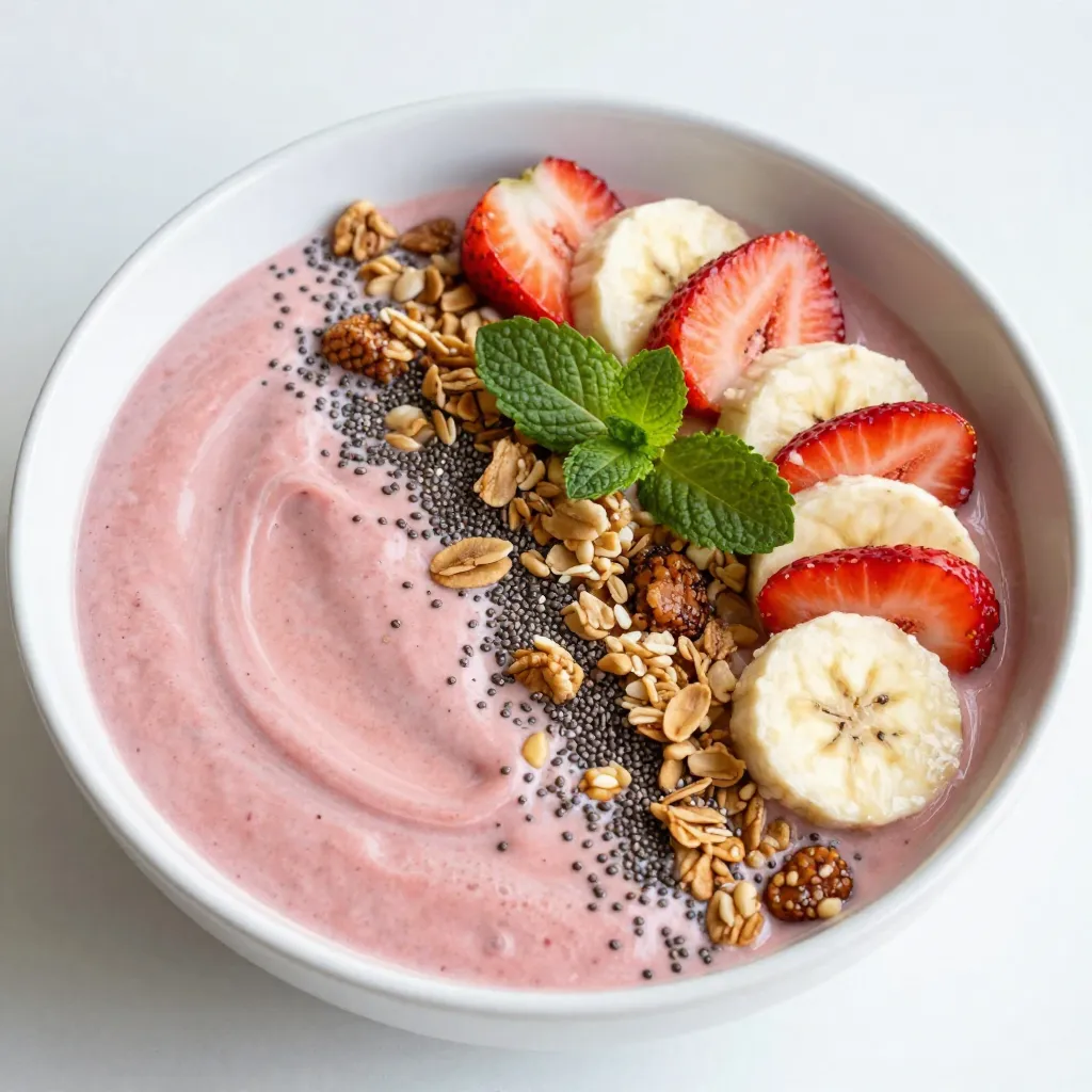 To make a tasty strawberry banana smoothie bowl, gather these main ingredients: - 1 cup frozen strawberries - 1 ripe banana - 1/2 cup almond milk (or any preferred milk) - 1/4 cup Greek yogurt (for creaminess) These fresh flavors blend well together. The frozen strawberries give the bowl a chill. The ripe banana adds sweetness and a nice texture. Almond milk makes it creamy without being heavy. Greek yogurt boosts creaminess and adds protein. You can add sweeteners if you like your smoothie sweeter. Here are two choices: - 1 tablespoon honey - 1 tablespoon maple syrup These sweeteners mix well with the fruits. Choose honey if you want a mild taste. Maple syrup adds a rich flavor. You can skip them if you prefer a natural taste. Toppings make your smoothie bowl fun and tasty. Here are some great options: - 1/4 cup granola (for crunch) - 1 tablespoon chia seeds (for added nutrition) - Fresh strawberries and banana slices (for garnish) - Mint leaves (for a fresh touch) Granola adds a crunchy contrast to the smooth base. Chia seeds pack a nutritional punch. Fresh fruit slices make your bowl look pretty. Mint leaves brighten the dish with color and flavor. With these toppings, you can create a beautiful and healthy meal. {{ingredient_image_1}} To start, gather your ingredients. You need 1 cup of frozen strawberries, 1 ripe banana, and 1/2 cup of almond milk. You can also add 1/4 cup of Greek yogurt for creaminess. If you like, include 1 tablespoon of honey or maple syrup for sweetness. Place all these ingredients in a blender. Blend on high speed until the mix is smooth. If the mixture sticks to the sides, stop blending and scrape it down. This will help it blend better. You want a thick and creamy texture for your smoothie bowl. If it’s too thick, add a bit more almond milk. Blend again until you reach the right consistency. It should flow easily but still hold its shape in the bowl. Once smooth, pour the mixture into a bowl. Make sure it covers the bottom evenly. Now for the fun part! Use a spoon to create a smooth surface on top of your mixture. This will make it look nice. Next, it’s time to add toppings. Sprinkle 1/4 cup of granola over the top. Then, add 1 tablespoon of chia seeds for extra nutrition. Decorate with fresh strawberry and banana slices. You can arrange them in a fun pattern. Finally, add a few mint leaves on top for a pop of color. Your strawberry banana smoothie bowl is now ready to enjoy! To get that perfect creamy texture, use frozen strawberries. They blend smoothly and add chill. Also, ripe bananas are key. They bring natural sweetness and thick texture. Greek yogurt boosts creaminess too. Start with 1/4 cup for a rich, smooth blend. If you want it even thicker, add more yogurt. You can mix and match ingredients easily. Try different fruits like mango or blueberries. For a bit of zing, add a squeeze of lime. If you want a sweeter taste, use honey or maple syrup. Just 1 tablespoon is enough to enhance flavor without overpowering it. You can also swap almond milk for coconut milk for a tropical twist. Presentation matters! Once your smoothie is ready, pour it into a bowl. Use a spoon to create a smooth, even surface. This helps your toppings stick and look nice. For toppings, add granola, chia seeds, and fresh fruit in a colorful pattern. Finish with mint leaves for a pop of color. Serve it right away for the best experience. Pro Tips Use Ripe Bananas: The riper the banana, the sweeter and creamier your smoothie bowl will be. Look for bananas with lots of brown spots for optimal flavor. Frozen Fruit Advantage: Using frozen strawberries not only makes your smoothie bowl cold and refreshing but also gives it a thicker texture without needing ice. Customize Your Toppings: Feel free to experiment with different toppings like nuts, seeds, or other fruits. This adds variety and extra nutrition to your smoothie bowl. Blend in Layers: If you're adding multiple ingredients, blend them in layers for a smoother consistency. Start with the liquids and softer fruits, then add the frozen items. {{image_2}} You can change the fruit for fun flavors. Try mango for a tropical twist. Blueberries add a sweet touch. Peaches offer a juicy bite. Just keep the same amount for a great blend. To make this bowl dairy-free, swap Greek yogurt with coconut yogurt. Almond milk can be replaced with oat milk or soy milk. This keeps it creamy without dairy. Want to make it healthier? You can add protein powder or nut butter. A scoop of protein powder blends in well. Nut butter adds flavor and good fats. For fiber, mix in ground flaxseed or more chia seeds. This boosts nutrition without changing taste. If you have extra smoothie bowl, store it in a sealed container. Keep it in the fridge and eat it within one day. The longer it sits, the less fresh it tastes. You can stir it before eating to mix any separation that may happen. You can freeze any leftover smoothie mixture for later use. Pour the mixture into ice cube trays or freezer bags. When you're ready to enjoy it again, blend the frozen cubes with a little milk. This gives you a quick and easy treat. To keep your ingredients fresh, store them properly. Place strawberries in the fridge but don’t wash them until you’re ready to use them. Bananas should stay at room temperature. Almond milk lasts longer when kept in a cool, dark place. Always check the dates on your yogurt and milk products to ensure they are fresh. Yes, you can use fresh strawberries. The smoothie bowl will taste great. If you want it cold, add ice. Frozen strawberries make the bowl thicker and creamier. They also help keep the drink chilled. To make this smoothie bowl vegan, choose almond milk or another plant-based milk. Replace Greek yogurt with coconut yogurt. For sweetness, use maple syrup instead of honey. This way, you keep all the flavors and make it plant-based. You can add many toppings! Sliced kiwi, blueberries, or nuts are great choices. You can also sprinkle seeds like pumpkin or sunflower seeds. Shredded coconut adds a nice touch too. Get creative and mix your favorites! To make the smoothie bowl thicker, use less almond milk. You can also add more frozen fruit. Bananas or avocados can help too. Blend until smooth, but do not overdo it. The right balance gives you that perfect texture. This blog post covered how to make a great smoothie bowl. You learned about fun ingredients, tasty toppings, and easy steps to follow. I shared tips for creaminess and ways to make it your own. Variations included using different fruits and adding protein. You also found storage tips to keep leftovers fresh. Smoothie bowls are simple to make and fun to eat. Enjoy creating your own unique bowls!