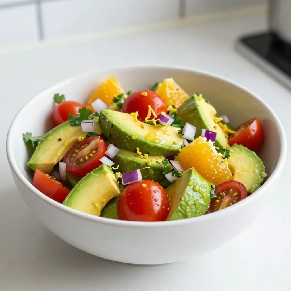 To make a delicious citrus avocado salsa, gather these fresh ingredients: - 2 ripe avocados, diced - 1 cup cherry tomatoes, halved - 1 medium red onion, finely chopped - 1 cup fresh cilantro, chopped - 2 oranges, segmented and chopped - 1 lime, juiced - 1 jalapeño, seeded and minced (optional) - Salt and pepper to taste These vibrant items create a tasty blend of flavors. The avocados add a creamy texture. The tomatoes bring sweetness, while red onion offers a sharp bite. Fresh cilantro adds a bright touch. The oranges and lime contribute zesty notes that bring everything together. Feel free to adjust the jalapeño for heat. If you want a kick, add it in. If you prefer mild, leave it out. Remember, fresh ingredients make the best salsa. So, choose ripe avocados and firm tomatoes for the best taste. Enjoy this zesty salsa with chips or as a topping on your favorite meals! {{ingredient_image_1}} First, get your ripe avocados. Cut them and dice them into small pieces. Next, halve the cherry tomatoes. Chop the red onion finely. Take fresh cilantro and chop it as well. Segment the oranges and chop them into bite-sized pieces. If you like heat, mince the jalapeño and set it aside. In a large mixing bowl, add the diced avocados. Gently mix in the halved cherry tomatoes, red onion, chopped cilantro, and orange segments. If using, add the minced jalapeño now. Be careful when mixing; you want to keep the avocado chunks intact. Now, squeeze the juice from one lime over the mixture. This adds zesty flavor and helps keep the avocado green. Gently fold the salsa together. Make sure the lime juice coats everything evenly. Season with salt and pepper to taste. You can adjust the salt and pepper based on your preference. Let the salsa sit for about 10 minutes at room temperature. This allows all the flavors to blend nicely. The wait will make this salsa even tastier! You can serve this citrus avocado salsa with tortilla chips for a fun snack. It also works great on tacos or as a topping for grilled chicken or fish. Enjoy this fresh and vibrant dish with friends or family! To pick the best avocados, look for ones that feel slightly soft when you press them. A ripe avocado should have a dark green skin. Avoid those with large dark spots. If they feel hard, they need more time to ripen. You can speed up ripening by putting them in a paper bag with a banana. Fresh citrus fruits have a bright color and firm skin. When you squeeze them, they should feel heavy and juicy. Avoid any that feel dry or have soft spots. Store them in a cool place, or refrigerate them to keep them fresh longer. If you want a kick, add minced jalapeño. Remove the seeds to tone down the heat. Start with a small amount, taste, and add more if you want. This way, you can control the spice level to fit your taste. Pro Tips Choose Ripe Avocados: Make sure your avocados are perfectly ripe for the best flavor and creamy texture. They should yield slightly to gentle pressure when squeezed. Use Fresh Ingredients: Fresh cilantro and other ingredients enhance the taste of the salsa significantly. Try to use fresh produce for the best outcome. Adjust Heat to Taste: If you prefer a milder salsa, omit the jalapeño or use less. For extra kick, leave the seeds in or add a pinch of cayenne pepper. Serve Chilled: For an even more refreshing taste, chill the salsa in the refrigerator for about 30 minutes before serving. {{image_2}} You can make this salsa even brighter by adding fruits. Try diced mango or pineapple for sweetness. They blend well with the creaminess of avocado. You can also add diced apples for a crunchy twist. Each fruit brings its unique taste and texture, enhancing your salsa. Remember, balance is key. Use fruits that complement the citrus flavors, like berries or peaches. While cilantro shines in this recipe, other herbs can add depth. Consider using fresh mint for a refreshing taste. Basil also works great, giving a sweet note. Chives can add a mild onion flavor without being too strong. Experiment with these herbs to find your favorite mix. Fresh herbs not only enhance flavor but also make your salsa pop with color. If you like heat, think beyond jalapeños. You can add diced serrano peppers for a bolder kick. Chipotle in adobo sauce offers a smoky flavor that adds complexity. For a unique twist, try adding a splash of hot sauce or diced green chilies. Always taste as you go to find the right heat level for you. Adjusting spice levels can make your salsa truly your own. To keep your Citrus Avocado Salsa fresh, store it in an airtight container. This helps prevent air from getting in. If you have extra lime juice, add a bit more to the salsa. Lime juice slows down browning in avocados. Citrus Avocado Salsa stays fresh for about two days in the fridge. After that, the avocados may turn brown. If you notice browning, it is still safe to eat, but the look changes. Freezing this salsa isn’t the best idea. The avocados will become mushy when thawed. If you want to make it ahead, prepare the salsa without avocados. Freeze the other ingredients. Add fresh avocados when you are ready to serve. Yes, you can make this salsa ahead of time. However, it is best to serve it fresh. If you must prepare it early, try to add the lime juice right before serving. This will help keep the flavors bright. Citrus avocado salsa pairs well with many dishes. Here are some ideas: - Tortilla chips - Tacos - Grilled chicken - Fish - Burritos These options make your meals fun and flavorful. To keep avocados from browning, use lime juice. The acid in lime juice slows the browning process. Mix the juice in as soon as you dice the avocados. Yes, you can make salsa without citrus fruits. You can use vinegar instead. Try adding a splash of apple cider or red wine vinegar. This adds a tangy flavor, but it won't taste the same. Yes, this salsa is great for meal prep. Just store it in an airtight container. Keep it in the fridge for up to three days. Remember to add lime juice to keep it fresh longer. This blog post guides you through making a fresh Citrus Avocado Salsa. We covered the key ingredients, like ripe avocados and juicy oranges. Then, I shared step-by-step instructions for prep and serving. You learned helpful tips for choosing fresh fruits and varying flavors. Lastly, I explained how to store leftovers safely. Enjoy this vibrant salsa as a snack or a topping. It's easy and fun to make!