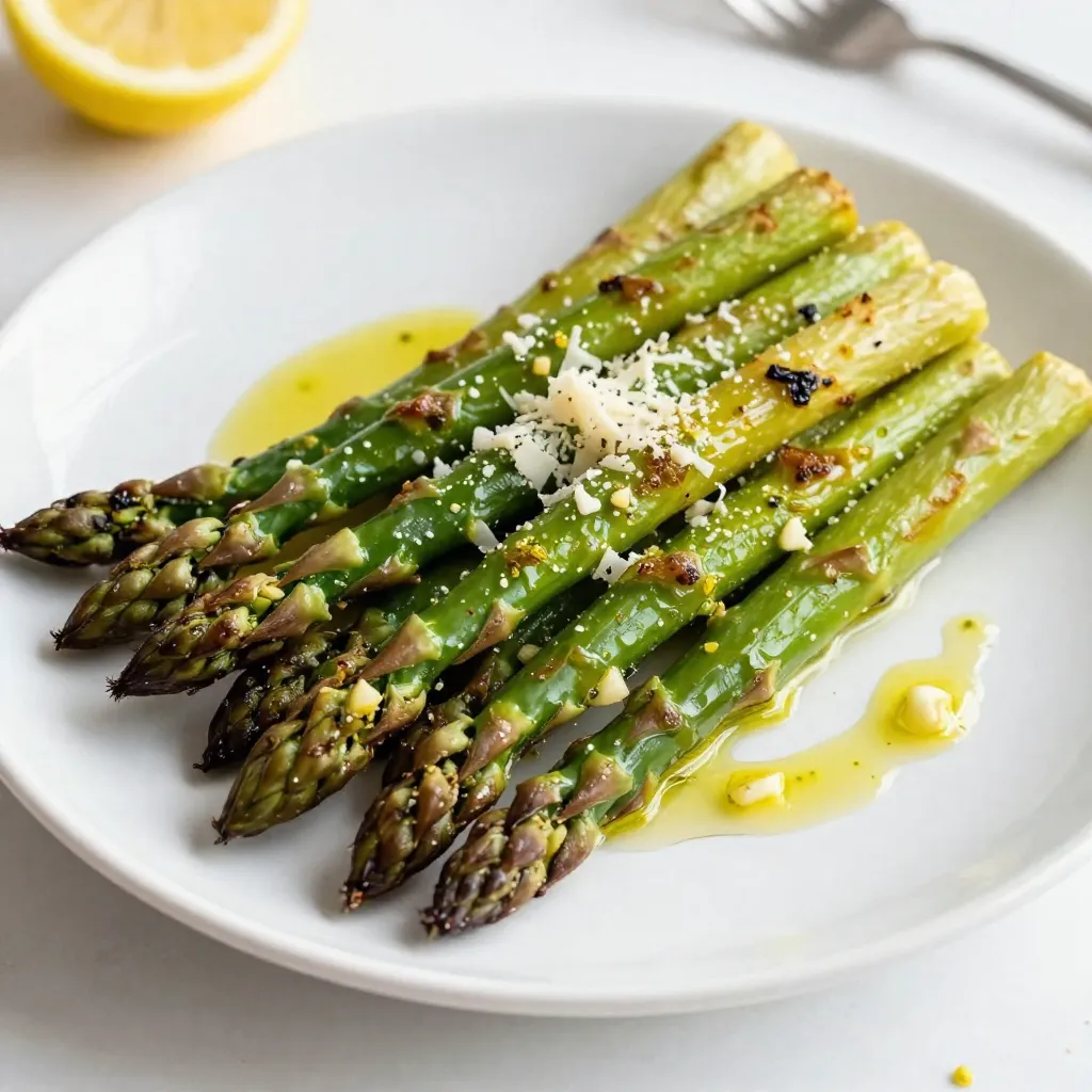 To make lemon garlic roasted asparagus, gather these items: - 1 pound fresh asparagus, trimmed - 3 tablespoons olive oil - 3 cloves garlic, minced - Zest of 1 lemon - 2 tablespoons lemon juice - 1 teaspoon salt - ½ teaspoon black pepper - ¼ teaspoon red pepper flakes (optional, for spice) - Fresh parmesan cheese for garnishing (optional) If you need swaps, here are some ideas: - Use avocado oil instead of olive oil for a different flavor. - Garlic powder can replace fresh garlic if you’re short on time. - For a twist, try lime juice and zest instead of lemon. - You can skip red pepper flakes if you prefer no heat. - Nutritional yeast is a great vegan substitute for parmesan cheese. Accurate measurements help your dish shine. Use a kitchen scale for the asparagus if you have it. Trim the asparagus by cutting the tough ends off. Hold a stalk and bend it gently until it snaps. This point is where the tender part begins. When mincing garlic, a sharp knife makes the job easier. For zesting, a microplane grater works wonders. Mix the olive oil and other ingredients well in a bowl. This ensures every piece of asparagus gets coated. Keep your oven at 425°F (220°C) for perfect roasting. This high heat cooks the asparagus quickly, making it crisp yet tender. {{ingredient_image_1}} First, gather your ingredients. You need: - 1 pound fresh asparagus, trimmed - 3 tablespoons olive oil - 3 cloves garlic, minced - Zest of 1 lemon - 2 tablespoons lemon juice - 1 teaspoon salt - ½ teaspoon black pepper - ¼ teaspoon red pepper flakes (optional) - Fresh parmesan cheese for garnishing (optional) Next, preheat your oven to 425°F (220°C). This high heat helps the asparagus get crispy. Trim the asparagus by cutting off the tough ends. You want the tender parts. Now, prepare the lemon garlic mixture. In a small bowl, whisk together the olive oil, minced garlic, lemon zest, lemon juice, salt, black pepper, and red pepper flakes. Mix until well combined. Spread the trimmed asparagus on a large baking sheet in a single layer. This helps with even cooking. Drizzle the lemon garlic mixture over the asparagus. Make sure to use your hands to toss it. Coat each piece well. Arrange the asparagus in a single layer again. This step is important for perfect roasting. Now, place the baking sheet in the preheated oven. Roast for 12-15 minutes. You want the asparagus to be tender and slightly crispy at the edges. When it’s done, take it out of the oven. If you like, sprinkle fresh parmesan cheese on top while it’s still hot. The cheese melts just right and adds a nice flavor. To get the best results, choose fresh asparagus. Look for firm, bright green stalks. Avoid limp or yellow ones. Make sure to space the asparagus well on the baking sheet. This way, hot air can circulate around each piece. Try not to skip the tossing step. It ensures every piece gets the lemon garlic flavor. For a bit of heat, add the red pepper flakes, but this is optional. Lastly, keep an eye on the asparagus while it cooks. Ovens can vary, so check for doneness at the 12-minute mark. Enjoy your tasty lemon garlic roasted asparagus! To make your lemon garlic roasted asparagus pop, try these tips: - Add fresh herbs like thyme or basil for a nice touch. - Mix in some capers for a salty, briny flavor. - A splash of balsamic vinegar brings a sweet twist. - For extra heat, toss in more red pepper flakes. These small changes can elevate your dish and surprise your family or guests. When making this dish, keep these mistakes in mind: - Don’t crowd the asparagus on the baking sheet. This can lead to steaming instead of roasting. - Avoid using old asparagus; fresh ones taste best. Look for bright green and firm stalks. - Make sure to coat the asparagus evenly with the lemon garlic mix. This ensures every bite is tasty. - Don’t overcook the asparagus. Aim for a tender yet crisp finish. Lemon garlic roasted asparagus pairs well with many dishes. Here are some ideas: - Serve it alongside grilled chicken or fish for a complete meal. - Toss it over quinoa or rice for a healthy grain bowl. - Top it with fresh parmesan cheese right after roasting for a delicious finish. - Use it as a topping for salads to add crunch and flavor. These options make it easy to enjoy this dish anytime! Pro Tips Use Fresh Asparagus: Choose bright green asparagus with firm tips for the best flavor and texture. Customize the Spice: Adjust the amount of red pepper flakes based on your spice preference, or omit them for a milder dish. Experiment with Cheese: Try different types of cheese like feta or goat cheese for a unique twist on the dish. Perfect Roasting Time: Keep an eye on the asparagus while roasting; cook until just tender to maintain a slight crunch. {{image_2}} You can change the taste of lemon garlic roasted asparagus easily. For a Mediterranean twist, add some chopped olives or sun-dried tomatoes. If you love herbs, try fresh thyme or rosemary with the garlic. Want a little heat? Add more red pepper flakes or some chili powder. Mixing in a splash of balsamic vinegar can give it a sweet and tangy kick. These simple changes will keep your dish exciting. This dish is already vegetarian and vegan-friendly. Just skip the parmesan cheese if you want it dairy-free. You can also try a vegan cheese or nutritional yeast for a cheesy flavor. Pairing the asparagus with grains like quinoa or brown rice makes it a full meal. You can even add nuts or seeds for extra protein and crunch. This recipe is naturally gluten-free. Just ensure all the ingredients, like the olive oil and spices, are gluten-free. If you want to make it a main dish, serve the asparagus over a gluten-free grain, like quinoa. You can also add grilled chicken or fish for extra protein. These options make it easy to enjoy lemon garlic roasted asparagus without worry. After cooking your lemon garlic roasted asparagus, let it cool first. Place leftovers in an airtight container. You can store it in the fridge for up to three days. This keeps the flavor fresh. If you want to enjoy it later, make sure it’s sealed well to avoid drying out. To reheat, use the oven for the best texture. Preheat the oven to 350°F (175°C). Spread the asparagus on a baking sheet. Heat for about 10 minutes or until warm. You can also use a microwave, but this may make it softer. Heat in the microwave for 30 seconds to 1 minute, checking often. You can freeze lemon garlic roasted asparagus if you want to keep it longer. First, let it cool completely. Then, place it in a freezer-safe bag. Remove as much air as possible. This helps prevent freezer burn. Use it within three months for the best taste. To eat, thaw in the fridge overnight before reheating. Roasting asparagus takes about 12 to 15 minutes. You want the asparagus to be tender and slightly crispy. Check it at the 12-minute mark. If it’s not done, give it a few more minutes. Each oven is different, so keep an eye on it. Yes, you can use frozen asparagus. However, fresh asparagus gives better flavor and texture. If using frozen, thaw it first. Pat it dry to remove excess water. This helps avoid soggy asparagus. Adjust the roasting time as needed, since frozen asparagus cooks faster. Lemon garlic roasted asparagus pairs well with many dishes. Here are some great options: - Grilled chicken or fish - Quinoa or rice - Pasta with lemon sauce - Creamy risotto - A fresh green salad These sides balance the bright flavors of the asparagus. Enjoy mixing and matching to find your favorite combinations! In this article, I covered everything you need for making roasted asparagus. I shared ingredient lists, helpful tips, and step-by-step instructions. You learned about variations for different diets and smart storage methods. Remember to avoid common mistakes for the best results. Roasting asparagus can enhance its flavor and texture. Experiment with seasonings and sides to suit your taste. Enjoy your cooking, and let this vegetable shine on your plate!