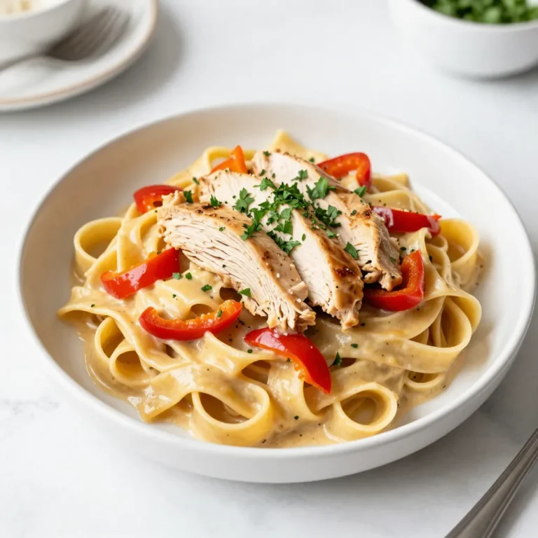 To make this dish, you need some key ingredients. Here’s what you need: - 2 boneless, skinless chicken breasts - 2 tablespoons Cajun seasoning - 1 tablespoon olive oil - 8 oz fettuccine pasta - 1 cup heavy cream - 1 cup chicken broth - 1 cup bell peppers (red, yellow, and green), sliced - 1 small onion, diced - 3 cloves garlic, minced - ½ cup grated Parmesan cheese - Salt and pepper to taste - Chopped parsley for garnish These ingredients come together to create a dish full of flavor and creaminess. While the essential ingredients are great, you can add more for extra flavor. Consider these options: - Fresh herbs like thyme or basil - A squeeze of lemon for brightness - Red pepper flakes for added heat - Spinach or mushrooms for more veggies Adding these can make your pasta even more delicious. You don’t always have to stick to the list. Here are some substitutions: - Chicken can be swapped for shrimp or sausage. - Fettuccine can change to penne or any pasta you like. - Use low-fat milk instead of heavy cream for a lighter sauce. - Vegetable broth works if you need a meat-free option. These swaps keep the dish versatile and fun to make. {{ingredient_image_1}} Start by rubbing Cajun seasoning on the chicken breasts. Make sure each piece is well coated. Let the chicken sit for about 10-15 minutes. This step allows the spices to soak in and boosts the flavor. Next, boil a large pot of salted water. Once it's rolling, add the fettuccine pasta. Cook it according to the package instructions until it is al dente. Reserve ½ cup of the pasta water before draining the rest. Set the pasta aside for later. In a large skillet, heat olive oil over medium-high heat. Add the seasoned chicken breasts and cook them for about 6-7 minutes on each side. You want them fully cooked, reaching an internal temperature of 165°F (75°C). Once done, take the chicken out and let it rest. Slice it into strips after it cools. In the same skillet, add diced onion and sliced bell peppers. Sauté them for about 4-5 minutes until soft. Then, add minced garlic and sauté for another minute. This creates a tasty base for your sauce. Pour chicken broth into the skillet and let it simmer gently. Lower the heat and stir in heavy cream. Let it thicken for about 2-3 minutes. Add grated Parmesan cheese and stir until it melts into the sauce. This will give your dish a rich and creamy texture. Now, add the cooked fettuccine to the skillet with the sauce. Toss everything together until the pasta is well coated. If the sauce seems too thick, add a bit of the reserved pasta water to reach your desired consistency. Don't forget to season with salt and pepper to taste. Plate the creamy Cajun chicken pasta and top it with the sliced chicken. For a fresh touch, garnish with chopped parsley. This dish not only looks great but also tastes amazing! Enjoy every creamy, spicy bite. To make the sauce just right, keep these tips in mind: - Use heavy cream as it gives a rich texture. - Start with chicken broth to add depth. - Let the sauce simmer gently to thicken. - If it’s too thick, add the reserved pasta water little by little. - Stir well after each addition to check the texture. This will help you get a creamy and smooth sauce that clings to the pasta. Perfect chicken is vital for this dish. Here’s how I do it: - Use boneless, skinless chicken breasts for quick cooking. - Coat the chicken with Cajun seasoning evenly. - Let it rest after seasoning for better flavor. - Cook over medium-high heat, about 6-7 minutes per side. - Use a meat thermometer to check for 165°F (75°C) inside. These steps ensure juicy and flavorful chicken every time. Boosting flavor is easy with a few extras: - Add more Cajun seasoning for heat and zest. - Try fresh herbs like thyme or basil for freshness. - A squeeze of lemon juice brightens the dish. - Consider adding a dash of smoked paprika for depth. These tips help you create a dish that surprises your taste buds. Pro Tips Rest the Chicken: Allowing the seasoned chicken to rest for 10-15 minutes before cooking helps the flavors penetrate deeper and results in a juicier texture. Adjust the Creaminess: If you prefer a lighter sauce, you can substitute half of the heavy cream with Greek yogurt or sour cream for a tangy twist. Customizable Veggies: Feel free to add or substitute your favorite vegetables like zucchini or mushrooms to enhance the dish's flavor and nutrition. Leftover Storage: Store any leftovers in an airtight container in the fridge for up to 3 days. Reheat gently on the stove, adding a splash of chicken broth to revive the sauce. {{image_2}} You can make this dish vegetarian by swapping chicken for veggies. Use mushrooms, zucchini, and spinach for a tasty mix. Just sauté the veggies until they are soft. Then follow the same sauce steps. This option keeps the creamy goodness while being meat-free. Fettuccine is classic, but many noodles work well. You can try penne, bowtie, or even whole wheat. Each type changes the vibe a bit. For a gluten-free option, look for rice or chickpea pasta. Each noodle adds its own charm to the dish. Cajun seasoning packs a punch, but you can adjust the heat. If you love spice, add more seasoning. If you prefer mild flavors, use less. You can also add a pinch of cayenne pepper for a kick. For a touch of sweetness, mix in some bell peppers. Adjust until it feels just right for you! To keep your creamy Cajun chicken pasta fresh, let it cool first. Place it in an airtight container. Store it in the fridge for up to three days. Make sure to label the container with the date. This way, you know when to eat it. When ready to eat, reheat the pasta gently. Use a skillet over low heat. Add a splash of chicken broth or cream to keep it creamy. Stir often until it's warm. Avoid the microwave, as it can dry out the dish. You can freeze this dish for later. Put the cooled pasta in a freezer-safe container. It can last up to three months in the freezer. When you're ready to eat, thaw it overnight in the fridge. Reheat as mentioned above for the best taste. You can use half-and-half, milk, or coconut cream instead of heavy cream. Each will change the taste slightly, but they work well. If you want a thicker sauce, add a bit of flour or cornstarch. This will help create that creamy texture we all love. To make this dish gluten-free, swap the fettuccine for gluten-free pasta. Look for brands made from rice or quinoa. Be sure to check the Cajun seasoning too. Some blends may contain gluten. Always read the labels to be sure. Yes, you can use shrimp, sausage, or even tofu. Shrimp cooks fast and adds a nice flavor. Sausage brings a spicy kick, while tofu makes it vegetarian. Adjust the cooking time based on what you choose. This way, you can enjoy different flavors each time. When reheating creamy pasta, use low heat on the stove. Add a splash of chicken broth or water to keep it moist. Stir often to prevent sticking. You can also use the microwave, but do it in short bursts. This way, you won't lose that creamy goodness. In this article, you learned about making creamy Cajun chicken pasta. We covered key ingredients, seasoning, and cooking steps. I shared tips for perfect texture and flavor. You can create variations, like a vegetarian option, to suit your taste. Remember, leftovers can be stored and reheated well with a few simple tricks. Enjoy crafting this dish your way, and share it with others. Cooking is fun, so get creative and make it yours!
