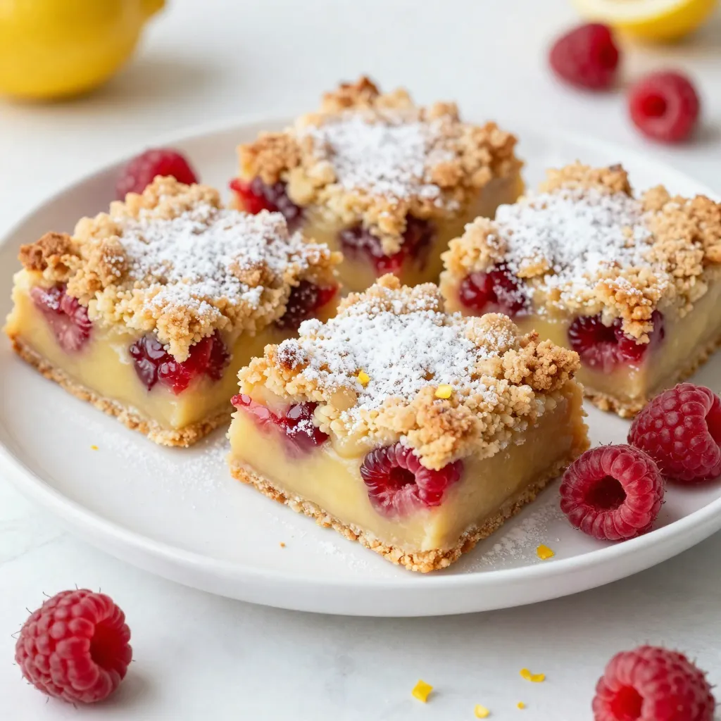 - 1 cup all-purpose flour - 1 cup rolled oats - 1/2 cup brown sugar - 1/2 cup granulated sugar - 1/2 teaspoon baking powder - 1/4 teaspoon salt - 1/2 cup unsalted butter, melted - 2 large eggs - 1 tablespoon lemon zest - 2 tablespoons lemon juice - 1 cup fresh raspberries - 1/4 cup powdered sugar (for dusting) The ingredients for Lemon Raspberry Crumb Bars are key to a great taste. First, the dry ingredients like flour and oats form a sturdy base. The brown and granulated sugars add sweetness and depth. Baking powder helps the bars rise, while salt brings out all the flavors. In the wet ingredients, melted butter adds richness. The eggs help bind everything together. Lemon zest and juice give the bars a bright, fresh flavor. You can really taste the lemon in every bite! Fresh raspberries are the star of the show. Their tartness balances the sweet crumb. A light dusting of powdered sugar at the end makes the bars look fancy and inviting. Trust me, this combination will make you want more! {{ingredient_image_1}} - Preheat oven to 350°F (175°C). - Grease a 9x9 inch baking pan. First, grab a large bowl. Combine the all-purpose flour, rolled oats, brown sugar, granulated sugar, baking powder, and salt. Mix well until everything is blended. Next, drizzle in the melted butter. Stir until the mixture looks crumbly. Make sure to set aside about one cup of this mixture for the topping. Now, take the remaining crumb mixture. Press it evenly into the greased baking pan to form a crust. Bake this for 15 minutes. Keep an eye on it, and look for a light golden color. While that bakes, let’s make the filling. In a separate bowl, whisk together the eggs, granulated sugar, lemon zest, and lemon juice. Mix until smooth. Gently fold in the fresh raspberries. Be careful not to mash them. Once the crust is done, pour the raspberry filling over it. Spread it out evenly. Then, sprinkle the reserved crumb topping over the filling. Put the pan back in the oven. Bake for an additional 25 to 30 minutes. The topping should turn lightly golden, and the filling needs to set. After baking, let the pan cool completely. This step is key for easy slicing. Once cool, slice the bars into squares. For a nice touch, dust them with powdered sugar before serving. How do you achieve a crumbly texture? Start with cold butter. Mix it in well with the dry ingredients. This keeps the mixture crumbly. You want to avoid over-mixing. Gently combine until it resembles coarse crumbs. This helps form that perfect texture. Why is letting your bars cool completely important? Cooling helps the filling set. If you cut the bars too soon, they will fall apart. Wait at least an hour. This patience pays off when you slice into neat squares. What are some presentation tips for serving? Use a decorative plate. Add fresh raspberries on top for color. A sprinkle of lemon zest makes it pop. Dust with powdered sugar for a sweet touch. These little details make your dessert look gourmet. What are ideal beverages to pair with lemon raspberry crumb bars? A cup of hot tea works well. Try iced lemonade for a refreshing twist. You can also serve them with sparkling water. These drinks balance the sweet and tart flavors of the bars. Pro Tips Use Fresh Raspberries: Fresh raspberries provide the best flavor and texture for these bars. If using frozen, ensure they are thawed and drained to avoid excess moisture. Chill the Bars: After baking, let the crumb bars cool completely in the pan. For cleaner slices, refrigerate them for a couple of hours before cutting. Experiment with Citrus: Feel free to mix in other citrus zests like lime or orange for a unique flavor twist that complements the raspberries beautifully. Perfect Dusting: For a beautiful finish, use a fine mesh sieve to dust the powdered sugar evenly over the bars just before serving for a professional touch. {{image_2}} You can easily switch up the flavors in these bars. If you love different fruits, try using blueberries or strawberries instead of raspberries. Each fruit adds its own taste and color. For a twist, play with citrus zests. Lime or orange zest can brighten the flavor even more. Mix and match to find your favorite! Want a lighter treat? You can use whole wheat flour in the crust. This swap boosts fiber and adds a nutty taste. You can also cut down on sugar. Use less granulated sugar for a healthier version. Your taste buds will still enjoy the sweet and tart mix. These changes make the bars not just tasty but also better for you! To store leftover crumb bars, place them in an airtight container. This keeps them fresh and avoids drying out. You can also wrap them tightly with plastic wrap. For best taste, eat them within three days. If you must keep them longer, freezing is best. To freeze the baked bars, let them cool completely first. Then, cut them into squares. Wrap each square in plastic wrap. Place the wrapped bars in a freezer-safe bag. They can last for up to three months in the freezer. When you want to enjoy the bars, take out the desired amount. Let them thaw at room temperature for about an hour. For best results, you can warm them gently in the oven for a few minutes. This brings back their fresh-baked taste. Can I make these bars gluten-free? Yes, you can! Substitute all-purpose flour with gluten-free flour. This swap works well for texture. Use gluten-free oats too. What can I use instead of fresh raspberries? You can use blueberries or strawberries. Frozen berries work too, but thaw and drain them first. This keeps the filling from getting too soggy. How long do the bars last after baking? These bars stay fresh for about four days. Store them in an airtight container at room temperature. If you want them to last longer, refrigerate them. Can I use a different size baking pan? Yes, you can change the pan size! A larger pan makes thinner bars. A smaller pan gives thicker bars, but watch the bake time. What can I do with leftover lemon juice? Use leftover lemon juice in salad dressings or marinades. You can also add it to water for a refreshing drink. It brightens up many dishes! In this blog post, you learned how to make delicious Lemon Raspberry Crumb Bars. We covered the key ingredients, from the dry mix to the fresh berries. You also saw easy steps to bake and cool your bars just right. Remember to let them cool fully for the best texture. Feel free to experiment with different fruits or make them healthier. Store leftovers well to keep them fresh, or freeze for later. With these tips, you can enjoy homemade treats anytime. Get baking and savor every bite!