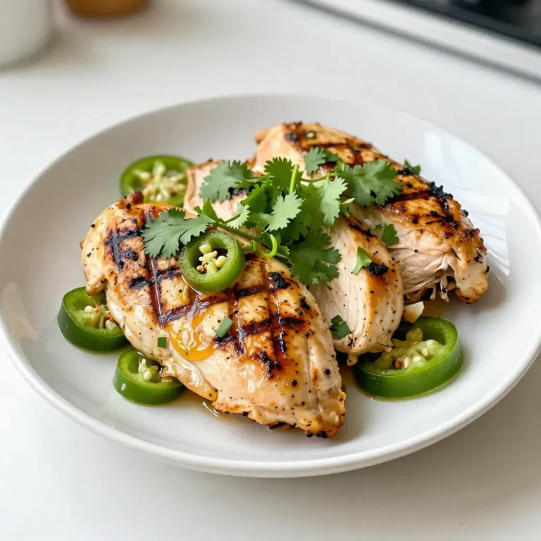 To make the best Jalapeño Lime Grilled Chicken, gather these items: - 4 boneless, skinless chicken breasts - 2 fresh jalapeños, seeded and finely chopped - 3 tablespoons lime juice (freshly squeezed) - 2 tablespoons olive oil - 3 cloves garlic, minced - 1 teaspoon ground cumin - 1 teaspoon smoked paprika - Salt and pepper to taste - Fresh cilantro, chopped (for garnish) These ingredients come together to create a bright and zesty flavor. Fresh jalapeños add a nice kick. Lime juice gives it a refreshing taste. When you shop, look for the freshest chicken. The color should be pink, not gray. Check for any bad smells, too. For jalapeños, pick ones that feel firm. They should have smooth skin and a bright green color. The fresher they are, the better your dish will taste. When buying limes, look for ones that feel heavy for their size. They should be bright green and free from blemishes. Fresh garlic should be dry, firm, and free from sprouts. While the main ingredients shine, you can always mix in extra flavors. Try adding a pinch of cayenne if you like heat. A dash of honey can balance the spice with sweetness. For an herby twist, add some chopped fresh oregano or thyme. These subtle changes can make your dish unique. Experiment and find what you love! {{ingredient_image_1}} Start by gathering your ingredients. You will need lime juice, olive oil, minced garlic, chopped jalapeños, ground cumin, smoked paprika, salt, and pepper. In a medium bowl, whisk together the lime juice and olive oil. Add the minced garlic and chopped jalapeños for that spicy kick. Next, mix in the ground cumin and smoked paprika. Finally, add salt and pepper to taste. This marinade brings a burst of flavor to the chicken. Now, take the chicken breasts and place them in a large resealable bag. You can also use a shallow dish if you prefer. Pour the marinade over the chicken, making sure each piece is well coated. Seal the bag or cover the dish tightly. Let it sit in the fridge for at least 30 minutes. For extra flavor, you can marinate it for up to 2 hours. This step is crucial as it allows the chicken to absorb all those tasty flavors. When you are ready to grill, preheat your grill to medium-high heat. Take the chicken out of the marinade, letting any extra drip off. Discard the leftover marinade to keep things safe. Place the chicken on the grill and cook for about 6-7 minutes on each side. You want the internal temperature to reach 165°F (75°C). Look for nice grill marks too! Once cooked, remove the chicken from the grill and let it rest for 5 minutes. This helps the juices stay inside. Slice the chicken, garnish with fresh cilantro, and serve right away. Enjoy your tasty Jalapeño Lime Grilled Chicken! The best temperature for grilling chicken is medium-high, around 375°F to 450°F. This heat cooks the chicken well without burning it. If it's too hot, the outside cooks fast, but the inside stays raw. Use a meat thermometer to check for doneness. Aim for 165°F in the thickest part of the chicken. To get those great grill marks, start with a clean grill. Preheat your grill for about 10 minutes before cooking. Place the marinated chicken on the grill at a 45-degree angle. After about 3-4 minutes, rotate the chicken 90 degrees to create those lovely diamond marks. Flip the chicken and repeat on the other side. Resting the chicken is key for juicy meat. After grilling, let the chicken sit for 5 minutes. This allows the juices to redistribute. If you cut it right away, all the juice runs out. A simple step makes a big difference in taste and texture. Enjoy the tender, flavorful results! Pro Tips Marinate for Maximum Flavor: Allowing the chicken to marinate for at least 2 hours will enhance the flavor and tenderness, making each bite more delicious. Grill Temperature Matters: Make sure your grill is preheated to medium-high heat for optimal searing, which locks in juices and gives your chicken those beautiful grill marks. Resting is Key: Letting the chicken rest for 5 minutes after grilling helps retain its juices, resulting in a moist and flavorful dish. Customize Your Heat Level: Adjust the number of jalapeños or leave the seeds in for extra heat, or use a milder pepper for a more subtle spice. {{image_2}} If you love heat, this version packs a punch! Use more jalapeños. You can also add a pinch of cayenne pepper. This extra spice will wake up your taste buds. Be careful; adjust based on your heat tolerance. Add fresh herbs for a new flavor. Try cilantro or parsley. Just chop the herbs and mix them into the marinade. This twist brightens up the dish. It also adds freshness that pairs well with the lime. Fruits can make your chicken sweet and savory. Try adding diced mango or pineapple to the marinade. These fruits caramelize on the grill, creating a tasty glaze. This addition makes the dish fun and unique. Plus, it adds a pop of color to your plate! After enjoying your Jalapeño Lime Grilled Chicken, store leftovers safely. Place the chicken in an airtight container. You can keep it in the fridge for up to four days. Make sure it cools down before sealing it. This helps prevent moisture buildup and keeps your chicken fresh. When you’re ready to eat your leftovers, reheating is key. Use a microwave or an oven. If you use a microwave, cover the chicken with a damp paper towel. This helps keep it moist. Heat it for about one to two minutes. If using an oven, preheat it to 350°F (175°C). Bake the chicken for about 10-15 minutes. Both methods help maintain flavor and texture. Freezing is a great option for longer storage. Wrap each chicken breast in plastic wrap. Then place them in a freezer bag. Be sure to remove as much air as possible. This keeps the chicken fresh for up to three months. When you want to eat it, thaw the chicken in the fridge overnight. This method keeps it safe and tasty. You should marinate the chicken for at least 30 minutes. This time allows the flavors to soak in. If you have more time, let it marinate for up to 2 hours. This longer time gives more depth to the flavor. Always refrigerate the chicken while it marinates. Yes, you can use other cuts of chicken. Thighs or drumsticks work well. They have more fat and stay juicy. Just adjust your cooking time. Ensure the internal temperature reaches 165°F (75°C) for safety. You can serve this chicken with many sides. Here are some great ideas: - Grilled corn on the cob - Fresh guacamole and tortilla chips - A crisp garden salad - Cilantro lime rice - Black beans or refried beans These sides will enhance the meal and add freshness. Enjoy mixing and matching! Jalapeño lime grilled chicken is a tasty dish made with fresh ingredients. Selecting quality items enhances flavor in your meal. Marinated chicken, grilled at the right temperature, brings out the best taste. Remember to rest it for juicy bites. You can switch it up with spices, herbs, or fruits. Store leftovers properly and reheat for a great meal later. Enjoy making this dish and experiment with variations for fun dining. Make food that excites your taste buds!