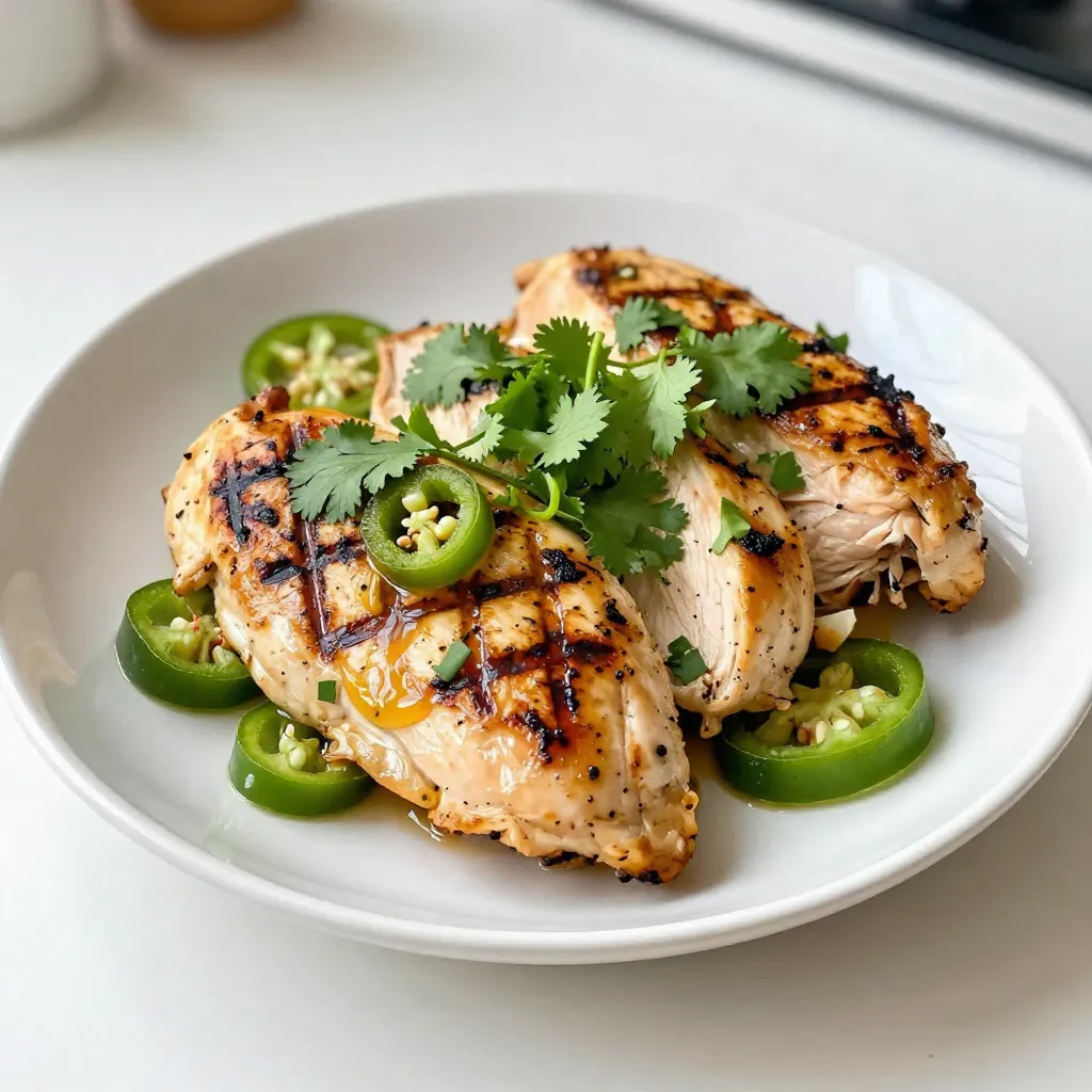 To make the best Jalapeño Lime Grilled Chicken, gather these items: - 4 boneless, skinless chicken breasts - 2 fresh jalapeños, seeded and finely chopped - 3 tablespoons lime juice (freshly squeezed) - 2 tablespoons olive oil - 3 cloves garlic, minced - 1 teaspoon ground cumin - 1 teaspoon smoked paprika - Salt and pepper to taste - Fresh cilantro, chopped (for garnish) These ingredients come together to create a bright and zesty flavor. Fresh jalapeños add a nice kick. Lime juice gives it a refreshing taste. When you shop, look for the freshest chicken. The color should be pink, not gray. Check for any bad smells, too. For jalapeños, pick ones that feel firm. They should have smooth skin and a bright green color. The fresher they are, the better your dish will taste. When buying limes, look for ones that feel heavy for their size. They should be bright green and free from blemishes. Fresh garlic should be dry, firm, and free from sprouts. While the main ingredients shine, you can always mix in extra flavors. Try adding a pinch of cayenne if you like heat. A dash of honey can balance the spice with sweetness. For an herby twist, add some chopped fresh oregano or thyme. These subtle changes can make your dish unique. Experiment and find what you love! {{ingredient_image_1}} Start by gathering your ingredients. You will need lime juice, olive oil, minced garlic, chopped jalapeños, ground cumin, smoked paprika, salt, and pepper. In a medium bowl, whisk together the lime juice and olive oil. Add the minced garlic and chopped jalapeños for that spicy kick. Next, mix in the ground cumin and smoked paprika. Finally, add salt and pepper to taste. This marinade brings a burst of flavor to the chicken. Now, take the chicken breasts and place them in a large resealable bag. You can also use a shallow dish if you prefer. Pour the marinade over the chicken, making sure each piece is well coated. Seal the bag or cover the dish tightly. Let it sit in the fridge for at least 30 minutes. For extra flavor, you can marinate it for up to 2 hours. This step is crucial as it allows the chicken to absorb all those tasty flavors. When you are ready to grill, preheat your grill to medium-high heat. Take the chicken out of the marinade, letting any extra drip off. Discard the leftover marinade to keep things safe. Place the chicken on the grill and cook for about 6-7 minutes on each side. You want the internal temperature to reach 165°F (75°C). Look for nice grill marks too! Once cooked, remove the chicken from the grill and let it rest for 5 minutes. This helps the juices stay inside. Slice the chicken, garnish with fresh cilantro, and serve right away. Enjoy your tasty Jalapeño Lime Grilled Chicken! The best temperature for grilling chicken is medium-high, around 375°F to 450°F. This heat cooks the chicken well without burning it. If it's too hot, the outside cooks fast, but the inside stays raw. Use a meat thermometer to check for doneness. Aim for 165°F in the thickest part of the chicken. To get those great grill marks, start with a clean grill. Preheat your grill for about 10 minutes before cooking. Place the marinated chicken on the grill at a 45-degree angle. After about 3-4 minutes, rotate the chicken 90 degrees to create those lovely diamond marks. Flip the chicken and repeat on the other side. Resting the chicken is key for juicy meat. After grilling, let the chicken sit for 5 minutes. This allows the juices to redistribute. If you cut it right away, all the juice runs out. A simple step makes a big difference in taste and texture. Enjoy the tender, flavorful results! Pro Tips Marinate for Maximum Flavor: Allowing the chicken to marinate for at least 2 hours will enhance the flavor and tenderness, making each bite more delicious. Grill Temperature Matters: Make sure your grill is preheated to medium-high heat for optimal searing, which locks in juices and gives your chicken those beautiful grill marks. Resting is Key: Letting the chicken rest for 5 minutes after grilling helps retain its juices, resulting in a moist and flavorful dish. Customize Your Heat Level: Adjust the number of jalapeños or leave the seeds in for extra heat, or use a milder pepper for a more subtle spice. {{image_2}} If you love heat, this version packs a punch! Use more jalapeños. You can also add a pinch of cayenne pepper. This extra spice will wake up your taste buds. Be careful; adjust based on your heat tolerance. Add fresh herbs for a new flavor. Try cilantro or parsley. Just chop the herbs and mix them into the marinade. This twist brightens up the dish. It also adds freshness that pairs well with the lime. Fruits can make your chicken sweet and savory. Try adding diced mango or pineapple to the marinade. These fruits caramelize on the grill, creating a tasty glaze. This addition makes the dish fun and unique. Plus, it adds a pop of color to your plate! After enjoying your Jalapeño Lime Grilled Chicken, store leftovers safely. Place the chicken in an airtight container. You can keep it in the fridge for up to four days. Make sure it cools down before sealing it. This helps prevent moisture buildup and keeps your chicken fresh. When you’re ready to eat your leftovers, reheating is key. Use a microwave or an oven. If you use a microwave, cover the chicken with a damp paper towel. This helps keep it moist. Heat it for about one to two minutes. If using an oven, preheat it to 350°F (175°C). Bake the chicken for about 10-15 minutes. Both methods help maintain flavor and texture. Freezing is a great option for longer storage. Wrap each chicken breast in plastic wrap. Then place them in a freezer bag. Be sure to remove as much air as possible. This keeps the chicken fresh for up to three months. When you want to eat it, thaw the chicken in the fridge overnight. This method keeps it safe and tasty. You should marinate the chicken for at least 30 minutes. This time allows the flavors to soak in. If you have more time, let it marinate for up to 2 hours. This longer time gives more depth to the flavor. Always refrigerate the chicken while it marinates. Yes, you can use other cuts of chicken. Thighs or drumsticks work well. They have more fat and stay juicy. Just adjust your cooking time. Ensure the internal temperature reaches 165°F (75°C) for safety. You can serve this chicken with many sides. Here are some great ideas: - Grilled corn on the cob - Fresh guacamole and tortilla chips - A crisp garden salad - Cilantro lime rice - Black beans or refried beans These sides will enhance the meal and add freshness. Enjoy mixing and matching! Jalapeño lime grilled chicken is a tasty dish made with fresh ingredients. Selecting quality items enhances flavor in your meal. Marinated chicken, grilled at the right temperature, brings out the best taste. Remember to rest it for juicy bites. You can switch it up with spices, herbs, or fruits. Store leftovers properly and reheat for a great meal later. Enjoy making this dish and experiment with variations for fun dining. Make food that excites your taste buds!