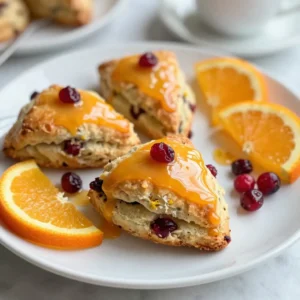 - 2 cups all-purpose flour - 1/2 cup granulated sugar - 1 tablespoon baking powder - 1/2 teaspoon salt - 1/4 cup cold unsalted butter, cubed - 1/2 cup heavy cream - 1 large egg - 1 teaspoon vanilla extract - 1/2 cup dried cranberries - 1 tablespoon orange zest - 1 cup powdered sugar - 2 tablespoons freshly squeezed orange juice Gathering the right ingredients is key. Start with the dry mix. You need flour, sugar, baking powder, and salt. These form the base of your scone. Each plays a role. Flour gives structure, while sugar adds sweetness. Baking powder helps the scones rise, and salt balances the flavors. Next, grab the wet ingredients. Cold unsalted butter is essential. It keeps the scones light. You'll also need heavy cream, a large egg, and vanilla extract. These add moisture and flavor. The cream helps create a tender crumb. Now, for the add-ins and glaze. Dried cranberries bring a tart punch. Orange zest adds brightness. For the glaze, mix powdered sugar with fresh orange juice and more zest. This will give your scones a sweet, tangy finish that glistens. By choosing fresh and high-quality ingredients, you&rsquo;ll elevate your scones. Each bite will burst with flavor, making them a delightful breakfast treat. {{ingredient_image_1}} 1. Preheat the oven and prepare the baking sheet. Set your oven to 400&deg;F (200&deg;C). While it heats, line a baking sheet with parchment paper. This helps the scones bake evenly and not stick. 2. Mixing the dry ingredients and incorporating butter. In a big bowl, whisk together 2 cups of all-purpose flour, 1/2 cup of granulated sugar, 1 tablespoon of baking powder, and 1/2 teaspoon of salt. Next, add 1/4 cup of cold, cubed unsalted butter. Use your fingers or a pastry cutter to mix until it looks like coarse crumbs. 3. Adding cranberries and orange zest. Toss in 1/2 cup of dried cranberries and 1 tablespoon of orange zest. Stir gently so they mix well with the flour mixture. 1. Whisking together wet ingredients. In another bowl, whisk 1/2 cup of heavy cream, 1 large egg, and 1 teaspoon of vanilla extract. This adds moisture and flavor to your dough. 2. Folding wet and dry ingredients together. Pour the wet mixture into the dry ingredients. Gently fold them together until just combined. The dough should feel a bit sticky but not wet. Do not overmix, as this can make your scones tough. 1. Shaping the dough and cutting scones. Turn the dough out onto a lightly floured surface. Shape it into a disc about 1-inch thick. Cut this disc into 8 wedges. Place them on the prepared baking sheet, spaced apart. 2. Baking time and visual cues for doneness. Bake the scones for about 15 to 18 minutes. They should be lightly golden on the top when done. Keep an eye on them toward the end to avoid burning. To make the best scones, cold butter is key. When butter is cold, it creates flaky layers. I cut the butter into small cubes and chill it before mixing. This helps the scones rise and stay light. Avoiding overmixing is also important. When you combine the wet and dry ingredients, mix just until they come together. If you mix too much, the scones become tough. A sticky dough is perfect for good scones. Choosing high-quality ingredients will boost your scone's taste. I always use fresh orange zest and dried cranberries. They bring a bright flavor that complements each other. You can also experiment with additional spices. Try adding a pinch of cinnamon or nutmeg for warmth. Each spice brings a new twist to the classic recipe. To make your scones look great, try garnishing them. Add extra orange slices or a few cranberries on the plate. This adds a pop of color and makes the dish more inviting. Serving temperature matters, too. I love serving these scones warm from the oven. This way, the glaze melts into the scones, making each bite even more delicious. Pro Tips Use Cold Butter: Make sure your butter is very cold when mixing it into the flour. This helps create flaky layers in your scones. Don't Overmix: When combining wet and dry ingredients, mix just until combined. Overmixing can lead to tough scones. Check for Doneness: Scones should be lightly golden on top. If you're unsure, insert a toothpick; it should come out clean. Glaze While Warm: Drizzle the glaze over the scones while they are still warm for better absorption and a shinier finish. {{image_2}} You can swap out cranberries for other fruits. Try blueberries or chopped apples for a new twist. Dried cherries also make a great choice. You can even mix different fruits for a fun blend. Adding nuts or chocolate can enhance the flavor too. Walnuts or pecans add crunch, while chocolate chips bring sweetness. Using different citrus zests adds depth to your scones. Lemon zest brightens the flavor, while lime gives a fresh twist. You might also consider adding spices. A pinch of cinnamon or nutmeg can warm the taste. These small changes can make your scones feel unique and special. For gluten-free options, use gluten-free flour blends. They work well and keep the texture light. You can also make vegan scones. Use coconut oil instead of butter and almond milk for cream. These simple swaps let everyone enjoy your scones, no matter their diet. To keep your scones fresh, store them in an airtight container. This helps keep moisture in and prevents the scones from drying out. You can also wrap them in plastic wrap before placing them in the container for extra protection. The best storage duration is about 2 to 3 days at room temperature. If you want to keep them longer, freezing is a great option. If you want to save scones for later, freezing is easy. First, let the scones cool completely after baking. Then, place them on a baking sheet in a single layer. Freeze for about an hour until firm. Once frozen, transfer the scones to a freezer bag. Be sure to remove as much air as possible. You can freeze them for up to 3 months. To enjoy, simply thaw them in the fridge overnight. Reheat in the oven at 350&deg;F (175&deg;C) for about 10 minutes for that fresh-baked taste. Understanding how long your scones last is key. Freshly baked cranberry orange glazed scones are best within 1 to 2 days for optimal flavor and texture. After that, they may lose some quality. If stored properly, frozen scones can maintain their quality for 3 months. Always check for any signs of freezer burn or off smells before eating. Enjoy your delightful breakfast treat while it's still fresh! To get scones to rise, you need baking powder. This key ingredient creates bubbles in the dough that make it puff up. Cold butter is also important. It helps create steam as it melts during baking, adding to the rise. Make sure to mix the butter into the flour until it looks like crumbs. This helps keep the scones light and airy. Yes, you can make scone dough ahead of time. Prepare the dough, then wrap it tightly in plastic wrap. You can store it in the fridge for up to 24 hours. If you want to keep it longer, freeze the dough. Just remember to thaw it in the fridge before baking. This saves time and lets you enjoy fresh scones when you want. Serve cranberry orange glazed scones warm for the best taste. They pair well with butter or clotted cream. For drinks, try them with tea or coffee. A light fruit tea goes nicely too. You can also add fresh orange slices or cranberries as a garnish for a pretty touch. This makes for a delightful breakfast or snack! You now have a complete guide to making delicious cranberry orange scones. We covered the key ingredients, step-by-step instructions, and helpful tips. Remember to keep your butter cold and don&rsquo;t overmix to get the best texture. Feel free to experiment with different fruits and flavors to suit your taste. With proper storage, your scones can stay fresh and tasty. Enjoy baking and sharing these treats with loved ones!