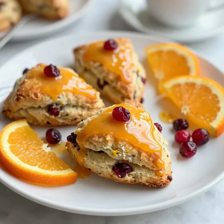 - 2 cups all-purpose flour - 1/2 cup granulated sugar - 1 tablespoon baking powder - 1/2 teaspoon salt - 1/4 cup cold unsalted butter, cubed - 1/2 cup heavy cream - 1 large egg - 1 teaspoon vanilla extract - 1/2 cup dried cranberries - 1 tablespoon orange zest - 1 cup powdered sugar - 2 tablespoons freshly squeezed orange juice Gathering the right ingredients is key. Start with the dry mix. You need flour, sugar, baking powder, and salt. These form the base of your scone. Each plays a role. Flour gives structure, while sugar adds sweetness. Baking powder helps the scones rise, and salt balances the flavors. Next, grab the wet ingredients. Cold unsalted butter is essential. It keeps the scones light. You'll also need heavy cream, a large egg, and vanilla extract. These add moisture and flavor. The cream helps create a tender crumb. Now, for the add-ins and glaze. Dried cranberries bring a tart punch. Orange zest adds brightness. For the glaze, mix powdered sugar with fresh orange juice and more zest. This will give your scones a sweet, tangy finish that glistens. By choosing fresh and high-quality ingredients, you’ll elevate your scones. Each bite will burst with flavor, making them a delightful breakfast treat. {{ingredient_image_1}} 1. Preheat the oven and prepare the baking sheet. Set your oven to 400°F (200°C). While it heats, line a baking sheet with parchment paper. This helps the scones bake evenly and not stick. 2. Mixing the dry ingredients and incorporating butter. In a big bowl, whisk together 2 cups of all-purpose flour, 1/2 cup of granulated sugar, 1 tablespoon of baking powder, and 1/2 teaspoon of salt. Next, add 1/4 cup of cold, cubed unsalted butter. Use your fingers or a pastry cutter to mix until it looks like coarse crumbs. 3. Adding cranberries and orange zest. Toss in 1/2 cup of dried cranberries and 1 tablespoon of orange zest. Stir gently so they mix well with the flour mixture. 1. Whisking together wet ingredients. In another bowl, whisk 1/2 cup of heavy cream, 1 large egg, and 1 teaspoon of vanilla extract. This adds moisture and flavor to your dough. 2. Folding wet and dry ingredients together. Pour the wet mixture into the dry ingredients. Gently fold them together until just combined. The dough should feel a bit sticky but not wet. Do not overmix, as this can make your scones tough. 1. Shaping the dough and cutting scones. Turn the dough out onto a lightly floured surface. Shape it into a disc about 1-inch thick. Cut this disc into 8 wedges. Place them on the prepared baking sheet, spaced apart. 2. Baking time and visual cues for doneness. Bake the scones for about 15 to 18 minutes. They should be lightly golden on the top when done. Keep an eye on them toward the end to avoid burning. To make the best scones, cold butter is key. When butter is cold, it creates flaky layers. I cut the butter into small cubes and chill it before mixing. This helps the scones rise and stay light. Avoiding overmixing is also important. When you combine the wet and dry ingredients, mix just until they come together. If you mix too much, the scones become tough. A sticky dough is perfect for good scones. Choosing high-quality ingredients will boost your scone's taste. I always use fresh orange zest and dried cranberries. They bring a bright flavor that complements each other. You can also experiment with additional spices. Try adding a pinch of cinnamon or nutmeg for warmth. Each spice brings a new twist to the classic recipe. To make your scones look great, try garnishing them. Add extra orange slices or a few cranberries on the plate. This adds a pop of color and makes the dish more inviting. Serving temperature matters, too. I love serving these scones warm from the oven. This way, the glaze melts into the scones, making each bite even more delicious. Pro Tips Use Cold Butter: Make sure your butter is very cold when mixing it into the flour. This helps create flaky layers in your scones. Don't Overmix: When combining wet and dry ingredients, mix just until combined. Overmixing can lead to tough scones. Check for Doneness: Scones should be lightly golden on top. If you're unsure, insert a toothpick; it should come out clean. Glaze While Warm: Drizzle the glaze over the scones while they are still warm for better absorption and a shinier finish. {{image_2}} You can swap out cranberries for other fruits. Try blueberries or chopped apples for a new twist. Dried cherries also make a great choice. You can even mix different fruits for a fun blend. Adding nuts or chocolate can enhance the flavor too. Walnuts or pecans add crunch, while chocolate chips bring sweetness. Using different citrus zests adds depth to your scones. Lemon zest brightens the flavor, while lime gives a fresh twist. You might also consider adding spices. A pinch of cinnamon or nutmeg can warm the taste. These small changes can make your scones feel unique and special. For gluten-free options, use gluten-free flour blends. They work well and keep the texture light. You can also make vegan scones. Use coconut oil instead of butter and almond milk for cream. These simple swaps let everyone enjoy your scones, no matter their diet. To keep your scones fresh, store them in an airtight container. This helps keep moisture in and prevents the scones from drying out. You can also wrap them in plastic wrap before placing them in the container for extra protection. The best storage duration is about 2 to 3 days at room temperature. If you want to keep them longer, freezing is a great option. If you want to save scones for later, freezing is easy. First, let the scones cool completely after baking. Then, place them on a baking sheet in a single layer. Freeze for about an hour until firm. Once frozen, transfer the scones to a freezer bag. Be sure to remove as much air as possible. You can freeze them for up to 3 months. To enjoy, simply thaw them in the fridge overnight. Reheat in the oven at 350°F (175°C) for about 10 minutes for that fresh-baked taste. Understanding how long your scones last is key. Freshly baked cranberry orange glazed scones are best within 1 to 2 days for optimal flavor and texture. After that, they may lose some quality. If stored properly, frozen scones can maintain their quality for 3 months. Always check for any signs of freezer burn or off smells before eating. Enjoy your delightful breakfast treat while it's still fresh! To get scones to rise, you need baking powder. This key ingredient creates bubbles in the dough that make it puff up. Cold butter is also important. It helps create steam as it melts during baking, adding to the rise. Make sure to mix the butter into the flour until it looks like crumbs. This helps keep the scones light and airy. Yes, you can make scone dough ahead of time. Prepare the dough, then wrap it tightly in plastic wrap. You can store it in the fridge for up to 24 hours. If you want to keep it longer, freeze the dough. Just remember to thaw it in the fridge before baking. This saves time and lets you enjoy fresh scones when you want. Serve cranberry orange glazed scones warm for the best taste. They pair well with butter or clotted cream. For drinks, try them with tea or coffee. A light fruit tea goes nicely too. You can also add fresh orange slices or cranberries as a garnish for a pretty touch. This makes for a delightful breakfast or snack! You now have a complete guide to making delicious cranberry orange scones. We covered the key ingredients, step-by-step instructions, and helpful tips. Remember to keep your butter cold and don’t overmix to get the best texture. Feel free to experiment with different fruits and flavors to suit your taste. With proper storage, your scones can stay fresh and tasty. Enjoy baking and sharing these treats with loved ones!