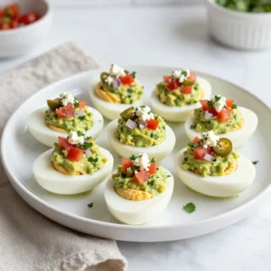 Here&rsquo;s what you need to make Loaded Guacamole Deviled Eggs: - 6 large eggs - 1 ripe avocado - 1 small tomato, diced - &frac14; cup red onion, finely chopped - 1 small jalape&ntilde;o, deseeded and minced - 2 tablespoons lime juice - &frac14; cup fresh cilantro, chopped - Salt and pepper to taste - Optional toppings: crumbled feta cheese, sliced olives, or additional cilantro These ingredients bring a burst of flavor. The ripe avocado makes the filling smooth. You can adjust the spice by adding more jalape&ntilde;o if you like it hot. Fresh cilantro adds a bright taste. Choose your favorite toppings to make these eggs your own. Crumbled feta gives a salty kick, while olives add a savory touch. Use these ingredients to create a dish that impresses your guests. {{ingredient_image_1}} First, you need to cover the eggs with water in a pot. Place the pot on the stove and bring the water to a boil. Once it boils, cover the pot and remove it from heat. Let the eggs sit in the hot water for 12 minutes. This method ensures your eggs are perfectly hard-boiled. After 12 minutes, it&rsquo;s time to cool the eggs. Carefully transfer them to a bowl filled with ice water. Let them sit in the ice water for 5 minutes. This helps to stop the cooking and makes peeling easier. Once cooled, gently peel the shells off. Slice each egg in half lengthwise, and set the whites aside for later. Now, let&rsquo;s get to the fun part! In a mixing bowl, scoop out the yellow yolks from the egg halves. Use a fork to mash the yolks until they are smooth. Next, add the ripe avocado to the mashed yolks. Mash them together until creamy. Then, mix in the lime juice, chopped cilantro, minced jalape&ntilde;o, finely chopped red onion, and diced tomato. Don&rsquo;t forget to season with salt and pepper to taste! Time to fill those egg white halves! You can either spoon the guacamole mixture into the egg whites or use a piping bag for a neat look. If you want a decorative finish, choose a piping bag with a star tip. This will make your Loaded Guacamole Deviled Eggs look even more appealing. To make your eggs pop, consider adding optional toppings. You might use crumbled feta cheese, sliced olives, or a sprinkle of extra cilantro. These toppings add flavor and enhance the presentation. Feel free to get creative with your garnishes! Lastly, refrigerate your Loaded Guacamole Deviled Eggs for at least 30 minutes before serving. This chilling time allows the flavors to meld together beautifully. When you serve them, your guests will enjoy a tasty treat that&rsquo;s perfect for any party! To make sure your yolks are well-cooked, I suggest you follow these steps: - Use fresh eggs. They peel easier. - Place eggs in cold water. Bring the water to a boil. - Once boiling, cover the pot and turn off the heat. Let them sit for 12 minutes. To avoid the green rings around the yolks, cool the eggs quickly. After the 12 minutes, place them in ice water for five minutes. This stops the cooking process. For the best guacamole, you need to mash the avocado well. Here&rsquo;s how: - Use a fork to mash the avocado. Aim for a creamy texture with some small chunks. - Add lime juice right away. It helps prevent browning and adds a fresh taste. Balance the flavors by adding salt and pepper. You can also mix in diced tomatoes and finely chopped onion for a tasty twist. Pair these deviled eggs with fun drinks. They go well with: - Sparkling water with lime - Light beers or margaritas For side dishes, try serving them with tortilla chips or a fresh salad. When it comes to plating, use a nice platter. Arrange the eggs in a circle. Top each egg with your choice of toppings to make them pop! Pro Tips Use Fresh Ingredients: Always opt for fresh avocados and vegetables to ensure the best flavor and texture in your deviled eggs. Adjust Spice Level: If you prefer a milder flavor, reduce the amount of jalape&ntilde;o or remove the seeds completely before mincing. Chill for Flavor: Allow the filled eggs to chill in the refrigerator for at least 30 minutes before serving to let the flavors meld together. Presentation Matters: Use a piping bag fitted with a star tip for a beautiful and professional-looking presentation of the guacamole filling. {{image_2}} You can add more jalape&ntilde;o or hot sauce for heat. If you love spice, add extra minced jalape&ntilde;o. You can also mix in a few dashes of your favorite hot sauce. This twist makes the eggs bold and zesty. The creaminess of the avocado balances the spice. Try it at your next party for a fun kick! If you want a vegetarian option, substitute avocado with Greek yogurt. This swap still gives you a creamy texture. Greek yogurt adds a tangy flavor. You can also use silken tofu for a dairy-free choice. Both options make the deviled eggs lighter yet still delicious. Explore different toppings to create unique flavors. You can use crumbled feta cheese for a salty bite. Sliced olives add a briny note that meshes well with the guacamole. Fresh herbs like basil or dill can brighten up the taste. For seasonal flair, try adding roasted red peppers or even diced mango for sweetness. Get creative, and let your taste buds guide you! To store leftover deviled eggs, place them in an airtight container. Cover the eggs well to keep them fresh. They can stay in the fridge for up to three days. After that, the taste and texture may change. If you want to keep them longer, consider other methods. You can freeze these deviled eggs, but it is best to freeze only the filling. Egg whites don't freeze well and can become rubbery. To freeze the filling, scoop it into a safe freezer bag. Remove air and seal it tightly. You can store it for up to three months. When you're ready to use it, thaw it in the fridge overnight. If you prefer your deviled eggs warm, heat them gently. Place them on a microwave-safe plate. Cover them with a damp paper towel and warm them in short bursts. Start with 15 seconds, then check. Repeat until they reach your desired warmth. This method keeps them moist and prevents drying out. Enjoy your tasty treat! To make hard-boiled eggs easier to peel, use older eggs. Fresh eggs tend to stick to the shell. Start by covering the eggs with water and bringing it to a boil. Once boiling, cover the pot and remove it from the heat. Let the eggs sit for 12 minutes. After that, place them in ice water for 5 minutes. The shock helps separate the egg from the shell, making it easier to peel. Yes, you can make these Loaded Guacamole Deviled Eggs in advance. Prepare the eggs and filling separately. Store the egg whites in one container and the guacamole filling in another. This keeps the eggs fresh and the filling from browning. You can fill the eggs just before serving. This way, they stay creamy and tasty. The best avocado for guacamole is the Hass avocado. It has a dark, bumpy skin and is creamy and rich. Its flavor is smooth, making it perfect for dips. If you want a milder taste, you can try the Fuerte avocado. It has a green, smooth skin and is less creamy. Both are good, but Hass is my favorite. You can use store-bought guacamole for convenience. It saves time and effort. However, store-bought options may lack freshness. They can also have added preservatives or flavors. If you want the best taste, I recommend making your own. Fresh ingredients give a better flavor and texture. Deviled eggs can sit out for about two hours at room temperature. After that time, bacteria can grow, making them unsafe to eat. If it&rsquo;s hot, keep them out for only one hour. To keep them fresh longer, place them on ice. This helps maintain a safe temperature. Yes, Loaded Guacamole Deviled Eggs are gluten-free. All the ingredients, like eggs and avocado, contain no gluten. They are safe for anyone with gluten sensitivities. Always check the labels if you use any pre-made ingredients. These Loaded Guacamole Deviled Eggs are easy to make and fun to serve. We covered ingredients, step-by-step instructions, and tips for the perfect dish. You can customize them with flavors and toppings to suit any gathering. Remember, practice helps improve your technique. Store leftovers properly to enjoy them later. Have fun experimenting and sharing this delicious recipe with friends and family!