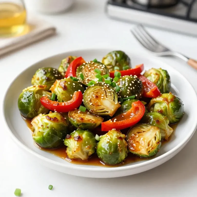 - 1 lb Brussels sprouts, halved - 2 tablespoons honey - 2 tablespoons soy sauce - 3 cloves garlic, minced - 1 tablespoon fresh ginger, grated - 1 red bell pepper, sliced - 1/4 teaspoon red pepper flakes - Salt and pepper to taste - Sesame seeds for garnish - Chopped green onions for garnish The first step in making this dish is gathering your ingredients. Start with fresh Brussels sprouts. Look for ones that are bright and firm. Halving them helps them cook evenly and soak up flavors. Next, honey and soy sauce create a sweet and savory base. For depth, add minced garlic and grated ginger. These give the dish a warm, fragrant touch. Sliced red bell pepper adds color and sweetness. If you want a bit of heat, toss in red pepper flakes. Adjust salt and pepper to your taste for perfect seasoning. Garnishing with sesame seeds and green onions adds a nice crunch and freshness. These ingredients make your Honey Garlic Brussels Sprout Stir Fry not just tasty but also beautiful. {{ingredient_image_1}} First, grab a small bowl. Mix 2 tablespoons of honey, 2 tablespoons of soy sauce, and 1/4 teaspoon of red pepper flakes if you want some heat. Stir well and set this sauce aside. Next, take a large skillet or wok. Heat 2 tablespoons of vegetable oil over medium-high heat. You want it hot enough to make the Brussels sprouts sizzle when added. Add 1 pound of halved Brussels sprouts to the skillet. Stir-fry them for about 5 minutes. Look for them to brown slightly. This step brings out their nutty flavor. Now, toss in 1 sliced red bell pepper. Cook for another 3 to 4 minutes. You want the pepper to become tender and sweet. The color also makes the dish pop! It's time to add some great flavors. Stir in 3 cloves of minced garlic and 1 tablespoon of grated ginger. Keep stirring for 1 to 2 minutes. The aroma will be amazing and fill your kitchen. Pour the honey-soy sauce mixture over the veggies. Toss everything to coat well. Cook for another 2 to 3 minutes. This allows the sauce to caramelize, creating a glossy finish. Finally, taste and season with salt and pepper as needed. To pick the best Brussels sprouts, look for firm, bright green ones. They should feel heavy for their size. Avoid any yellow or wilted leaves. Fresh sprouts taste sweeter and cook better. You can often find them in bags or loose in the produce section. Finding the right balance of honey and soy sauce is key to a tasty dish. You can adjust the amounts based on your sweet tooth. If you like it sweeter, add more honey. For a saltier kick, increase the soy sauce. Taste as you go to achieve your perfect flavor. Using high heat is essential for great caramelization. This helps the Brussels sprouts brown nicely and enhances their natural sweetness. Stir-fry them quickly, allowing the edges to crisp up. A hot skillet also helps the garlic and ginger release their full flavors. Pro Tips Choose Fresh Brussels Sprouts: Look for firm, bright green Brussels sprouts with no yellowing or blemishes to ensure the best flavor and texture. Customize the Spice Level: Adjust the amount of red pepper flakes according to your heat preference. You can also add a splash of sriracha for an extra kick! Caramelization is Key: Allow the sauce to caramelize slightly in the pan for a deeper flavor and a beautiful glaze on the vegetables. Garnish for Freshness: Don’t skip the sesame seeds and green onions; they add a burst of freshness and texture to the dish. {{image_2}} You can boost this stir fry with protein. Try adding chicken, shrimp, or tofu. Chicken adds a nice texture and flavor. Shrimp cooks quickly and gives a sweet taste. Tofu is a great option for vegans. Just cut it into cubes and add it when you cook the veggies. Cook until golden and heated through. Feel free to switch up the veggies. Bok choy or snap peas work well in this dish. Bok choy has a mild taste and nice crunch. Snap peas add sweetness and color. Add them when you cook the bell pepper. This keeps them crisp and fresh. If you have dietary needs, you can still enjoy this dish. Use gluten-free soy sauce for a gluten-free option. Vegan alternatives like maple syrup work for the honey. These small changes keep the flavor while meeting your needs. Always taste as you go to make sure it’s just right! Store your leftover Honey Garlic Brussels Sprout Stir Fry in an airtight container. It keeps well in the fridge for up to three days. Make sure it cools to room temperature before sealing. This helps prevent moisture buildup. For the best flavor, reheat your stir fry in a skillet over medium heat. Add a splash of water or a bit of oil to keep it moist. Stir often until heated through. You can also use a microwave. If you choose this method, cover the dish to keep the steam in. You can freeze the stir fry, but it’s best to do so without the garnish. Place it in a freezer-safe container and seal tightly. It can last up to three months. When ready to eat, thaw it in the fridge overnight. Then, reheat on the stove for the best taste and texture. Yes, you can use frozen Brussels sprouts. They save time and are easy to find. However, fresh Brussels sprouts taste better. Fresh ones have a crunch and rich flavor. If you use frozen sprouts, thaw them first. Pat them dry to remove excess moisture. This helps them brown nicely. To reduce the heat, skip the red pepper flakes. You can also cut back on ginger. Adding more honey can balance the spice. Try adding a bit of coconut sugar for sweetness without heat. Serve it with rice to tone down the spice too. To make this dish vegan, swap honey for maple syrup. Use soy sauce that is vegan-friendly. Check labels to avoid any hidden animal products. For added protein, toss in tofu or tempeh. You can also add more veggies to enhance flavors. In this post, we explored a tasty stir-fry recipe with Brussels sprouts. You learned about key ingredients like honey and soy sauce, plus optional flavors. We covered how to make the dish step-by-step and shared tips for choosing and cooking Brussels sprouts. Finally, you found variations and storage advice to suit your needs. By trying this stir-fry, you can enjoy a healthy meal that's easy to customize. Don't hesitate to experiment and make it your own!