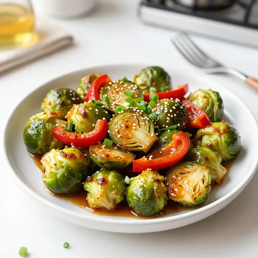 - 1 lb Brussels sprouts, halved - 2 tablespoons honey - 2 tablespoons soy sauce - 3 cloves garlic, minced - 1 tablespoon fresh ginger, grated - 1 red bell pepper, sliced - 1/4 teaspoon red pepper flakes - Salt and pepper to taste - Sesame seeds for garnish - Chopped green onions for garnish The first step in making this dish is gathering your ingredients. Start with fresh Brussels sprouts. Look for ones that are bright and firm. Halving them helps them cook evenly and soak up flavors. Next, honey and soy sauce create a sweet and savory base. For depth, add minced garlic and grated ginger. These give the dish a warm, fragrant touch. Sliced red bell pepper adds color and sweetness. If you want a bit of heat, toss in red pepper flakes. Adjust salt and pepper to your taste for perfect seasoning. Garnishing with sesame seeds and green onions adds a nice crunch and freshness. These ingredients make your Honey Garlic Brussels Sprout Stir Fry not just tasty but also beautiful. {{ingredient_image_1}} First, grab a small bowl. Mix 2 tablespoons of honey, 2 tablespoons of soy sauce, and 1/4 teaspoon of red pepper flakes if you want some heat. Stir well and set this sauce aside. Next, take a large skillet or wok. Heat 2 tablespoons of vegetable oil over medium-high heat. You want it hot enough to make the Brussels sprouts sizzle when added. Add 1 pound of halved Brussels sprouts to the skillet. Stir-fry them for about 5 minutes. Look for them to brown slightly. This step brings out their nutty flavor. Now, toss in 1 sliced red bell pepper. Cook for another 3 to 4 minutes. You want the pepper to become tender and sweet. The color also makes the dish pop! It's time to add some great flavors. Stir in 3 cloves of minced garlic and 1 tablespoon of grated ginger. Keep stirring for 1 to 2 minutes. The aroma will be amazing and fill your kitchen. Pour the honey-soy sauce mixture over the veggies. Toss everything to coat well. Cook for another 2 to 3 minutes. This allows the sauce to caramelize, creating a glossy finish. Finally, taste and season with salt and pepper as needed. To pick the best Brussels sprouts, look for firm, bright green ones. They should feel heavy for their size. Avoid any yellow or wilted leaves. Fresh sprouts taste sweeter and cook better. You can often find them in bags or loose in the produce section. Finding the right balance of honey and soy sauce is key to a tasty dish. You can adjust the amounts based on your sweet tooth. If you like it sweeter, add more honey. For a saltier kick, increase the soy sauce. Taste as you go to achieve your perfect flavor. Using high heat is essential for great caramelization. This helps the Brussels sprouts brown nicely and enhances their natural sweetness. Stir-fry them quickly, allowing the edges to crisp up. A hot skillet also helps the garlic and ginger release their full flavors. Pro Tips Choose Fresh Brussels Sprouts: Look for firm, bright green Brussels sprouts with no yellowing or blemishes to ensure the best flavor and texture. Customize the Spice Level: Adjust the amount of red pepper flakes according to your heat preference. You can also add a splash of sriracha for an extra kick! Caramelization is Key: Allow the sauce to caramelize slightly in the pan for a deeper flavor and a beautiful glaze on the vegetables. Garnish for Freshness: Don’t skip the sesame seeds and green onions; they add a burst of freshness and texture to the dish. {{image_2}} You can boost this stir fry with protein. Try adding chicken, shrimp, or tofu. Chicken adds a nice texture and flavor. Shrimp cooks quickly and gives a sweet taste. Tofu is a great option for vegans. Just cut it into cubes and add it when you cook the veggies. Cook until golden and heated through. Feel free to switch up the veggies. Bok choy or snap peas work well in this dish. Bok choy has a mild taste and nice crunch. Snap peas add sweetness and color. Add them when you cook the bell pepper. This keeps them crisp and fresh. If you have dietary needs, you can still enjoy this dish. Use gluten-free soy sauce for a gluten-free option. Vegan alternatives like maple syrup work for the honey. These small changes keep the flavor while meeting your needs. Always taste as you go to make sure it’s just right! Store your leftover Honey Garlic Brussels Sprout Stir Fry in an airtight container. It keeps well in the fridge for up to three days. Make sure it cools to room temperature before sealing. This helps prevent moisture buildup. For the best flavor, reheat your stir fry in a skillet over medium heat. Add a splash of water or a bit of oil to keep it moist. Stir often until heated through. You can also use a microwave. If you choose this method, cover the dish to keep the steam in. You can freeze the stir fry, but it’s best to do so without the garnish. Place it in a freezer-safe container and seal tightly. It can last up to three months. When ready to eat, thaw it in the fridge overnight. Then, reheat on the stove for the best taste and texture. Yes, you can use frozen Brussels sprouts. They save time and are easy to find. However, fresh Brussels sprouts taste better. Fresh ones have a crunch and rich flavor. If you use frozen sprouts, thaw them first. Pat them dry to remove excess moisture. This helps them brown nicely. To reduce the heat, skip the red pepper flakes. You can also cut back on ginger. Adding more honey can balance the spice. Try adding a bit of coconut sugar for sweetness without heat. Serve it with rice to tone down the spice too. To make this dish vegan, swap honey for maple syrup. Use soy sauce that is vegan-friendly. Check labels to avoid any hidden animal products. For added protein, toss in tofu or tempeh. You can also add more veggies to enhance flavors. In this post, we explored a tasty stir-fry recipe with Brussels sprouts. You learned about key ingredients like honey and soy sauce, plus optional flavors. We covered how to make the dish step-by-step and shared tips for choosing and cooking Brussels sprouts. Finally, you found variations and storage advice to suit your needs. By trying this stir-fry, you can enjoy a healthy meal that's easy to customize. Don't hesitate to experiment and make it your own!