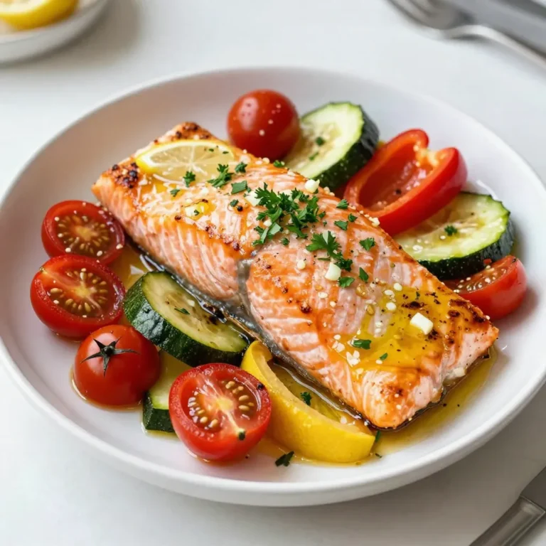 To make this dish, you need a few main items. Here’s what you will need: - 4 salmon fillets (about 6 ounces each) - 3 tablespoons olive oil - 3 cloves garlic, minced - Juice and zest of 2 lemons - 1 teaspoon dried oregano - 1 teaspoon smoked paprika - Salt and pepper to taste These ingredients provide a great blend of flavors. The salmon is the star, while garlic and lemon enhance its taste. The marinade is key to the dish. It adds depth and flavor. Here’s what goes into the marinade: - Olive oil - Minced garlic - Lemon juice - Lemon zest - Dried oregano - Smoked paprika - Salt and pepper Mix these together to create a tasty sauce. It keeps the salmon moist and flavorful while baking. The right veggies make this dish colorful and healthy. Here’s what I recommend: - 1 cup cherry tomatoes, halved - 1 bell pepper (red or yellow), sliced - 1 zucchini, sliced These veggies cook well and add a nice crunch. They soak up the marinade, adding extra flavor to the meal. You can also choose other vegetables if you like! {{ingredient_image_1}} First, gather all your ingredients. You need four salmon fillets, olive oil, garlic, lemons, and spices. The veggies include cherry tomatoes, a bell pepper, and a zucchini. Next, preheat your oven to 400°F (200°C). Line a large sheet pan with parchment paper. This helps with easy cleanup later. In a small bowl, whisk together three tablespoons of olive oil, minced garlic, juice and zest of two lemons, oregano, smoked paprika, salt, and pepper. You now have a zesty marinade. Place the salmon fillets in the center of the sheet pan. Pour half of the marinade over the salmon. Make sure it coats the fillets well. In a large bowl, toss the halved cherry tomatoes, sliced bell pepper, and zucchini with the remaining marinade. Mix until all the veggies get coated. Arrange your veggies around the salmon on the sheet pan. Make sure they are spread out. This helps them cook evenly. Bake in the preheated oven for about 15-20 minutes. The salmon should be cooked through and flake easily with a fork. The veggies need to be tender and colorful. Once they are done, carefully remove the sheet pan from the oven. Let it sit for a couple of minutes to cool down. Garnish the salmon and veggies with chopped fresh parsley. This adds a pop of color and taste. Serve the dish right from the sheet pan for a casual feel. You can pair this meal with rice or a green salad for a complete dinner. Enjoy the fresh flavors and the ease of clean-up! To get tender salmon, choose fresh fillets. Look for bright color and firm texture. Before you cook, let the salmon sit at room temperature for about 15 minutes. This helps it cook evenly. When baking, don’t overcook it. Salmon is perfect when it flakes easily with a fork. Aim for an internal temperature of 145°F (63°C). To boost flavor, try adding fresh herbs like dill or thyme. A splash of white wine in the marinade adds depth, too. If you like heat, add red pepper flakes. They give a nice kick. For a zesty twist, use lime juice instead of lemon. You can also experiment with different spices, like cumin or coriander. For an eye-catching dish, arrange the salmon and veggies on a large platter. Sprinkle fresh parsley on top for color. Serve with lemon wedges for a fresh touch. Pair it with a simple green salad or some crusty bread. This meal looks great and tastes even better! Pro Tips Fresh Ingredients: Always use fresh, high-quality salmon and vegetables for the best flavor and texture. Marinate Time: For even more flavor, let the salmon marinate in the refrigerator for 30 minutes before cooking. Even Cooking: Ensure the vegetables are cut to similar sizes to promote even cooking and uniform tenderness. Garnish for Flavor: Don't skip the fresh parsley garnish; it adds a burst of freshness and color to the dish. {{image_2}} You can change up the veggies in this dish. Try using asparagus, broccoli, or carrots. These options bring new flavors and textures. They also cook well with the salmon. Always cut veggies to a similar size for even cooking. Roasting them adds a nice crunch. Mixing up the marinade can add fun twists. Try adding honey for sweetness or Dijon mustard for a tangy kick. You can also swap lemon juice for lime juice. For an Asian touch, use soy sauce and ginger. Each choice gives the dish a new vibe. If you want to mix cooking methods, try grilling the salmon. Just marinate it as usual, then place it on the grill. This gives a smoky flavor that’s hard to beat. You can also use an air fryer for a crispy finish. Just adjust the time to about 10-15 minutes. This keeps the salmon moist while cooking quickly. After enjoying your meal, let the salmon cool. Place leftovers in an airtight container. Store the container in the fridge. Your lemon garlic salmon will stay fresh for up to three days. Keep the veggies with the salmon for best taste. To reheat your salmon, preheat the oven to 350°F (175°C). Place the salmon and veggies on a baking sheet. Cover them with foil to keep moisture in. Heat for about 10-15 minutes until warm. You can also use the microwave. If using the microwave, heat in short bursts for about 1-2 minutes. Check to make sure it's warm all the way through. If you want to freeze the salmon, wrap each fillet tightly in plastic wrap. Place the wrapped fillets in a freezer bag. This way, they won’t get freezer burn. You can freeze the salmon for up to three months. When ready to eat, thaw it overnight in the fridge before reheating. Yes, you can use frozen salmon. Just thaw it first in the fridge. This helps the salmon cook evenly. If you're in a hurry, you can thaw it in cold water for about 30 minutes. Once thawed, you can follow the recipe as usual. Keep in mind that cooking time may vary slightly. Always check for doneness. You have many tasty options to serve with lemon garlic salmon. Here are a few ideas: - Rice or quinoa for a filling side. - A fresh green salad to add crunch. - Roasted potatoes for a hearty touch. - Steamed broccoli for a healthy option. - Crusty bread to soak up the sauce. These sides balance the flavors and make your meal complete. You can tell when salmon is done by its color and texture. Perfectly cooked salmon is light pink and flakes easily with a fork. Use a fork to gently press down on the thickest part. If it flakes apart, it’s done. The internal temperature should reach 145°F (63°C) for safe eating. If you have a meat thermometer, this is the best way to check. Enjoy your perfectly cooked salmon! This blog post covered how to cook salmon with various ingredients and methods. We discussed main ingredients, marinades, and veggie options. I provided step-by-step instructions for prep, cooking, and serving. You learned tips to enhance texture and flavor and explored fun variations. Finally, we talked about how to store leftovers and answered common questions. Take these ideas to delight your taste buds and impress your guests!