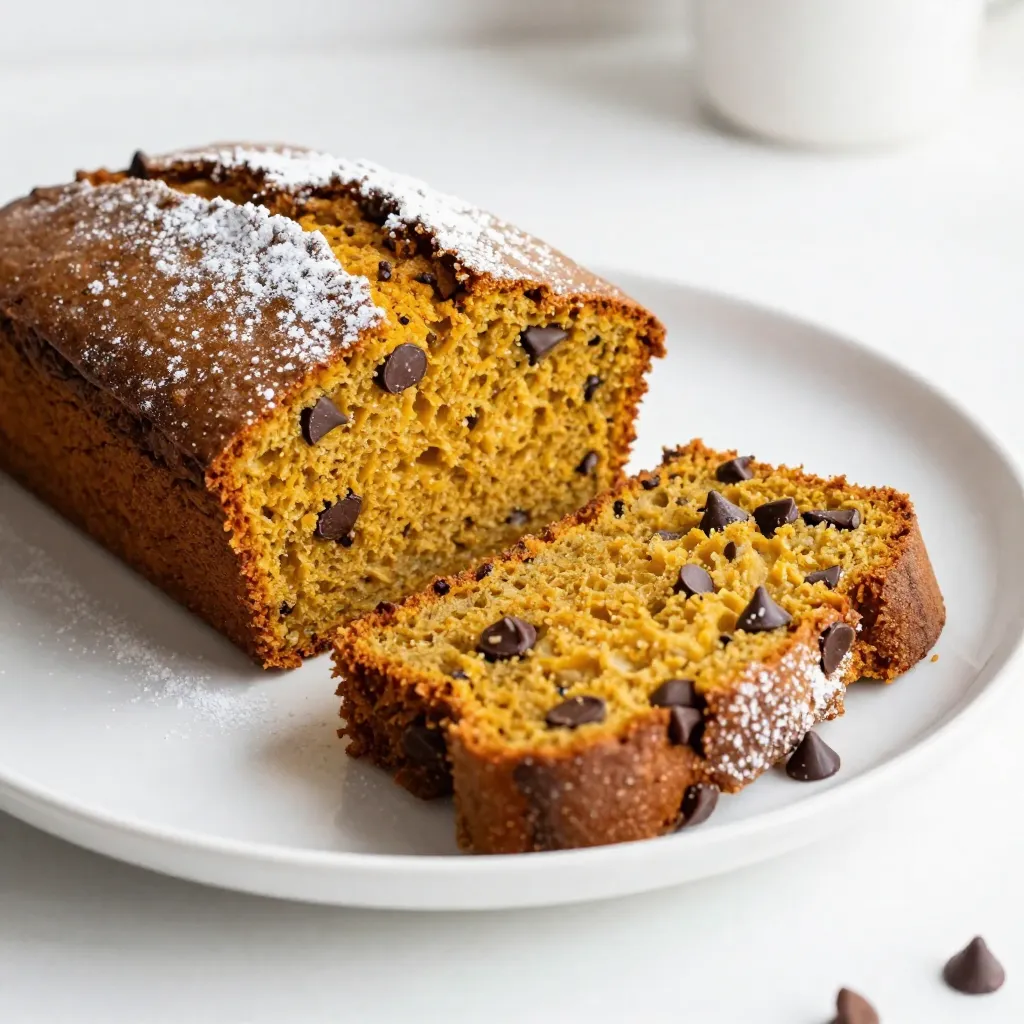 To make this tasty chocolate chip pumpkin bread, gather these ingredients: - 1 cup pumpkin puree - 1/2 cup granulated sugar - 1/2 cup brown sugar, packed - 1/2 cup vegetable oil - 2 large eggs - 1 teaspoon vanilla extract - 1 1/2 cups all-purpose flour - 1 teaspoon baking soda - 1/2 teaspoon baking powder - 1/2 teaspoon salt - 1 teaspoon ground cinnamon - 1/2 teaspoon ground nutmeg - 1/4 teaspoon ground ginger - 1 cup chocolate chips (semi-sweet or dark) - Optional: 1/2 cup chopped walnuts or pecans You can swap some ingredients if needed: - Use applesauce instead of oil for lower fat. - Coconut sugar can replace brown sugar for a different taste. - If you have no eggs, use 1/4 cup of unsweetened applesauce per egg. - Whole wheat flour can replace all-purpose flour for a healthier loaf. Add a twist to your bread with these options: - Mix in 1/2 cup of chopped walnuts or pecans for crunch. - Try adding raisins or dried cranberries for a fruity touch. - For a spice kick, consider adding a pinch of cayenne pepper. These ingredients and swaps make it simple to create your own version of chocolate chip pumpkin bread! {{ingredient_image_1}} Start by preheating your oven to 350°F (175°C). This will help the bread bake evenly. Next, prepare your 9x5-inch loaf pan. You can grease it with cooking spray or line it with parchment paper. This makes it easier to remove the bread later. In a large mixing bowl, add the pumpkin puree, granulated sugar, brown sugar, vegetable oil, eggs, and vanilla extract. Use a whisk to mix everything until it is smooth and well combined. This step is key since it blends the flavors together nicely. Take another bowl and sift together the flour, baking soda, baking powder, salt, cinnamon, nutmeg, and ginger. Sifting helps to mix the dry ingredients well. It also breaks up any lumps and ensures even flavor in your bread. Now, gently add the dry mix to the wet mix. Use a spatula or wooden spoon to stir. Mix until just combined. Be careful not to overmix, as this can make the bread tough. It’s okay if there are a few lumps left. Fold in the chocolate chips and any nuts if you choose to use them. Pour the batter into your prepared loaf pan. Smooth the top with a spatula. Bake for 55-65 minutes. Check if it’s done by inserting a toothpick in the center. If it comes out clean or with a few moist crumbs, it’s ready! Once baked, take it out of the oven. Let it cool in the pan for about 10 minutes. Then, transfer the bread to a wire rack to cool completely. This helps keep the bread from getting soggy. Baking can be tricky. Here are some common mistakes to watch for: - Overmixing: Mixing too much makes the bread tough. Mix until just combined. - Wrong Oven Temp: Make sure your oven is at 350°F. An incorrect temp affects the bake. - Skipping Parchment: Using parchment paper helps with easy removal. Don’t skip this step. To check if your bread is done, use a toothpick. Insert it into the center. If it comes out clean or with a few crumbs, the bread is ready. If it’s wet, bake a bit longer. Always trust the toothpick method for best results. Quality matters in baking. Here are my tips: - Pumpkin Puree: Use real pumpkin puree for great flavor. Canned works, but fresh is best. - Sugars: Use both granulated and brown sugar. This combo gives the bread sweetness and moisture. - Chocolate Chips: Choose semi-sweet or dark chocolate chips. They add richness and depth. These tips will help you bake a delicious Chocolate Chip Pumpkin Bread every time! Pro Tips Fresh Pumpkin Puree: For the best flavor, consider using homemade pumpkin puree. Simply roast a sugar pumpkin, scoop out the flesh, and blend until smooth. Don’t Overmix: When combining the wet and dry ingredients, mix just until everything is incorporated. Overmixing can lead to a dense bread. Storage Tips: To keep the bread moist, wrap it tightly in plastic wrap or aluminum foil and store it at room temperature for up to 3 days or in the refrigerator for up to a week. Customize Your Add-ins: Feel free to experiment with different mix-ins like dried cranberries, raisins, or even a swirl of cream cheese for added flavor and texture. {{image_2}} You can mix up the flavor of your chocolate chip pumpkin bread. Try adding spices like cardamom or allspice for a warm kick. You can also swap some chocolate chips for butterscotch or white chocolate chips. Each choice gives a new taste and twist. If you love nuts, add almonds or hazelnuts instead of walnuts. You can make this recipe a bit healthier with simple swaps. Use whole wheat flour instead of all-purpose flour for more fiber. Replace half the oil with unsweetened applesauce. This keeps the bread moist and cuts down on fat. For sweetness, try using honey or maple syrup instead of sugar. These options give great flavor without the refined sugar. Pumpkin bread is great any time of the year, but you can add seasonal flair. In the fall, add chopped apples or cranberries for a fruity twist. In winter, try adding orange zest for a bright flavor. For summer, fresh blueberries are a fun addition. These changes keep the recipe fresh and exciting, no matter the season! To keep your chocolate chip pumpkin bread fresh, store it at room temperature. Wrap it tightly in plastic wrap or foil. This keeps moisture in and helps prevent it from drying out. If you want to store it for longer, use an airtight container. Make sure it cools completely before wrapping. This helps avoid soggy bread. You can freeze chocolate chip pumpkin bread for up to three months. First, let the bread cool completely. Then, wrap it tightly in plastic wrap, followed by aluminum foil. This double wrapping helps protect it from freezer burn. When you want to enjoy it, let it thaw in the fridge overnight. You can also slice it before freezing for easy serving. Chocolate chip pumpkin bread lasts about 3-5 days at room temperature. If stored in the fridge, it can last up to a week. Freezing extends its life to about three months. Always check for any signs of spoilage before eating. If it smells off or shows mold, it’s best to toss it. Yes, you can use fresh pumpkin. First, you need to cook it. Cut the pumpkin, remove the seeds, and roast it until soft. Then, scoop out the flesh and mash it. This gives you a nice, fresh taste. Make sure to measure the same amount as the puree. You can use several options to replace eggs. Here are some ideas: - 1/4 cup unsweetened applesauce per egg. - 1/4 cup plain yogurt per egg. - 1 tablespoon ground flaxseed mixed with 2.5 tablespoons water (let it sit for 5 min). These work well to bind the ingredients together. To check if your bread is undercooked, use a toothpick. Insert it into the center of the bread. If it comes out clean or with a few moist crumbs, it is ready. If it has wet batter on it, bake for a few more minutes. Yes, you can make mini loaves! This recipe fits well in mini loaf pans. Just adjust your baking time. Check after 25-30 minutes. The toothpick test still applies. Enjoy your mini treats! In this post, we explored every key step in your baking journey. We covered essential ingredients and their substitutes. You learned how to prepare, mix, and bake your batter. We shared tips to avoid common mistakes and ways to check if your bread is done. Finally, we discussed storage and ways to vary your recipe. Always remember that baking is about creativity and fun. Enjoy the process, try new flavors, and make this recipe your own!